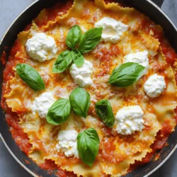 For Easy Skillet Lasagna, you will need: - 9 oz. lasagna noodles, broken into pieces - 1 lb. ground beef or turkey - 1 medium onion, chopped - 2 cloves garlic, minced - 24 oz. marinara sauce - 1 cup ricotta cheese - 1 ½ cups shredded mozzarella cheese - ½ cup grated Parmesan cheese - 1 tsp dried oregano - Salt and pepper to taste - Fresh basil leaves for garnish (optional) You can customize this dish by adding fresh spinach or mushrooms. You might also try using different types of cheese for a unique twist. Each serving of Easy Skillet Lasagna has about 450 calories. This dish offers key nutrients, including protein from the meat and cheese. It also provides calcium and iron. If you want a lighter meal, consider using ground turkey or a meat substitute. To start, I prepare the ground beef or turkey. I heat a large skillet over medium heat. Then, I add the meat and cook it until browned. This takes about 5-7 minutes. I break up the meat with a spatula as it cooks. If there’s excess fat, I drain it. Next, I sauté the onions and garlic. I add the chopped onion and minced garlic to the skillet. I let them cook for 3-4 minutes. The onion should become soft and clear during this time. This step adds great flavor to the dish. Now, I combine the ingredients and cook the noodles. I stir in the broken lasagna noodles and marinara sauce. I also add oregano, salt, and pepper for taste. Then, I pour in 2 cups of water, making sure the noodles are covered. I raise the heat and bring it to a boil. Once boiling, I reduce the heat to low. I cover the skillet and let it simmer for about 15-20 minutes. I stir it occasionally to keep everything mixed. This helps the noodles cook evenly, which is key for a great lasagna. For the best results, I suggest simmering for 15-20 minutes. This time lets the noodles soak up the flavors and become tender. It’s important to stir often. This keeps the noodles from sticking to the bottom of the pan. To ensure the noodles cook evenly, check the liquid levels. If it looks dry, add a bit more water. You want the noodles to be submerged while cooking. This makes sure they are soft and ready for the next steps. After the noodles are tender, I add the ricotta cheese on top. Then, I sprinkle the mozzarella and Parmesan cheese over it. I cover the skillet again and let it cook for another 3-5 minutes. This melts the cheese, creating a tasty and bubbly topping. With these steps, you will have a delicious Easy Skillet Lasagna ready to enjoy! For the full recipe, check out the details above. To keep your skillet lasagna from sticking, use a non-stick skillet. If you don't have one, add a bit of olive oil before cooking. This helps the food slide right off. Stir often, especially when the noodles cook. This way, they won’t stick to the bottom. Adjusting seasoning is key to making this dish your own. Start with the basic salt and pepper. Taste as you cook, and add more if needed. If you love spice, try adding red pepper flakes or Italian herbs. A common mistake is overcooking or undercooking the noodles. If you cook them too long, they turn mushy. If you don't cook them enough, they stay hard. Keep an eye on the timer and stir often. Another mistake is skipping an ingredient or cooking method that adds flavor. Don’t skip the garlic or onion; they bring amazing taste. You can also add fresh herbs for a burst of flavor. Every step counts in achieving a great dish. For more tips, check out the Full Recipe. {{image_2}} You can switch the ground beef for turkey or chicken. These meats are leaner and can make the dish lighter. If you want a plant-based option, try lentils or mushrooms. They add great flavor and texture. You can also mix in fresh spinach or zucchini for added nutrients. These veggies blend well with the noodles and sauce. To boost flavor, add spices like red pepper flakes or Italian seasoning. Fresh herbs like basil and parsley can brighten the dish. You can also try different cheeses. Swap ricotta for cottage cheese for a lighter taste. Use provolone or gouda instead of mozzarella for a twist. Each change can make this recipe feel new and exciting. Check out the Full Recipe for more ideas. To keep your Easy Skillet Lasagna fresh, follow these steps: - Refrigerate: Let the dish cool down first. Then, place it in an airtight container. This keeps moisture in and prevents drying. - Freeze: For longer storage, freeze in a freezer-safe container. Leave some space for expansion as it freezes. Using glass or BPA-free plastic containers works best. They help maintain freshness and flavor. Always label your containers with the date. This helps you keep track of how long they have been stored. To enjoy your leftovers, reheating is key. Here’s how to do it right: - Microwave: Place a portion in a microwave-safe dish. Cover it with a damp paper towel to keep moisture. Heat for 1-2 minutes. Stir halfway through for even warmth. - Stovetop: For a stovetop method, add a splash of water or marinara sauce to a skillet. Heat over low heat, stirring gently. This helps the dish warm without drying out. Both methods are quick and easy. They keep the lasagna tasty and moist. Enjoy your meal again with these simple steps! Can I make this dish in advance? Yes, you can make this dish in advance. Just cook it and let it cool. Then, store it in an airtight container in the fridge. You can reheat it later for an easy meal. How can I make it healthier? To make it healthier, use ground turkey instead of beef. You can add more veggies, like spinach or zucchini, for extra nutrients. Choose whole grain noodles for more fiber. Is it suitable for meal prep? Yes, this dish is great for meal prep. You can divide it into portions and store them in the fridge or freezer. It stays tasty and is easy to reheat. What to do if the noodles are too firm? If the noodles are too firm, add a bit more water. Cover the skillet and let it simmer longer. This helps the noodles cook fully and become tender. How to fix a lack of flavor? If the dish lacks flavor, you can add more salt or herbs. Fresh basil or extra oregano can boost the taste. A splash of balsamic vinegar can also add depth. Substitutions for missing ingredients? If you're missing something, there are easy swaps. Use cottage cheese instead of ricotta. You can also use any marinara sauce you have on hand. Be creative with what’s in your kitchen! Easy Skillet Lasagna combines simple ingredients and quick steps for a tasty dish. I shared key information on making this meal, from tips for cooking to variations for different tastes. Remember, avoiding common mistakes will help you get great results every time. You can customize it to fit your diet and enjoy leftovers easily. Follow the tips provided to make your cooking not just easy but fun and delicious! This dish is a winner for any night of the week.