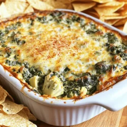 To make this creamy spinach artichoke dip, you will need: - 1 cup fresh spinach, chopped - 1 cup canned artichoke hearts, drained and chopped - 1 cup cream cheese, softened - 1/2 cup sour cream - 1/2 cup mayonnaise - 1 cup shredded mozzarella cheese - 1/2 cup grated Parmesan cheese - 2 cloves garlic, minced - 1/2 teaspoon onion powder - 1/2 teaspoon crushed red pepper flakes (optional) - Salt and pepper to taste - Tortilla chips or sliced baguette for serving Measuring ingredients correctly helps your dip taste great. Use dry measuring cups for solids and liquid measuring cups for liquids. If you do not have fresh spinach, you can use frozen spinach. Just make sure to thaw and drain it well before using. For a lighter dip, you can swap sour cream with Greek yogurt. You can also replace mayonnaise with a low-fat version if you prefer. Using fresh ingredients can enhance the flavor of your dip. Fresh spinach adds a vibrant taste and color. Canned artichoke hearts save time and are easy to find. They still offer great flavor and texture. When using fresh items, remember they may change cooking times slightly. Fresh garlic gives a stronger taste compared to jarred garlic. Both options work but fresh is often best for flavor. To start, preheat your oven to 375°F (190°C). This step helps the dip cook evenly. In a large bowl, mix the softened cream cheese, sour cream, and mayonnaise together. Stir until the mix is smooth and creamy. Next, add in the chopped spinach and artichoke hearts. Don’t forget to include the minced garlic, shredded mozzarella, and grated Parmesan cheese. These ingredients bring great flavor! Season the mix with onion powder and crushed red pepper flakes if you like a little heat. Add salt and pepper to taste. Make sure to combine everything well. You want all those delicious flavors to mingle. Once mixed, transfer the dip to a baking dish, spreading it out evenly. Now it’s time to bake! Place the dip in your preheated oven and let it cook for about 25-30 minutes. Keep an eye on it. You want the dip to be bubbly and have a golden top. This gives it that perfect finish you see at parties. Once it’s done baking, carefully remove it from the oven. Let it cool for a few minutes. This step makes it easier to serve and eat. When serving, I love to keep it simple yet elegant. Serve the warm dip in the baking dish or transfer it to a pretty bowl. Garnish it with a sprinkle of extra Parmesan and a few crushed red pepper flakes for color. It looks great! Pair the dip with crispy tortilla chips or slices of toasted baguette. These options are perfect for dipping. Enjoy this creamy spinach artichoke dip at your next gathering or as a tasty snack. For the full recipe, check out the details above. To make your dip extra creamy, use full-fat cream cheese. This gives a rich base. You can also mix in some heavy cream if you want more creaminess. Another tip is to blend the cream cheese well before adding other ingredients. This makes it smoother. You can adjust the flavors based on your taste. If you like garlic, add more minced garlic. For a spicy kick, toss in some jalapeños or more crushed red pepper flakes. For a tangy twist, add a squeeze of fresh lemon juice. Don’t forget to taste as you go. One common mistake is overbaking the dip. Watch it closely to avoid burning the top. Another error is not mixing well. If the cheeses and veggies are not mixed right, you may get uneven flavors. Lastly, skip the salt until the end. This helps you control the taste better. For the full recipe, check out the details above. {{image_2}} You can add jalapeños for a spicy kick. Chop 1-2 fresh jalapeños and mix them into the dip. This gives a nice heat that pairs well with the creamy texture. You can adjust the number of jalapeños based on your spice preference. For milder heat, remove the seeds. This spicy twist makes a great party dip. To make a vegan version, swap dairy for plant-based options. Use vegan cream cheese instead of regular cream cheese. You can also use cashew cream for a rich texture. Replace sour cream and mayonnaise with dairy-free yogurt. This way, you keep the creamy taste while being plant-based. Everyone can enjoy this tasty dip! Cheese adds depth to the dip. You can mix different cheeses for added flavor. Try using sharp cheddar or pepper jack cheese to change the taste. If you want a smoky flavor, add some smoked gouda. Feel free to experiment and find your favorite combo. Each cheese brings its own unique twist to the dish. For the full recipe, check out the Cheesy Spinach Artichoke Delight! Store any leftover dip in an airtight container. This keeps it fresh. Place it in the fridge. It will last for about three to four days. Make sure to cool it down first before sealing. If you have more than you can eat, consider freezing part of it. To reheat, use an oven or microwave. If using an oven, preheat to 350°F (175°C). Transfer the dip to a baking dish. Cover it with foil to keep moisture in. Heat for about 15-20 minutes or until warm. If using the microwave, heat in short bursts. Stir in between to avoid hot spots. You can freeze the dip for later use. Place it in a freezer-safe container. Make sure to leave space at the top. The dip expands when frozen. It can last up to three months in the freezer. To use it, thaw overnight in the fridge before reheating. For the best taste, eat it within a month after thawing. You can find the full recipe for creamy spinach artichoke dip at the beginning of the article. You can serve creamy spinach artichoke dip with many tasty options. Tortilla chips are a classic choice. They add a nice crunch. Sliced baguette works well too. You can toast the slices for extra flavor. Fresh veggies like carrots or celery are great for dipping. You can even use crackers for a fun twist. Pair it with a nice drink, and you’re all set! Yes, you can make creamy spinach artichoke dip ahead of time. Just prepare the dip and place it in a baking dish. Cover it well and store it in the fridge. This way, you can enjoy it later. When you are ready, just bake it. This makes it perfect for parties or gatherings. To reheat spinach artichoke dip, preheat your oven to 350°F (175°C). Place the dip in the oven for about 15-20 minutes. You want it to be hot and bubbly. If you are in a hurry, you can use the microwave. Heat it in 30-second bursts, stirring in between. Keep an eye on it so it doesn’t get too hot. Enjoy it warm for the best taste! We discussed every detail of making creamy spinach artichoke dip. You learned about essential ingredients, how to prepare them, and baking tips for the perfect dip. I shared ideas for variations and how to store leftovers. Remember, creativity and careful prep can elevate your dish. Use my tips to avoid common mistakes and make your dip a hit every time. Enjoy sharing this tasty treat at your next gathering!