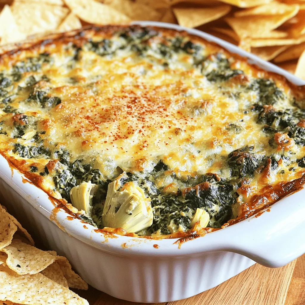 To make this creamy spinach artichoke dip, you will need: - 1 cup fresh spinach, chopped - 1 cup canned artichoke hearts, drained and chopped - 1 cup cream cheese, softened - 1/2 cup sour cream - 1/2 cup mayonnaise - 1 cup shredded mozzarella cheese - 1/2 cup grated Parmesan cheese - 2 cloves garlic, minced - 1/2 teaspoon onion powder - 1/2 teaspoon crushed red pepper flakes (optional) - Salt and pepper to taste - Tortilla chips or sliced baguette for serving Measuring ingredients correctly helps your dip taste great. Use dry measuring cups for solids and liquid measuring cups for liquids. If you do not have fresh spinach, you can use frozen spinach. Just make sure to thaw and drain it well before using. For a lighter dip, you can swap sour cream with Greek yogurt. You can also replace mayonnaise with a low-fat version if you prefer. Using fresh ingredients can enhance the flavor of your dip. Fresh spinach adds a vibrant taste and color. Canned artichoke hearts save time and are easy to find. They still offer great flavor and texture. When using fresh items, remember they may change cooking times slightly. Fresh garlic gives a stronger taste compared to jarred garlic. Both options work but fresh is often best for flavor. To start, preheat your oven to 375°F (190°C). This step helps the dip cook evenly. In a large bowl, mix the softened cream cheese, sour cream, and mayonnaise together. Stir until the mix is smooth and creamy. Next, add in the chopped spinach and artichoke hearts. Don’t forget to include the minced garlic, shredded mozzarella, and grated Parmesan cheese. These ingredients bring great flavor! Season the mix with onion powder and crushed red pepper flakes if you like a little heat. Add salt and pepper to taste. Make sure to combine everything well. You want all those delicious flavors to mingle. Once mixed, transfer the dip to a baking dish, spreading it out evenly. Now it’s time to bake! Place the dip in your preheated oven and let it cook for about 25-30 minutes. Keep an eye on it. You want the dip to be bubbly and have a golden top. This gives it that perfect finish you see at parties. Once it’s done baking, carefully remove it from the oven. Let it cool for a few minutes. This step makes it easier to serve and eat. When serving, I love to keep it simple yet elegant. Serve the warm dip in the baking dish or transfer it to a pretty bowl. Garnish it with a sprinkle of extra Parmesan and a few crushed red pepper flakes for color. It looks great! Pair the dip with crispy tortilla chips or slices of toasted baguette. These options are perfect for dipping. Enjoy this creamy spinach artichoke dip at your next gathering or as a tasty snack. For the full recipe, check out the details above. To make your dip extra creamy, use full-fat cream cheese. This gives a rich base. You can also mix in some heavy cream if you want more creaminess. Another tip is to blend the cream cheese well before adding other ingredients. This makes it smoother. You can adjust the flavors based on your taste. If you like garlic, add more minced garlic. For a spicy kick, toss in some jalapeños or more crushed red pepper flakes. For a tangy twist, add a squeeze of fresh lemon juice. Don’t forget to taste as you go. One common mistake is overbaking the dip. Watch it closely to avoid burning the top. Another error is not mixing well. If the cheeses and veggies are not mixed right, you may get uneven flavors. Lastly, skip the salt until the end. This helps you control the taste better. For the full recipe, check out the details above. {{image_2}} You can add jalapeños for a spicy kick. Chop 1-2 fresh jalapeños and mix them into the dip. This gives a nice heat that pairs well with the creamy texture. You can adjust the number of jalapeños based on your spice preference. For milder heat, remove the seeds. This spicy twist makes a great party dip. To make a vegan version, swap dairy for plant-based options. Use vegan cream cheese instead of regular cream cheese. You can also use cashew cream for a rich texture. Replace sour cream and mayonnaise with dairy-free yogurt. This way, you keep the creamy taste while being plant-based. Everyone can enjoy this tasty dip! Cheese adds depth to the dip. You can mix different cheeses for added flavor. Try using sharp cheddar or pepper jack cheese to change the taste. If you want a smoky flavor, add some smoked gouda. Feel free to experiment and find your favorite combo. Each cheese brings its own unique twist to the dish. For the full recipe, check out the Cheesy Spinach Artichoke Delight! Store any leftover dip in an airtight container. This keeps it fresh. Place it in the fridge. It will last for about three to four days. Make sure to cool it down first before sealing. If you have more than you can eat, consider freezing part of it. To reheat, use an oven or microwave. If using an oven, preheat to 350°F (175°C). Transfer the dip to a baking dish. Cover it with foil to keep moisture in. Heat for about 15-20 minutes or until warm. If using the microwave, heat in short bursts. Stir in between to avoid hot spots. You can freeze the dip for later use. Place it in a freezer-safe container. Make sure to leave space at the top. The dip expands when frozen. It can last up to three months in the freezer. To use it, thaw overnight in the fridge before reheating. For the best taste, eat it within a month after thawing. You can find the full recipe for creamy spinach artichoke dip at the beginning of the article. You can serve creamy spinach artichoke dip with many tasty options. Tortilla chips are a classic choice. They add a nice crunch. Sliced baguette works well too. You can toast the slices for extra flavor. Fresh veggies like carrots or celery are great for dipping. You can even use crackers for a fun twist. Pair it with a nice drink, and you’re all set! Yes, you can make creamy spinach artichoke dip ahead of time. Just prepare the dip and place it in a baking dish. Cover it well and store it in the fridge. This way, you can enjoy it later. When you are ready, just bake it. This makes it perfect for parties or gatherings. To reheat spinach artichoke dip, preheat your oven to 350°F (175°C). Place the dip in the oven for about 15-20 minutes. You want it to be hot and bubbly. If you are in a hurry, you can use the microwave. Heat it in 30-second bursts, stirring in between. Keep an eye on it so it doesn’t get too hot. Enjoy it warm for the best taste! We discussed every detail of making creamy spinach artichoke dip. You learned about essential ingredients, how to prepare them, and baking tips for the perfect dip. I shared ideas for variations and how to store leftovers. Remember, creativity and careful prep can elevate your dish. Use my tips to avoid common mistakes and make your dip a hit every time. Enjoy sharing this tasty treat at your next gathering!