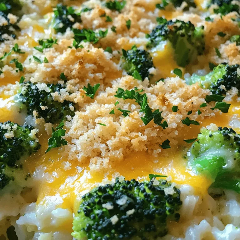 To make a tasty Cheesy Broccoli Rice Casserole, gather these ingredients: - 2 cups cooked white rice - 2 cups fresh broccoli florets (steamed) - 1 cup shredded sharp cheddar cheese - 1 cup cream of mushroom soup (canned or homemade) - ½ cup milk - 1 small onion, finely chopped - 2 cloves garlic, minced - 1 teaspoon garlic powder - 1 teaspoon onion powder - ½ teaspoon paprika - Salt and pepper to taste - 1 cup breadcrumbs (plain or seasoned) - 2 tablespoons butter, melted When you make this dish, feel free to swap some ingredients. If you don’t have sharp cheddar cheese, try mild or pepper jack for a different taste. For the soup, you can use cream of chicken or even a homemade version. If you want a lighter option, use low-fat milk instead of whole milk. Here are some key nutritional facts for the main ingredients: - Broccoli: High in vitamins K and C, fiber, and antioxidants. - Cheddar Cheese: Provides calcium and protein but is high in fat. - Cream of Mushroom Soup: Adds creaminess but can be high in sodium. - Rice: A good source of carbs for energy. Knowing these facts helps you make better choices. With the right mix, you can enjoy a dish that's both comforting and good for you. First, preheat your oven to 350°F (175°C). This helps the casserole cook evenly. Next, grab a 9x13 inch baking dish. Grease it lightly with butter or cooking spray to prevent sticking. In a large mixing bowl, add these ingredients: - 2 cups cooked white rice - 2 cups fresh broccoli florets (steamed) - 1 cup shredded sharp cheddar cheese - 1 cup cream of mushroom soup - ½ cup milk Mix these ingredients well until everything is blended. It should look creamy and delicious. Now, add: - 1 small onion, finely chopped - 2 cloves garlic, minced - 1 teaspoon garlic powder - 1 teaspoon onion powder - ½ teaspoon paprika - Salt and pepper to taste Stir again to spread out all the flavors. Once mixed, transfer this tasty mixture into the greased baking dish. Spread it evenly with a spatula. Then, in a small bowl, mix: - 1 cup breadcrumbs - 2 tablespoons melted butter Make sure the breadcrumbs are coated well with butter. Sprinkle this breadcrumb mix over the top of the casserole. It will give a nice, crunchy finish when baked. Now it’s time to bake! Place the dish in your preheated oven. Bake for 25-30 minutes. Keep an eye on it. You want the top to be golden brown. Check if the casserole is heated all the way through. For the best taste, let it cool for a few minutes after baking. This will help it set and make serving easier. Enjoy this warm and cheesy comfort food right from the dish! To make the best Cheesy Broccoli Rice Casserole, avoid these common mistakes: - Overcooking the broccoli: Steam it just until bright green. This keeps it crunchy. - Not measuring ingredients: Accurate measurements ensure the right taste and texture. - Skipping the breadcrumbs: They add a nice crunch that balances the creamy filling. To achieve a crispy topping with breadcrumbs, follow these steps: - Mix breadcrumbs with melted butter. This helps them brown nicely. - Spread the mixture evenly over the casserole before baking. This ensures every bite has crunch. For best results, use these cooking tools: - 9x13 inch baking dish: This size allows for even cooking. - Mixing bowls: Use large bowls to blend ingredients without spills. - Steam basket: This helps cook broccoli perfectly without losing nutrients. Pair your Cheesy Broccoli Rice Casserole with these great sides: - Simple green salad: It adds freshness and crunch. - Garlic bread: This adds a warm, comforting touch. - Roasted chicken: The protein complements the casserole’s creaminess. For a creative garnish, try these ideas: - Extra shredded cheese: Sprinkle on top before serving for extra flavor. - Fresh parsley: This adds a pop of color and freshness. - Chopped green onions: They provide a mild onion flavor that brightens the dish. Feel free to explore the [Full Recipe] for detailed steps and more tips! {{image_2}} You can easily change this dish to fit your needs. If you want a vegetarian or vegan meal, swap the cream of mushroom soup for a plant-based version. Use vegan cheese and milk to keep it creamy and tasty. To add protein, consider cooked chicken or diced ham. These options bring heartiness to the casserole. You can also mix in cooked sausage for a different flavor. Feel free to boost flavor with spices or herbs. Try adding thyme, basil, or even a sprinkle of red pepper flakes for a kick. You can add other veggies too, like carrots or peas, for extra texture and color. Cheese can change the whole taste of your casserole. Sharp cheddar is a classic choice, but you can try others too. For a milder flavor, use mozzarella. If you want a bit of tang, go for goat cheese or feta. Each cheese alters the texture. Cheddar melts well and creates a creamy feel. Mozzarella gives a stretchy, gooey effect. Mixing different cheeses can add depth to the dish. For the full recipe, check out the detailed steps to create your own cheesy broccoli rice casserole. To keep your Cheesy Broccoli Rice Casserole fresh, store it properly. First, let it cool down to room temperature. Then, transfer it to an airtight container. You can also wrap it tightly in plastic wrap. This helps avoid air exposure, which can lead to spoilage. You can refrigerate the casserole for up to four days. If you want to store it longer, consider freezing it. It will stay good in the freezer for about three months. Just be sure to label the container with the date. When it's time to enjoy the leftovers, reheating is key. The best way is to use an oven. Preheat it to 350°F (175°C). Place the casserole in a baking dish. Cover it with foil to keep moisture in. Heat for about 20-25 minutes or until it's hot throughout. You can also use a microwave. Place a portion in a microwave-safe dish. Cover it with a damp paper towel to keep it moist. Heat for 1-2 minutes, stirring halfway through. This helps keep the texture and taste intact. Enjoy your delicious comfort food again! For the full recipe, check the previous section. You can prepare the casserole the night before. Mix all the ingredients, then cover and store it in the fridge. Bake it the next day. Just add a few extra minutes to the baking time. Yes, you can use brown rice. Cook it first, as it takes longer to cook than white rice. This adds more fiber and a nuttier flavor to your dish. You can use cream of chicken soup or a homemade white sauce. If you want a vegetarian option, try pureed cauliflower or a vegan cream soup. Each choice will change the flavor a bit. Yes, you can make it gluten-free. Use gluten-free breadcrumbs and check the soup label for gluten-free options. This way, everyone can enjoy the casserole. Check for a golden brown top and bubbly edges. Insert a fork or knife into the center. If it comes out hot and clean, it is ready. The total baking time is usually 25-30 minutes. In summary, we explored how to make Cheesy Broccoli Rice Casserole. I shared detailed ingredient measurements, helpful cooking steps, and tips for perfecting the dish. You learned about variations, including vegetarian options and cheese choices. Remember to store leftovers properly and reheat them for best taste. This dish is easy and adjustable to fit your taste. Try it out, explore variations, and enjoy a comforting meal anytime!