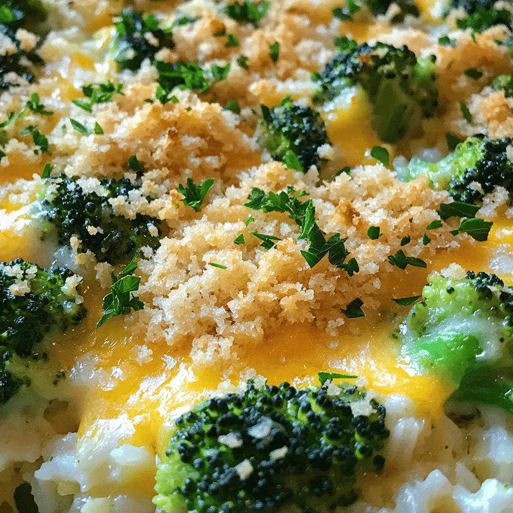 To make a tasty Cheesy Broccoli Rice Casserole, gather these ingredients: - 2 cups cooked white rice - 2 cups fresh broccoli florets (steamed) - 1 cup shredded sharp cheddar cheese - 1 cup cream of mushroom soup (canned or homemade) - ½ cup milk - 1 small onion, finely chopped - 2 cloves garlic, minced - 1 teaspoon garlic powder - 1 teaspoon onion powder - ½ teaspoon paprika - Salt and pepper to taste - 1 cup breadcrumbs (plain or seasoned) - 2 tablespoons butter, melted When you make this dish, feel free to swap some ingredients. If you don’t have sharp cheddar cheese, try mild or pepper jack for a different taste. For the soup, you can use cream of chicken or even a homemade version. If you want a lighter option, use low-fat milk instead of whole milk. Here are some key nutritional facts for the main ingredients: - Broccoli: High in vitamins K and C, fiber, and antioxidants. - Cheddar Cheese: Provides calcium and protein but is high in fat. - Cream of Mushroom Soup: Adds creaminess but can be high in sodium. - Rice: A good source of carbs for energy. Knowing these facts helps you make better choices. With the right mix, you can enjoy a dish that's both comforting and good for you. First, preheat your oven to 350°F (175°C). This helps the casserole cook evenly. Next, grab a 9x13 inch baking dish. Grease it lightly with butter or cooking spray to prevent sticking. In a large mixing bowl, add these ingredients: - 2 cups cooked white rice - 2 cups fresh broccoli florets (steamed) - 1 cup shredded sharp cheddar cheese - 1 cup cream of mushroom soup - ½ cup milk Mix these ingredients well until everything is blended. It should look creamy and delicious. Now, add: - 1 small onion, finely chopped - 2 cloves garlic, minced - 1 teaspoon garlic powder - 1 teaspoon onion powder - ½ teaspoon paprika - Salt and pepper to taste Stir again to spread out all the flavors. Once mixed, transfer this tasty mixture into the greased baking dish. Spread it evenly with a spatula. Then, in a small bowl, mix: - 1 cup breadcrumbs - 2 tablespoons melted butter Make sure the breadcrumbs are coated well with butter. Sprinkle this breadcrumb mix over the top of the casserole. It will give a nice, crunchy finish when baked. Now it’s time to bake! Place the dish in your preheated oven. Bake for 25-30 minutes. Keep an eye on it. You want the top to be golden brown. Check if the casserole is heated all the way through. For the best taste, let it cool for a few minutes after baking. This will help it set and make serving easier. Enjoy this warm and cheesy comfort food right from the dish! To make the best Cheesy Broccoli Rice Casserole, avoid these common mistakes: - Overcooking the broccoli: Steam it just until bright green. This keeps it crunchy. - Not measuring ingredients: Accurate measurements ensure the right taste and texture. - Skipping the breadcrumbs: They add a nice crunch that balances the creamy filling. To achieve a crispy topping with breadcrumbs, follow these steps: - Mix breadcrumbs with melted butter. This helps them brown nicely. - Spread the mixture evenly over the casserole before baking. This ensures every bite has crunch. For best results, use these cooking tools: - 9x13 inch baking dish: This size allows for even cooking. - Mixing bowls: Use large bowls to blend ingredients without spills. - Steam basket: This helps cook broccoli perfectly without losing nutrients. Pair your Cheesy Broccoli Rice Casserole with these great sides: - Simple green salad: It adds freshness and crunch. - Garlic bread: This adds a warm, comforting touch. - Roasted chicken: The protein complements the casserole’s creaminess. For a creative garnish, try these ideas: - Extra shredded cheese: Sprinkle on top before serving for extra flavor. - Fresh parsley: This adds a pop of color and freshness. - Chopped green onions: They provide a mild onion flavor that brightens the dish. Feel free to explore the [Full Recipe] for detailed steps and more tips! {{image_2}} You can easily change this dish to fit your needs. If you want a vegetarian or vegan meal, swap the cream of mushroom soup for a plant-based version. Use vegan cheese and milk to keep it creamy and tasty. To add protein, consider cooked chicken or diced ham. These options bring heartiness to the casserole. You can also mix in cooked sausage for a different flavor. Feel free to boost flavor with spices or herbs. Try adding thyme, basil, or even a sprinkle of red pepper flakes for a kick. You can add other veggies too, like carrots or peas, for extra texture and color. Cheese can change the whole taste of your casserole. Sharp cheddar is a classic choice, but you can try others too. For a milder flavor, use mozzarella. If you want a bit of tang, go for goat cheese or feta. Each cheese alters the texture. Cheddar melts well and creates a creamy feel. Mozzarella gives a stretchy, gooey effect. Mixing different cheeses can add depth to the dish. For the full recipe, check out the detailed steps to create your own cheesy broccoli rice casserole. To keep your Cheesy Broccoli Rice Casserole fresh, store it properly. First, let it cool down to room temperature. Then, transfer it to an airtight container. You can also wrap it tightly in plastic wrap. This helps avoid air exposure, which can lead to spoilage. You can refrigerate the casserole for up to four days. If you want to store it longer, consider freezing it. It will stay good in the freezer for about three months. Just be sure to label the container with the date. When it's time to enjoy the leftovers, reheating is key. The best way is to use an oven. Preheat it to 350°F (175°C). Place the casserole in a baking dish. Cover it with foil to keep moisture in. Heat for about 20-25 minutes or until it's hot throughout. You can also use a microwave. Place a portion in a microwave-safe dish. Cover it with a damp paper towel to keep it moist. Heat for 1-2 minutes, stirring halfway through. This helps keep the texture and taste intact. Enjoy your delicious comfort food again! For the full recipe, check the previous section. You can prepare the casserole the night before. Mix all the ingredients, then cover and store it in the fridge. Bake it the next day. Just add a few extra minutes to the baking time. Yes, you can use brown rice. Cook it first, as it takes longer to cook than white rice. This adds more fiber and a nuttier flavor to your dish. You can use cream of chicken soup or a homemade white sauce. If you want a vegetarian option, try pureed cauliflower or a vegan cream soup. Each choice will change the flavor a bit. Yes, you can make it gluten-free. Use gluten-free breadcrumbs and check the soup label for gluten-free options. This way, everyone can enjoy the casserole. Check for a golden brown top and bubbly edges. Insert a fork or knife into the center. If it comes out hot and clean, it is ready. The total baking time is usually 25-30 minutes. In summary, we explored how to make Cheesy Broccoli Rice Casserole. I shared detailed ingredient measurements, helpful cooking steps, and tips for perfecting the dish. You learned about variations, including vegetarian options and cheese choices. Remember to store leftovers properly and reheat them for best taste. This dish is easy and adjustable to fit your taste. Try it out, explore variations, and enjoy a comforting meal anytime!