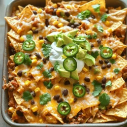 For this dish, I love using ground meat options like: - 1 pound ground turkey (or beef) - 1 can (15 oz) black beans, rinsed and drained - 1 can (11 oz) corn, drained - 1 packet taco seasoning - 1 can (10 oz) diced tomatoes with green chilies - 4 cups tortilla chips - 2 cups shredded cheese (a blend of cheddar and Monterey Jack) - 1/2 cup sliced jalapeños (fresh or pickled) These ingredients create a hearty base that packs a punch. To make it your own, consider adding: - 1 avocado, diced - 1/2 cup sour cream - Chopped fresh cilantro for garnish These toppings add freshness and creaminess. You can mix and match based on your taste. When making this casserole, choose fresh ingredients when possible. Fresh meat and veggies enhance flavor. Canned items are fine, but check for low sodium options. Good seasoning is key. Use the right cheese blend for the best melted texture. A mix of sharp cheddar and Monterey Jack works great. It gives that gooey, cheesy goodness everyone loves. Using high-quality ingredients makes a big difference in taste. So, don’t skip this step. For the full recipe, check out the complete details! First, preheat your oven to 350°F (175°C). In a large skillet, cook 1 pound of ground turkey or beef over medium heat. Make sure the meat is browned and no longer pink. If there is extra fat, drain it away. This step keeps your casserole from being greasy. Next, mix in the taco seasoning, diced tomatoes with green chilies, black beans, and corn. Stir everything well and let it simmer for about 5 minutes. This lets the flavors come together nicely. Always taste and add salt and pepper if needed. Now it’s time to layer your casserole. In a greased 9x13 inch casserole dish, start with half of the tortilla chips. Spread them evenly across the bottom. This creates a solid base. Then, spoon half of the meat mixture over the chips and sprinkle half of the cheese on top. This layering helps all the flavors mix as it cooks. Repeat these steps with the remaining tortilla chips, meat mixture, and cheese. Finish with sliced jalapeños on top for a kick. Place your casserole in the preheated oven. Bake it for 20-25 minutes. You want the cheese to be bubbly and golden. Once done, take it out and let it cool slightly. This cooling time makes it easier to serve. Top your casserole with diced avocado, sour cream, and fresh cilantro for a fresh touch. These toppings add great flavor and color. For the full recipe, refer to the previous section. Enjoy your delicious Loaded Nacho Casserole! When making a casserole, avoid overcooking the meat. It can dry out. Use a meat thermometer to check if the meat reaches 165°F. For layered casseroles, grease the dish well. This helps with easy serving. Watch the layers, too! Start with chips, then meat, and cheese. Repeat until you finish. To boost flavor, try adding spices. A pinch of cayenne or chili powder works great. Fresh herbs can elevate your dish. Use chopped cilantro or green onions. Fresh ingredients always taste better. They add brightness and crunch to your casserole. Serve your Loaded Nacho Casserole with a side salad. A simple mixed greens salad pairs well. You can also offer guacamole on the side. For drinks, try a light beer or sparkling water. They balance the flavors in your dish. If you want something sweeter, serve with fruit juice. For the Full Recipe, refer back to the earlier sections. {{image_2}} You can easily switch some ingredients in the Loaded Nacho Casserole to make it vegetarian or vegan. For protein, try using beans instead of meat. Black beans work great, but you can also use pinto or kidney beans. They add a nice texture and flavor. If you want cheese, look for plant-based cheese options. Many brands now make vegan cheese that melts well. Nutritional yeast is another great choice. It has a cheesy taste and is packed with nutrients. You can make your casserole unique by adding local spices or ingredients. For example, if you love Tex-Mex flavors, try adding cumin or smoked paprika. Both spices will give your dish a nice kick. You can also create classic spins on the loaded nacho theme. Think about adding barbecue sauce for a smoky twist. Or use green chili sauce for a more southwestern flair. Each change brings new flavors to the table. You can serve Loaded Nacho Casserole in different ways. One fun style is to make individual servings. Use small ramekins and layer the ingredients like the full dish. This way, each person gets their own portion. If you want to turn this casserole into a dip or appetizer, it’s easy. Just make the casserole as usual, then serve it warm with tortilla chips. It’s perfect for parties or game days. For more details on making this delicious dish, check out the Full Recipe. After you enjoy your Loaded Nacho Casserole, store any leftovers properly. First, let it cool to room temperature. Then, place it in an airtight container. You can keep it in the fridge for up to four days. If you want to save it for longer, freeze it. It will last up to three months in the freezer. Just make sure to label your container with the date. When you’re ready to enjoy your leftovers, reheating them right is key. The best method is to use the oven. Preheat your oven to 350°F (175°C), then cover the casserole with foil. This keeps it moist. Bake for about 15 to 20 minutes, until hot. If you want it crispy, remove the foil for the last five minutes. Avoid using the microwave if you can. It can make the dish soggy. If you want to make life easier, consider meal prepping. You can prepare your Loaded Nacho Casserole ahead of time. Just follow the recipe and store it in the fridge before baking. Then, bake it fresh when you’re ready. For freezing, portion out the casserole into smaller containers. This way, you can grab just what you need later. It’s a great way to save time and still enjoy a tasty meal. For the full recipe, check out the detailed instructions above. To add heat to your Loaded Nacho Casserole, try a few spices. You can mix in cayenne pepper or crushed red pepper flakes. Adding fresh jalapeños boosts the spice level too. If you want even more heat, choose hot taco seasoning instead of mild. For a smoky flavor, try adding chipotle powder. Remember to start with a small amount and taste as you go. This way, you can adjust the heat to your liking. Absolutely! You can use any cheese you love. Cheddar is a classic choice, but Monterey Jack adds creaminess. Pepper Jack gives a spicy kick. If you prefer a milder taste, use mozzarella or gouda. Mixing cheeses can create great flavors. Just make sure to shred the cheese for even melting. Feel free to get creative with your cheese blend! To make this dish more kid-friendly, consider a few simple tweaks. Cut the spice down by using mild taco seasoning and fewer jalapeños. Offer toppings like sour cream, diced avocado, or fresh cilantro on the side. Kids love to customize their dishes! Serve with a side of fresh fruit or a simple salad. This adds color and nutrition to the meal. Kids will enjoy making their own plates. Yes, you can prep this casserole ahead. Assemble the layers and cover the dish with foil. Store it in the fridge for up to a day before baking. When ready to cook, just bake it straight from the fridge. You may need to add a few extra minutes to the baking time. This makes it easy for meal planning! You can also freeze it for later use. Just thaw it overnight in the fridge before baking. Loaded Nacho Casserole is simple and fun. We covered key ingredients, from meats to toppings. You can customize it with fresh herbs and extra toppings. I shared step-by-step instructions for cooking and layering. Cooking tips help you avoid mistakes and enhance flavor. Explore variations like vegetarian options and regional twists. Lastly, proper storage keeps leftovers fresh. Enjoy making this tasty dish for any meal. Each bite is sure to delight everyone at your table. Let's get cooking!