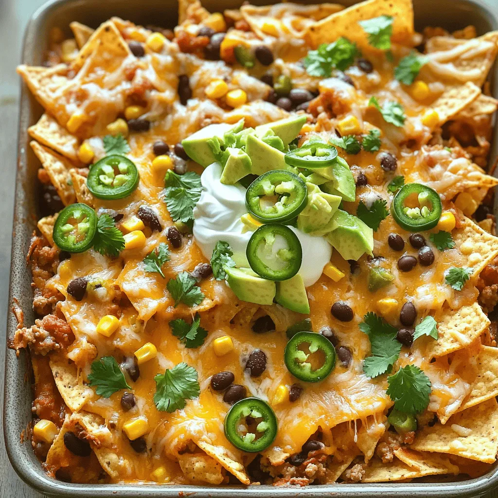 For this dish, I love using ground meat options like: - 1 pound ground turkey (or beef) - 1 can (15 oz) black beans, rinsed and drained - 1 can (11 oz) corn, drained - 1 packet taco seasoning - 1 can (10 oz) diced tomatoes with green chilies - 4 cups tortilla chips - 2 cups shredded cheese (a blend of cheddar and Monterey Jack) - 1/2 cup sliced jalapeños (fresh or pickled) These ingredients create a hearty base that packs a punch. To make it your own, consider adding: - 1 avocado, diced - 1/2 cup sour cream - Chopped fresh cilantro for garnish These toppings add freshness and creaminess. You can mix and match based on your taste. When making this casserole, choose fresh ingredients when possible. Fresh meat and veggies enhance flavor. Canned items are fine, but check for low sodium options. Good seasoning is key. Use the right cheese blend for the best melted texture. A mix of sharp cheddar and Monterey Jack works great. It gives that gooey, cheesy goodness everyone loves. Using high-quality ingredients makes a big difference in taste. So, don’t skip this step. For the full recipe, check out the complete details! First, preheat your oven to 350°F (175°C). In a large skillet, cook 1 pound of ground turkey or beef over medium heat. Make sure the meat is browned and no longer pink. If there is extra fat, drain it away. This step keeps your casserole from being greasy. Next, mix in the taco seasoning, diced tomatoes with green chilies, black beans, and corn. Stir everything well and let it simmer for about 5 minutes. This lets the flavors come together nicely. Always taste and add salt and pepper if needed. Now it’s time to layer your casserole. In a greased 9x13 inch casserole dish, start with half of the tortilla chips. Spread them evenly across the bottom. This creates a solid base. Then, spoon half of the meat mixture over the chips and sprinkle half of the cheese on top. This layering helps all the flavors mix as it cooks. Repeat these steps with the remaining tortilla chips, meat mixture, and cheese. Finish with sliced jalapeños on top for a kick. Place your casserole in the preheated oven. Bake it for 20-25 minutes. You want the cheese to be bubbly and golden. Once done, take it out and let it cool slightly. This cooling time makes it easier to serve. Top your casserole with diced avocado, sour cream, and fresh cilantro for a fresh touch. These toppings add great flavor and color. For the full recipe, refer to the previous section. Enjoy your delicious Loaded Nacho Casserole! When making a casserole, avoid overcooking the meat. It can dry out. Use a meat thermometer to check if the meat reaches 165°F. For layered casseroles, grease the dish well. This helps with easy serving. Watch the layers, too! Start with chips, then meat, and cheese. Repeat until you finish. To boost flavor, try adding spices. A pinch of cayenne or chili powder works great. Fresh herbs can elevate your dish. Use chopped cilantro or green onions. Fresh ingredients always taste better. They add brightness and crunch to your casserole. Serve your Loaded Nacho Casserole with a side salad. A simple mixed greens salad pairs well. You can also offer guacamole on the side. For drinks, try a light beer or sparkling water. They balance the flavors in your dish. If you want something sweeter, serve with fruit juice. For the Full Recipe, refer back to the earlier sections. {{image_2}} You can easily switch some ingredients in the Loaded Nacho Casserole to make it vegetarian or vegan. For protein, try using beans instead of meat. Black beans work great, but you can also use pinto or kidney beans. They add a nice texture and flavor. If you want cheese, look for plant-based cheese options. Many brands now make vegan cheese that melts well. Nutritional yeast is another great choice. It has a cheesy taste and is packed with nutrients. You can make your casserole unique by adding local spices or ingredients. For example, if you love Tex-Mex flavors, try adding cumin or smoked paprika. Both spices will give your dish a nice kick. You can also create classic spins on the loaded nacho theme. Think about adding barbecue sauce for a smoky twist. Or use green chili sauce for a more southwestern flair. Each change brings new flavors to the table. You can serve Loaded Nacho Casserole in different ways. One fun style is to make individual servings. Use small ramekins and layer the ingredients like the full dish. This way, each person gets their own portion. If you want to turn this casserole into a dip or appetizer, it’s easy. Just make the casserole as usual, then serve it warm with tortilla chips. It’s perfect for parties or game days. For more details on making this delicious dish, check out the Full Recipe. After you enjoy your Loaded Nacho Casserole, store any leftovers properly. First, let it cool to room temperature. Then, place it in an airtight container. You can keep it in the fridge for up to four days. If you want to save it for longer, freeze it. It will last up to three months in the freezer. Just make sure to label your container with the date. When you’re ready to enjoy your leftovers, reheating them right is key. The best method is to use the oven. Preheat your oven to 350°F (175°C), then cover the casserole with foil. This keeps it moist. Bake for about 15 to 20 minutes, until hot. If you want it crispy, remove the foil for the last five minutes. Avoid using the microwave if you can. It can make the dish soggy. If you want to make life easier, consider meal prepping. You can prepare your Loaded Nacho Casserole ahead of time. Just follow the recipe and store it in the fridge before baking. Then, bake it fresh when you’re ready. For freezing, portion out the casserole into smaller containers. This way, you can grab just what you need later. It’s a great way to save time and still enjoy a tasty meal. For the full recipe, check out the detailed instructions above. To add heat to your Loaded Nacho Casserole, try a few spices. You can mix in cayenne pepper or crushed red pepper flakes. Adding fresh jalapeños boosts the spice level too. If you want even more heat, choose hot taco seasoning instead of mild. For a smoky flavor, try adding chipotle powder. Remember to start with a small amount and taste as you go. This way, you can adjust the heat to your liking. Absolutely! You can use any cheese you love. Cheddar is a classic choice, but Monterey Jack adds creaminess. Pepper Jack gives a spicy kick. If you prefer a milder taste, use mozzarella or gouda. Mixing cheeses can create great flavors. Just make sure to shred the cheese for even melting. Feel free to get creative with your cheese blend! To make this dish more kid-friendly, consider a few simple tweaks. Cut the spice down by using mild taco seasoning and fewer jalapeños. Offer toppings like sour cream, diced avocado, or fresh cilantro on the side. Kids love to customize their dishes! Serve with a side of fresh fruit or a simple salad. This adds color and nutrition to the meal. Kids will enjoy making their own plates. Yes, you can prep this casserole ahead. Assemble the layers and cover the dish with foil. Store it in the fridge for up to a day before baking. When ready to cook, just bake it straight from the fridge. You may need to add a few extra minutes to the baking time. This makes it easy for meal planning! You can also freeze it for later use. Just thaw it overnight in the fridge before baking. Loaded Nacho Casserole is simple and fun. We covered key ingredients, from meats to toppings. You can customize it with fresh herbs and extra toppings. I shared step-by-step instructions for cooking and layering. Cooking tips help you avoid mistakes and enhance flavor. Explore variations like vegetarian options and regional twists. Lastly, proper storage keeps leftovers fresh. Enjoy making this tasty dish for any meal. Each bite is sure to delight everyone at your table. Let's get cooking!