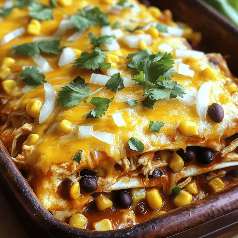 - 2 cups cooked chicken, shredded - 1 can (10 oz) red enchilada sauce - 1 can (15 oz) black beans, rinsed and drained - 1 cup corn (fresh, canned, or frozen) - 2 cups shredded cheddar cheese - 1 medium onion, diced - 1 teaspoon garlic powder - 1 teaspoon cumin - 1 teaspoon chili powder - 6 corn tortillas, cut into quarters - Salt and pepper to taste - Fresh cilantro, for garnish In this recipe, you will see lots of colors and flavors. The cooked chicken is the star, but it plays well with the enchilada sauce. The black beans add protein and a nice texture. The corn brings a touch of sweetness. You can use fresh corn, or canned, or frozen. Each choice works well. The spices like cumin and chili powder give warmth. Diced onion adds a crisp bite. Don't forget the tortillas; they are the glue that holds this dish together. I love cutting them into quarters for easy layering. The shredded cheddar cheese is the final touch. It melts beautifully, creating a gooey top. And for a fresh kick, we add cilantro at the end. This dish is not just tasty; it looks great too. For the full recipe, check out the details above. Feel free to mix and match these ingredients based on what you have. Cooking should be fun and flexible! - Preheat the oven to 350°F (175°C). - Gather your ingredients and tools. You will need a large bowl and a 9x13 inch baking dish. - Start by layering half of the quartered corn tortillas in the dish. - In a large bowl, mix the cooked chicken, enchilada sauce, black beans, corn, diced onion, garlic powder, cumin, and chili powder. Add salt and pepper. - Spread half of this chicken mixture on top of the tortillas. - Sprinkle 1 cup of shredded cheddar cheese over the chicken. - Now, repeat the layers with the rest of the tortillas, chicken mixture, and top it with the last cup of cheese. - Cover the baking dish with foil. Bake it in the oven for 25 minutes. - After 25 minutes, remove the foil. Bake for an additional 10-15 minutes until the cheese is bubbly and golden. - Let it cool for a few minutes before serving. Don't forget to garnish with fresh cilantro! You can find the Full Recipe for more details. To achieve the best cheese texture, I recommend using fresh shredded cheese. Pre-shredded cheese often has anti-caking agents that can affect melt quality. For a creamy and stretchy cheese layer, combine cheddar with a bit of Monterey Jack. Cutting tortillas can be tricky. To make it easy, stack a few tortillas and use a sharp knife. You can also use kitchen scissors for quick cuts. This saves time and gives you even pieces. If you don't have cooked chicken, rotisserie chicken works great. You can also use shredded turkey or even canned chicken in a pinch. For a vegetarian option, try adding sautéed mushrooms or zucchini. You can swap black beans for pinto beans or kidney beans. Different cheeses like pepper jack can add spice. Feel free to mix and match based on what you have at home. This casserole pairs well with a simple green salad. A side of rice or avocado slices also complements the dish. For garnishes, fresh cilantro adds color and flavor. You can also top it with sour cream or sliced jalapeños for a kick. For the full recipe, check out the Easy Chicken Enchilada Casserole. Enjoy the cooking experience! {{image_2}} You can change the protein in this dish. Ground beef or turkey works well. Just cook it first before adding it to the mix. If you prefer a meatless option, use beans or lentils. These ingredients give you a hearty meal without the meat. To spice things up, add jalapeños for heat. You can slice them and mix them in. If you want a unique flavor, try different spices. Smoked paprika or oregano can add depth. Feel free to experiment and find your favorite taste. If you need a gluten-free dish, look for gluten-free tortillas. Many brands offer great options that hold up well. Check the label to ensure they are safe for your diet. This way, everyone can enjoy the casserole without worry. For the full recipe, click here: [Full Recipe]. To refrigerate your leftovers, let the casserole cool down first. Cover the dish tightly with plastic wrap or aluminum foil. You can also transfer it to an airtight container. This helps keep it fresh. When you want to reheat it, preheat your oven to 350°F (175°C). Place the casserole in the oven for about 20-25 minutes. You can also reheat it in the microwave for about 5-7 minutes, stirring halfway through for even heating. If you want to freeze the casserole, follow these steps. First, let it cool completely. Then, cut it into portions. Use freezer-safe containers or heavy-duty freezer bags. Make sure to remove as much air as possible before sealing. This helps prevent freezer burn. The casserole will last for about 2-3 months in the freezer. In the fridge, your Easy Chicken Enchilada Casserole will last about 3-4 days. In the freezer, it can last for 2-3 months. Always check for signs of spoilage. Look for changes in color, texture, or smell. If it seems off, it's best to throw it away. Enjoy safe and tasty meals! For the full recipe, visit the recipe section. Yes, you can prepare this dish in advance. To do this, follow these steps: - Make the chicken mixture as directed. - Layer it in the baking dish. - Cover it tightly with plastic wrap or foil. - Store it in the fridge overnight. When you are ready to bake, just remove the wrap and bake as usual. This makes it easy for busy nights. There are many tasty sides to serve with enchilada casserole. Here are my top suggestions: - Mexican rice: This adds a nice texture. - Refried beans: They make a great pairing. - Guacamole: Fresh and creamy, it balances the dish. - Corn salad: A light and fresh option. These sides will enhance your meal. Absolutely! You can make this casserole as spicy or mild as you like. Here are some ideas: - For a mild version, use less chili powder and omit any hot peppers. - For a spicy kick, add jalapeños or more chili powder. You can even use spicy enchilada sauce for extra heat. Adjust to your taste! Feel free to check out the Full Recipe for more details on this delicious dish. In this blog post, we covered how to make an easy chicken enchilada casserole. You learned about the main and extra ingredients, like chicken, cheese, and spices. I walked you through each step from preparation to baking. I also shared tips, variations, and storage info. You can make this dish your own with different proteins or flavors. Enjoy making this meal; it's sure to please anyone you serve! Remember, cooking is fun and a great way to share time with loved ones.