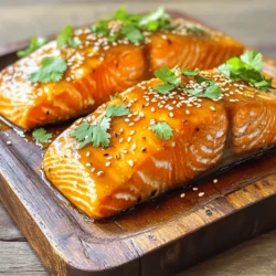 To make this dish, you need a few key items. Here’s what you’ll need: - 4 salmon fillets - 1/4 cup honey - 3 tablespoons soy sauce These ingredients create the base for a sweet and savory glaze that makes the salmon shine. Next, we add some flavor with aromatics and seasonings. These are essential to bring out the best taste: - 4 cloves garlic, minced - 1 tablespoon fresh ginger, grated - Salt and pepper to taste The garlic and ginger add a fresh kick. The salt and pepper help balance everything. Finally, you need a few cooking essentials to prepare your dish: - 2 tablespoons olive oil - 1 tablespoon sesame seeds (for garnish) - Fresh cilantro or green onions (for garnish) Olive oil helps cook the salmon perfectly. The sesame seeds and herbs make your dish look beautiful and bright. For the full recipe, check out [Full Recipe]. Now you have all the ingredients to create a delicious honey garlic glazed salmon! To make the honey garlic glaze, start by grabbing a small bowl. Add 1/4 cup of honey, 3 tablespoons of soy sauce, 4 minced garlic cloves, and 1 tablespoon of grated ginger. Whisk these ingredients together until they blend well. This glaze will give your salmon a sweet and savory flavor that you will love. Now, let's season the salmon fillets. Take your 4 salmon fillets and sprinkle salt and pepper on both sides. This simple step enhances the taste of the fish. Use a light hand, as we want the glaze to shine through. If you like, you can let the fillets sit for a few minutes to absorb the seasoning. Heat 2 tablespoons of olive oil in a large skillet over medium-high heat. Once the oil is hot, place the salmon fillets in the skillet, skin-side down if they have skin. Cook for about 4 minutes until the skin is crispy. Carefully flip each fillet and lower the heat to medium. Brush the honey garlic glaze generously over the top of each piece. Cook for another 3 to 4 minutes, basting occasionally with the glaze. The salmon is done when it flakes easily with a fork. Transfer the glazed salmon to a serving platter and drizzle any leftover glaze from the pan on top. For a final touch, sprinkle sesame seeds and garnish with fresh cilantro or sliced green onions. Enjoy your delicious meal! For the full recipe, check out the [Full Recipe]. To get a great glaze on your salmon, start with the right mix. Use equal parts honey and soy sauce. This combo gives a sweet and salty kick. Add minced garlic and grated ginger for flavor. When cooking, brush the glaze on the salmon often. This keeps it moist and adds layers of taste. Cooking salmon can be tricky. For perfect doneness, check the thickest part. It should be opaque and flake easily with a fork. Aim for about 3-4 minutes per side. If you have skin on, cook skin-side down first. This helps keep the fish together. Lower the heat if the outside cooks too fast. Making your dish look great is easy! After cooking, place the salmon on a nice plate. Drizzle any leftover glaze over the top. Sprinkle sesame seeds for crunch. Finally, add fresh cilantro or sliced green onions. These bright colors make the dish pop! For the full recipe, visit the [Full Recipe]. {{image_2}} You can switch out honey and soy sauce for new flavors. For a sugar-free option, use agave syrup instead of honey. It gives a similar sweetness. If you want a different taste, use maple syrup too. For soy sauce, try tamari for a gluten-free choice. Coconut aminos also work well. They add a slight sweetness and a unique flavor. You can cook honey garlic glazed salmon in two main ways: baking or pan-searing. Baking is simple. Preheat your oven to 375°F (190°C). Place the salmon on a baking sheet and brush the glaze on top. Bake for 15-20 minutes until it flakes easily. Pan-searing gives the salmon a nice crust. Heat olive oil in a skillet and follow the steps in the Full Recipe for a crispy outside and juicy inside. Honey garlic glazed salmon pairs well with many sides. Serve it with steamed broccoli for a healthy choice. Rice or quinoa makes a great base too. You can add a fresh salad with mixed greens and a light dressing. Roasted vegetables, like carrots or asparagus, also complement the dish nicely. To keep your honey garlic glazed salmon fresh, store it in an airtight container. Place the salmon in the fridge. It will stay good for up to three days. Make sure to let it cool down first. This helps keep the texture nice. If you have sauce left, store it separately. This keeps the salmon from getting soggy. To reheat your salmon, use low heat. You can use a skillet or an oven. If using a skillet, add a little olive oil. Heat the skillet on low, then add the salmon. Cover it for even heating. If using an oven, preheat to 350°F. Place the salmon on a baking sheet and cover it with foil. Heat for about 10 minutes. This keeps the salmon moist. Yes, you can freeze honey garlic glazed salmon! Wrap each piece tightly in plastic wrap. Then, place the wrapped salmon in a freezer bag. It can last up to three months. When ready to eat, thaw it in the fridge overnight. This will help retain its flavor and texture. For the full recipe, check out the Honey Garlic Glazed Salmon. You can use several fish types. Here are some good options: - Trout - Mackerel - Cod - Tilapia Each of these fish has a nice, light flavor. They will take on the sweet and savory glaze well. Keep in mind that cooking times may vary depending on the thickness of the fillets. Always check for doneness with a fork. Yes, you can use a sugar substitute. Some popular options include: - Maple syrup - Agave nectar - Coconut sugar - Stevia These can work well in the glaze. Just remember that they may change the taste a bit. Start with a small amount and adjust to your liking. Absolutely! Honey garlic glazed salmon is great for meal prep. Here are some tips: - Cook the salmon and glaze as directed. - Let it cool before storing. - Place in airtight containers. You can keep it in the fridge for up to three days. Reheat it gently to keep it moist. Enjoy it with rice or veggies for quick meals! Check the Full Recipe for more details on preparation. Honey garlic glazed salmon is easy to make and delicious. We covered essential ingredients, from salmon to aromatics. I shared step-by-step cooking instructions to help you shine in the kitchen. Remember to check for doneness for perfect results. You can even switch ingredients for new flavors or try baking. Finally, store and reheat leftovers so nothing goes to waste. Enjoy your cooking journey and create tasty meals with this recipe. Happy cooking!