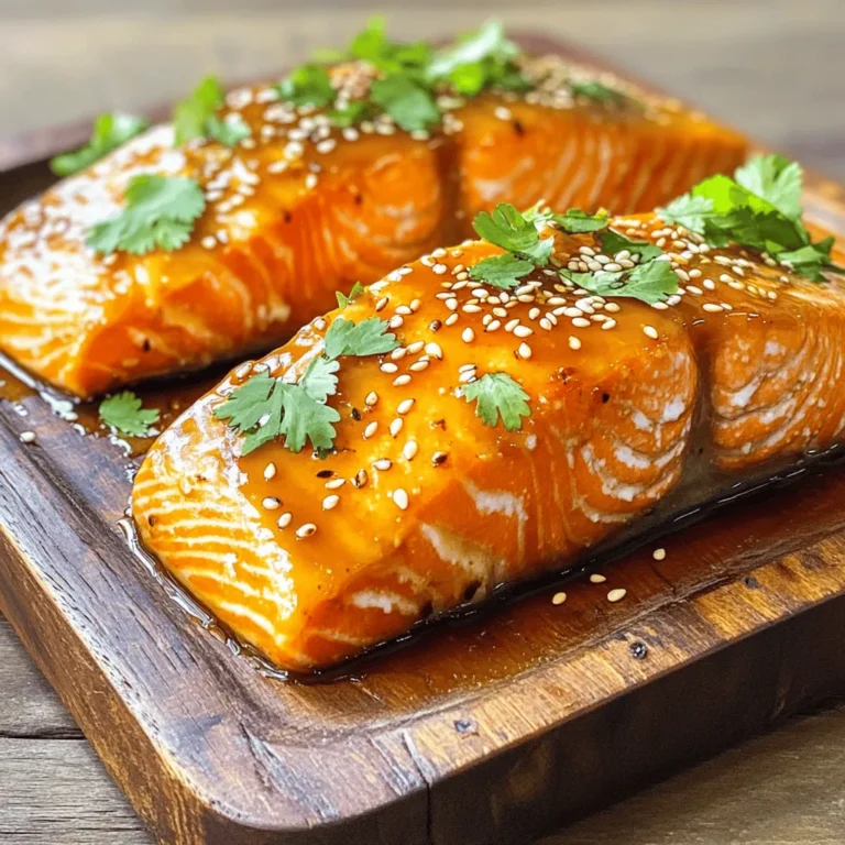 To make this dish, you need a few key items. Here’s what you’ll need: - 4 salmon fillets - 1/4 cup honey - 3 tablespoons soy sauce These ingredients create the base for a sweet and savory glaze that makes the salmon shine. Next, we add some flavor with aromatics and seasonings. These are essential to bring out the best taste: - 4 cloves garlic, minced - 1 tablespoon fresh ginger, grated - Salt and pepper to taste The garlic and ginger add a fresh kick. The salt and pepper help balance everything. Finally, you need a few cooking essentials to prepare your dish: - 2 tablespoons olive oil - 1 tablespoon sesame seeds (for garnish) - Fresh cilantro or green onions (for garnish) Olive oil helps cook the salmon perfectly. The sesame seeds and herbs make your dish look beautiful and bright. For the full recipe, check out [Full Recipe]. Now you have all the ingredients to create a delicious honey garlic glazed salmon! To make the honey garlic glaze, start by grabbing a small bowl. Add 1/4 cup of honey, 3 tablespoons of soy sauce, 4 minced garlic cloves, and 1 tablespoon of grated ginger. Whisk these ingredients together until they blend well. This glaze will give your salmon a sweet and savory flavor that you will love. Now, let's season the salmon fillets. Take your 4 salmon fillets and sprinkle salt and pepper on both sides. This simple step enhances the taste of the fish. Use a light hand, as we want the glaze to shine through. If you like, you can let the fillets sit for a few minutes to absorb the seasoning. Heat 2 tablespoons of olive oil in a large skillet over medium-high heat. Once the oil is hot, place the salmon fillets in the skillet, skin-side down if they have skin. Cook for about 4 minutes until the skin is crispy. Carefully flip each fillet and lower the heat to medium. Brush the honey garlic glaze generously over the top of each piece. Cook for another 3 to 4 minutes, basting occasionally with the glaze. The salmon is done when it flakes easily with a fork. Transfer the glazed salmon to a serving platter and drizzle any leftover glaze from the pan on top. For a final touch, sprinkle sesame seeds and garnish with fresh cilantro or sliced green onions. Enjoy your delicious meal! For the full recipe, check out the [Full Recipe]. To get a great glaze on your salmon, start with the right mix. Use equal parts honey and soy sauce. This combo gives a sweet and salty kick. Add minced garlic and grated ginger for flavor. When cooking, brush the glaze on the salmon often. This keeps it moist and adds layers of taste. Cooking salmon can be tricky. For perfect doneness, check the thickest part. It should be opaque and flake easily with a fork. Aim for about 3-4 minutes per side. If you have skin on, cook skin-side down first. This helps keep the fish together. Lower the heat if the outside cooks too fast. Making your dish look great is easy! After cooking, place the salmon on a nice plate. Drizzle any leftover glaze over the top. Sprinkle sesame seeds for crunch. Finally, add fresh cilantro or sliced green onions. These bright colors make the dish pop! For the full recipe, visit the [Full Recipe]. {{image_2}} You can switch out honey and soy sauce for new flavors. For a sugar-free option, use agave syrup instead of honey. It gives a similar sweetness. If you want a different taste, use maple syrup too. For soy sauce, try tamari for a gluten-free choice. Coconut aminos also work well. They add a slight sweetness and a unique flavor. You can cook honey garlic glazed salmon in two main ways: baking or pan-searing. Baking is simple. Preheat your oven to 375°F (190°C). Place the salmon on a baking sheet and brush the glaze on top. Bake for 15-20 minutes until it flakes easily. Pan-searing gives the salmon a nice crust. Heat olive oil in a skillet and follow the steps in the Full Recipe for a crispy outside and juicy inside. Honey garlic glazed salmon pairs well with many sides. Serve it with steamed broccoli for a healthy choice. Rice or quinoa makes a great base too. You can add a fresh salad with mixed greens and a light dressing. Roasted vegetables, like carrots or asparagus, also complement the dish nicely. To keep your honey garlic glazed salmon fresh, store it in an airtight container. Place the salmon in the fridge. It will stay good for up to three days. Make sure to let it cool down first. This helps keep the texture nice. If you have sauce left, store it separately. This keeps the salmon from getting soggy. To reheat your salmon, use low heat. You can use a skillet or an oven. If using a skillet, add a little olive oil. Heat the skillet on low, then add the salmon. Cover it for even heating. If using an oven, preheat to 350°F. Place the salmon on a baking sheet and cover it with foil. Heat for about 10 minutes. This keeps the salmon moist. Yes, you can freeze honey garlic glazed salmon! Wrap each piece tightly in plastic wrap. Then, place the wrapped salmon in a freezer bag. It can last up to three months. When ready to eat, thaw it in the fridge overnight. This will help retain its flavor and texture. For the full recipe, check out the Honey Garlic Glazed Salmon. You can use several fish types. Here are some good options: - Trout - Mackerel - Cod - Tilapia Each of these fish has a nice, light flavor. They will take on the sweet and savory glaze well. Keep in mind that cooking times may vary depending on the thickness of the fillets. Always check for doneness with a fork. Yes, you can use a sugar substitute. Some popular options include: - Maple syrup - Agave nectar - Coconut sugar - Stevia These can work well in the glaze. Just remember that they may change the taste a bit. Start with a small amount and adjust to your liking. Absolutely! Honey garlic glazed salmon is great for meal prep. Here are some tips: - Cook the salmon and glaze as directed. - Let it cool before storing. - Place in airtight containers. You can keep it in the fridge for up to three days. Reheat it gently to keep it moist. Enjoy it with rice or veggies for quick meals! Check the Full Recipe for more details on preparation. Honey garlic glazed salmon is easy to make and delicious. We covered essential ingredients, from salmon to aromatics. I shared step-by-step cooking instructions to help you shine in the kitchen. Remember to check for doneness for perfect results. You can even switch ingredients for new flavors or try baking. Finally, store and reheat leftovers so nothing goes to waste. Enjoy your cooking journey and create tasty meals with this recipe. Happy cooking!