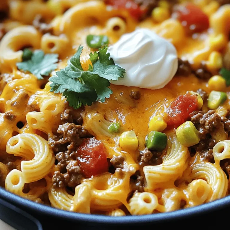- 1 pound ground beef (or ground turkey) - 1 tablespoon olive oil - 1 medium onion, diced - 2 cloves garlic, minced - 1 packet taco seasoning - 4 cups vegetable broth - 12 ounces elbow macaroni - 1 can diced tomatoes with green chilies (15 oz) - 1 cup corn (frozen or canned) - 2 cups shredded cheddar cheese - Salt and pepper to taste - Fresh cilantro, chopped (for garnish) - Sour cream (for serving) When I cook One-Pot Cheesy Taco Pasta, I love using these simple ingredients. The ground beef gives the dish a rich flavor. You can use ground turkey if you prefer a lighter option. Olive oil helps cook the onion and garlic, making them sweet and fragrant. The taco seasoning adds that classic taste we all love. Vegetable broth adds depth to the dish, while the elbow macaroni soaks up all those flavors. The diced tomatoes with green chilies give a little kick. Corn adds sweetness and texture, and let’s not forget the cheese! Shredded cheddar cheese makes everything creamy and delicious. A sprinkle of fresh cilantro brightens the dish. The sour cream on top adds a cool finish. For the full recipe, check out the entire cooking guide. - Heat 1 tablespoon of olive oil in a large pot. - Add 1 medium diced onion and cook until it is soft and clear. - Next, stir in 2 minced garlic cloves for about 30 seconds. - Add 1 pound of ground beef or ground turkey to the pot. - Cook until the meat is brown, which takes about 5 to 7 minutes. - Sprinkle the taco seasoning over the meat and mix well. - Pour in 4 cups of vegetable broth, 1 can of diced tomatoes with green chilies, and 1 cup of corn. - Bring the mixture to a full boil. - Stir in 12 ounces of elbow macaroni. - Lower the heat and cover the pot. Let it simmer for 10 to 12 minutes. - Stir occasionally to keep the pasta from sticking. - Once the pasta is soft, take the pot off the heat. - Mix in 2 cups of shredded cheddar cheese until it melts and looks creamy. - Season with salt and pepper to your taste. - Serve hot, adding fresh cilantro and sour cream on top for a tasty finish. For the complete recipe, check the [Full Recipe]. Cooking this dish is simple, but keep a few tips in mind. First, avoid overcooking the pasta. Overcooked pasta can turn mushy and lose its charm. Check the pasta a minute or two before the time is up. Second, stir occasionally to prevent sticking. This keeps your pasta separated and helps it cook evenly. You can customize seasoning levels for your spice preference. If you like it hot, add extra chili powder or jalapeños. On the other hand, if you prefer a milder taste, reduce the taco seasoning. Another great idea is to add more cheese for a richer flavor. Cheese makes everything better, right? Try mixing in some pepper jack for a kick! Presentation matters when serving food. Use fresh cilantro and sour cream for garnish. It not only looks great but adds fresh flavors too. For serving plates, choose colorful dishes. Bright plates make the meal pop and look inviting. Enjoy making this One-Pot Cheesy Taco Pasta a feast for the eyes! {{image_2}} You can easily change the meat in One-Pot Cheesy Taco Pasta. If you want something leaner, use ground turkey or chicken. These meats still pack great flavor. If you prefer a meat-free meal, try black beans or lentils. Both options add protein and fiber. They make the dish filling and delicious. While elbow macaroni is a classic choice, feel free to swap it out. Other pasta shapes work well, like penne or rotini. Gluten-free pasta is also a great option for those who need it. Just cook it until al dente, so it doesn’t get mushy. Want to add some zing? Bell peppers or jalapeños can spice things up. They give a nice crunch and extra flavor. You can also toss in black olives for a Mediterranean twist. These additions make the dish colorful and fun. - Store leftovers in an airtight container in the refrigerator. - Let the pasta cool down first before putting it in the fridge. This helps keep it fresh longer. - You can reheat it in the microwave. Use a microwave-safe bowl and cover it to avoid splatters. - For stovetop reheating, use a pan on low heat. Add a splash of water or broth to keep it moist. This helps maintain the flavor and texture. - To freeze, place cooled pasta in a freezer-safe container. Make sure to leave some space at the top, as it may expand. - For thawing, move it to the fridge overnight. You can also thaw it in the microwave if you need it fast. - Reheat it on the stovetop or microwave, adding a little liquid to keep it creamy. Enjoy your One-Pot Cheesy Taco Pasta with these easy storage tips! Check the Full Recipe for more details. One-Pot Cheesy Taco Pasta is quick and easy. It takes about 10 minutes to prep. The total cooking time is around 20 minutes. So, you can enjoy this dish in just 30 minutes! Yes, you can make this recipe vegetarian! Swap the meat for plant-based proteins. Black beans or lentils work great. You can also use crumbled tofu or tempeh for added texture. These options keep the dish hearty and tasty. Many side dishes complement this pasta. A simple green salad with fresh veggies is perfect. You can also serve tortilla chips with salsa. For a fun twist, add guacamole on the side. These options enhance the meal and add variety. This blog post outlined a simple yet tasty One-Pot Cheesy Taco Pasta recipe. We covered key ingredients, step-by-step cooking methods, and helpful tips. You can easily customize this dish with different proteins and pastas. Storing and reheating leftovers is also straightforward. Whether you choose to spice it up or keep it mild, this meal is sure to please. Enjoy making it your own, and happy cooking!