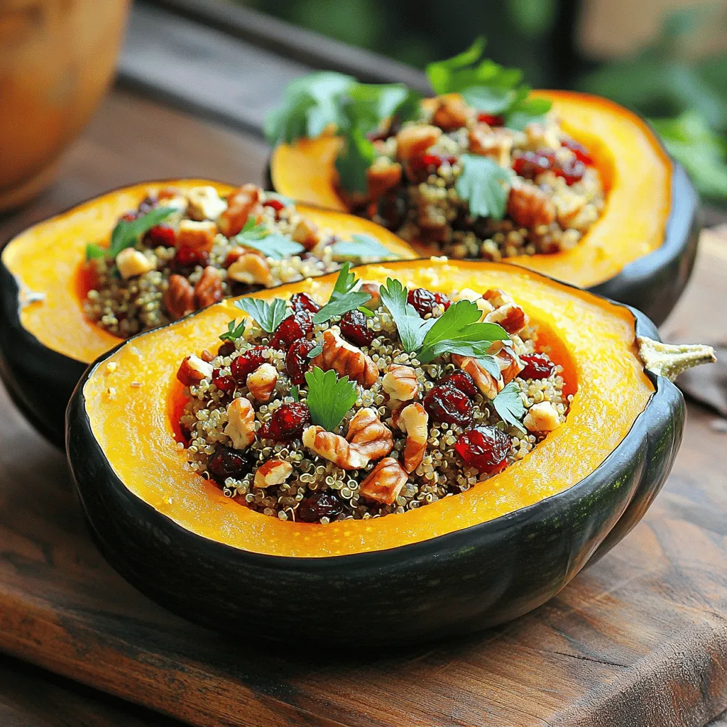 - 2 medium acorn squashes, halved and seeds removed: These squashes have a sweet flavor and a lovely texture. - 1 cup quinoa, rinsed: Quinoa adds protein and a nice nutty taste. - 2 cups vegetable broth: Use low-sodium broth for a healthier option. - 1/2 cup dried cranberries: They bring sweetness and a chewy texture. - 1/2 cup walnuts, chopped: Walnuts add crunch and healthy fats. - 1 small onion, diced: Onions give a strong base flavor. - 2 cloves garlic, minced: Garlic adds depth and aroma. - 1 teaspoon ground cinnamon: This spice adds warmth and sweetness. - 1/2 teaspoon nutmeg: Nutmeg enhances the dish with a hint of earthiness. - Salt and pepper to taste: These seasonings bring all the flavors together. - 2 tablespoons olive oil: Olive oil helps cook the filling and adds richness. - Fresh parsley for garnish: This herb brightens the dish and adds color. - You can swap quinoa for rice or couscous if needed. - If you have nut allergies, replace walnuts with pumpkin seeds or omit them. - For a sweeter taste, try using golden raisins instead of cranberries. - Always check labels for allergens in pre-packaged ingredients. This stuffed acorn squash recipe is easy to adapt. For the full recipe, check the details above. 1. Preheat your oven to 400°F (200°C). This helps cook the acorn squash evenly. 2. Cut the acorn squashes in half and remove the seeds. Place them cut side up on a baking sheet. 3. Drizzle 1 tablespoon of olive oil over the squash. Season with salt and pepper to taste. 4. Roast the squash in the oven for about 30-35 minutes. You want them tender and easy to pierce with a fork. 5. While the squash roasts, bring 2 cups of vegetable broth to a boil in a medium saucepan. 6. Rinse 1 cup of quinoa under cold water. Add it to the boiling broth. 7. Lower the heat, cover, and let it simmer for about 15 minutes. All the liquid should be absorbed. 1. In a skillet, heat the remaining tablespoon of olive oil over medium heat. 2. Add 1 small diced onion and sauté for 3-4 minutes. Cook until the onion turns translucent. 3. Stir in 2 minced garlic cloves and cook for another minute. This adds great flavor. 4. Add the cooked quinoa to the skillet. Mix in 1/2 cup dried cranberries, 1/2 cup chopped walnuts, 1 teaspoon ground cinnamon, and 1/2 teaspoon nutmeg. 5. Season with salt and pepper. Stir well to combine. Cook for another 2-3 minutes until everything is heated through. 1. Once the acorn squashes are done roasting, take them out of the oven. 2. Fill each half generously with the quinoa mixture. Press it down a bit to fit. 3. Return the stuffed squashes to the oven for an extra 10 minutes. This warms the filling and crisps the top. 4. Remove from the oven and let them cool for a few minutes. 5. Garnish with fresh parsley before serving. Follow these steps from the Full Recipe, and you will have a delicious meal to enjoy! - Optimal baking times and temperatures: Bake your stuffed acorn squash at 400°F (200°C). Roast the squash for 30-35 minutes. This time allows the squash to become tender and sweet. - How to check for doneness: Insert a fork into the squash. If it goes in easily, the squash is ready. - Ideas for garnishing and serving: Serve the stuffed squash on a rustic wooden board. Add extra chopped walnuts for crunch and sprinkle fresh parsley on top. This makes the dish look vibrant and inviting. - Recommendations for side dishes: Pair the squash with a fresh green salad or roasted vegetables. A tangy vinaigrette complements the flavors well. - Suggestions for spices or extras to add to the filling: Try adding a pinch of cayenne pepper for heat. You can also mix in some feta cheese for creaminess. Swap cranberries for raisins or apples for a different taste. {{image_2}} You can easily make this recipe plant-based. Just replace the vegetable broth with water. For added flavor, use vegetable stock. You can skip the cranberries or use fresh fruit if you prefer. Walnuts can be swapped for seeds like pumpkin or sunflower. This keeps the crunch and adds healthy fats. If you want to add protein, consider ground turkey or beef. Cook the meat in the skillet before adding the onion and garlic. For a plant-based option, try adding chickpeas or lentils. They not only boost protein but also add texture. You can also mix in tofu, which absorbs flavors well. Change the filling based on what’s in season. In spring, add peas and asparagus for freshness. In summer, use zucchini and bell peppers for a bright taste. In winter, consider adding roasted root vegetables like carrots or sweet potatoes. This keeps your dish exciting and supports local farms. You can store leftover stuffed acorn squash in the fridge. Place the squash in an airtight container. This keeps it fresh for up to four days. Make sure to let it cool completely before sealing it. This step helps prevent moisture build-up, which can make it soggy. If you want to freeze your stuffed acorn squash, first wrap each half in plastic wrap. Then, place them in a freezer bag. This method helps keep out air and prevents freezer burn. You can freeze the stuffed squash for up to three months. When you're ready to eat, let them thaw in the fridge overnight. To reheat stuffed acorn squash, the oven is your best friend. Preheat your oven to 350°F (175°C). Place the squash on a baking tray and cover it with foil. This helps keep moisture in and prevents drying out. Heat for about 20 minutes, or until warm. You can also use a microwave, but be cautious. Heat it in short bursts to avoid making it rubbery. Enjoy your meal! How long does it take to cook acorn squash? Cooking acorn squash usually takes about 30 to 35 minutes in the oven. You want it tender and easy to pierce with a fork. The roasting time can vary based on the size of the squash, so check it around the 30-minute mark. Can I use other types of squash for this recipe? Yes, you can use other squash types, like butternut or spaghetti squash. They can give a different taste and texture. Just adjust your cooking time based on the squash you choose. Stuffed acorn squash is both healthy and filling. Here’s a quick breakdown of the nutritional info per serving: - Calories: Approximately 350 - Carbohydrates: About 50 grams - Protein: Roughly 10 grams - Fat: About 15 grams - Fiber: Around 8 grams These numbers can change based on your ingredients. Using less oil or more veggies can lighten the meal. Stuffed acorn squash pairs well with many sides. Here are some ideas: - A simple green salad with a light vinaigrette - Roasted Brussels sprouts for a hearty side - Quinoa pilaf with herbs for extra flavor - A warm apple cider to match the autumn theme These options will enhance your meal and create a cozy dining experience. For the complete preparation steps, refer to the Full Recipe. This guide detailed how to make stuffed acorn squash. We covered ingredients, preparation, and tips for the best results. You learned about cooking, stuffing, and serving this dish beautifully. Remember, you can customize it with different flavors and ingredients. Always store leftovers properly to enjoy them later. Cooking can be fun and creative. Now, it's your turn to try this recipe in your kitchen. Enjoy the process and the delicious outcome!