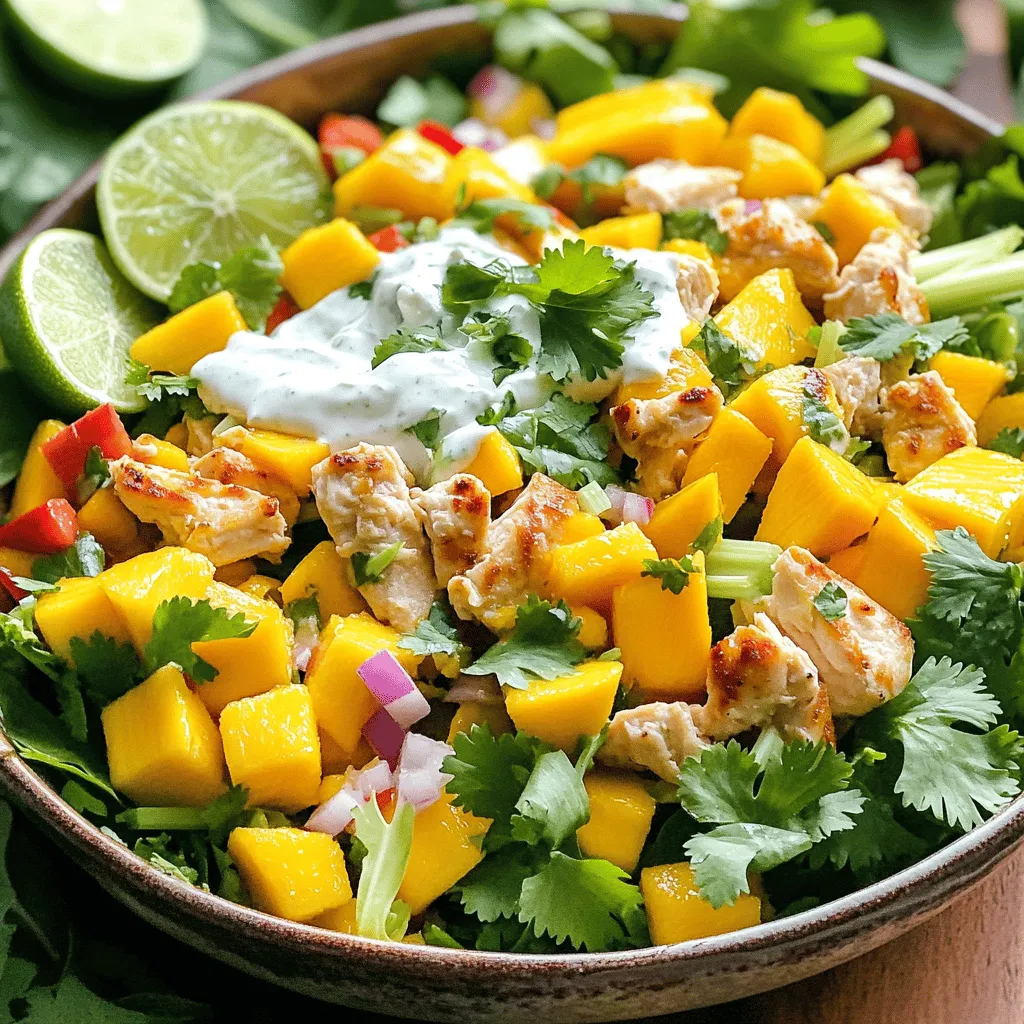 To make a tasty chicken salad, gather these fresh ingredients: - 2 cups cooked chicken breast, diced - 1 ripe mango, diced - 1 cup celery, finely chopped - 1/2 cup red bell pepper, finely chopped - 1/4 cup red onion, finely chopped - 1/2 cup Greek yogurt - 2 tablespoons honey - 2 tablespoons lime juice - Salt and pepper to taste - 1/4 cup fresh cilantro, chopped - Mixed greens for serving Each ingredient plays a key role in the salad's flavor and texture. The chicken gives protein and heartiness. The mango adds sweetness and a tropical twist. Celery offers a nice crunch. Red bell pepper and onion add color and flavor. Greek yogurt is a creamy base with a tangy kick. Honey balances the tartness of lime juice. Fresh cilantro brightens the dish, while mixed greens provide a fresh bed for serving. With these simple and fresh ingredients, you make a vibrant, healthy meal. For the full recipe, continue to the next section. To start, grab a medium bowl. In this bowl, mix together the Greek yogurt, honey, lime juice, salt, and pepper. Use a whisk or a fork to blend until smooth. This dressing adds creaminess and a touch of sweetness. Taste it and adjust if you like. You want it to be just right! Next, take a large mixing bowl. Add the cooked chicken, diced mango, celery, red bell pepper, red onion, and chopped cilantro. These fresh ingredients bring great flavor and color to your salad. Gently mix them together with a spatula. Make sure all the pieces are well distributed. Now, pour the dressing over the chicken mixture. Use your spatula to toss everything together. Ensure every piece gets coated in that tasty dressing. Once mixed, taste again. If needed, add a pinch more salt or pepper. Cover the bowl with plastic wrap and place it in the fridge. Let it chill for about 30 minutes. This step helps the flavors blend nicely. For the best serving, enjoy it on a bed of mixed greens. For the full recipe, check the recipe details above. You can swap Greek yogurt for sour cream or cottage cheese. These options provide a creamy base too. If you want extra crunch, add nuts or seeds. Sliced almonds or sunflower seeds work great. They add texture and flavor to your salad. To make your chicken salad pop, balance sweetness and acidity. If your salad tastes too sweet, add more lime juice. This helps cut through the sweetness of the honey and mango. You can also add a pinch of salt to enhance the taste. Taste as you mix to find the right balance. Serve your salad in a large, shallow bowl. It looks more inviting that way. Garnish with fresh cilantro and lime wedges for a splash of color. You can also sprinkle some extra diced mango on top. This makes the dish colorful and appealing, perfect for any meal. For the full recipe, refer to the main section. {{image_2}} You can make this chicken salad with different proteins. If you're short on time, use canned chicken. It’s quick and easy. Just drain it and mix it into your salad. Another great choice is rotisserie chicken. Grab one from your store, shred it, and you’re ready to go. Both options save time and taste great! Spices and herbs can change your chicken salad's taste. Try adding cumin for warmth or paprika for a little kick. Fresh herbs like dill or basil can add freshness. If you love a zesty taste, squeeze in some lemon juice. These small changes can make a big difference! If you need gluten-free options, use gluten-free yogurt. Most Greek yogurt brands offer gluten-free choices. For a dairy-free salad, swap Greek yogurt with a plant-based yogurt. You can also use avocado to add creaminess. These swaps let everyone enjoy this tasty salad without worry. To keep your chicken salad fresh, store it in an airtight container. This helps prevent air from getting in and keeps the salad tasty. Place it in the fridge right after you make it. This salad is best when eaten within three days. If you want to save it for later, be sure to check the temperature of your fridge. It should stay at 40°F or lower to keep food safe. You can freeze chicken salad, but it may change the texture. If you decide to freeze it, use a freezer-safe container. Leave some space at the top for expansion. It’s best to eat frozen chicken salad within three months. Thaw it in the fridge before eating, and never refreeze after thawing. Chicken salad usually lasts about 3 to 4 days in the fridge. Signs of spoilage include a bad smell, slimy texture, or discoloration. If you notice any of these signs, it’s best to throw it away. Always trust your senses when it comes to food safety. For the full recipe, check the earlier section. Yes, you can make this salad ahead of time. It tastes even better after the flavors blend. Prepare the chicken salad and store it in the fridge. You can keep it for up to a day before serving. Just remember to add the mixed greens right before you eat. This keeps the greens fresh and crisp. Chicken salad pairs well with many sides. Here are some great options: - Crackers or toasted bread - Fresh fruit, like berries or apples - A light soup or vegetable sticks - A side of pickles for extra crunch These sides can enhance your meal and make it more fun. Leftover chicken salad can last about three to four days in the fridge. Make sure you store it in an airtight container. If you see any signs of spoilage, like a bad smell or change in color, throw it away. Always check before eating. Enjoy the chicken salad while it's still fresh! This blog post detailed a tasty chicken salad that combines fresh ingredients. You learned how to mix chicken, mango, and veggies with a simple yogurt dressing. I shared tips on substitutes and flavor adjustments to suit your taste. You now know how to store this salad and its shelf life. My final thoughts are that this chicken salad is easy, healthy, and fun to make. Enjoy experimenting with different flavors and serving it your way!