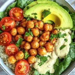 - 1 can (15 oz) chickpeas, drained and rinsed - 2 tablespoons olive oil - 1 teaspoon smoked paprika - 1 teaspoon garlic powder - 1/2 teaspoon cumin - Salt and pepper to taste - 2 cups cooked quinoa - 1 cup baby spinach - 1/2 cup cherry tomatoes, halved - 1/2 avocado, sliced - 1/4 cup tahini - Juice of 1 lemon - 2 tablespoons water (to thin tahini) - Fresh parsley, chopped, for garnish - Feta cheese - Nuts or seeds - Additional veggies - Caloric content per serving: About 550 calories - Macronutrient breakdown: 20g protein, 30g carbs, 40g fat The main star of this dish is the chickpeas. They give a nice crunch and great flavor. I use canned chickpeas for ease, but feel free to cook dried ones if you wish. Olive oil adds a lovely richness. I sprinkle smoked paprika and garlic powder on the chickpeas for depth. Cumin gives warmth and aroma. Quinoa serves as a base. It’s packed with protein and fiber. Baby spinach adds vitamins and freshness. Cherry tomatoes bring sweetness and color. The tahini dressing is creamy and tangy. Mix tahini with lemon juice and water until smooth. Adjust it to your taste; more water if it’s too thick. You can also add optional toppings. Feta cheese adds saltiness. Nuts or seeds bring crunch. Extra veggies can add variety and nutrition. If you're curious about the full recipe, check the section above. - Preheat the oven to 400°F (200°C). - Spread chickpeas on a baking sheet in a single layer. - Drizzle with olive oil and sprinkle your spices. - Roast chickpeas for about 25-30 minutes until crispy. - In a serving bowl, layer your cooked quinoa first. - Add baby spinach next, followed by roasted chickpeas. - Top with halved cherry tomatoes and avocado slices. - Drizzle the tahini dressing on top for added flavor. For a complete guide, check the Full Recipe. Enjoy your meal! To make your chickpeas crispy, start by drying them well. Pat them with a towel after rinsing. This helps remove extra moisture. Moisture keeps them from getting crunchy. Spread your chickpeas in a single layer on the baking sheet. Crowding the pan makes them steam instead of roast. This step is key for even roasting. Shake the pan halfway through roasting. This action helps them brown on all sides. Aim for 25 to 30 minutes at 400°F (200°C). Check for a golden color and a crunchy sound. The tahini dressing should be smooth and creamy. If it's too thick, add a little water. Start with one tablespoon, then mix again. Keep adding water until you reach your desired thickness. You can try other dressings too. A simple lemon vinaigrette or yogurt dressing works well. Each option brings a unique flavor to your bowl. Pair your crispy chickpeas with cooked quinoa. Quinoa adds protein and fiber to your meal. You can also mix in brown rice or farro for variety. Roasted veggies make great sides. Try sweet potatoes, broccoli, or bell peppers. Each adds color and taste to your power bowl. {{image_2}} You can easily swap quinoa for rice or other grains. Brown rice or farro works great. If you want more protein, try adding tofu or tempeh. They both soak up flavors well and stay soft. You can also use lentils for a nice twist. This keeps your bowl vegan and gluten-free. Using seasonal veggies can really change your bowl. In spring, try adding asparagus or peas. In summer, use corn or zucchini for a fresh taste. Fall brings sweet potatoes and kale, while winter calls for root veggies like carrots or parsnips. Adjust your spices too; use warm spices in winter and bright herbs in summer. Feel free to add your favorite toppings. Nuts or seeds add crunch. You can also sprinkle on feta cheese for a salty kick. To make it kid-friendly, include items like shredded carrots or sliced cucumbers. Let kids build their own bowls to explore flavors and textures. This makes dinner fun and interactive. For the complete recipe, check the Full Recipe. To keep your crispy chickpeas fresh, store them in an airtight container. This helps maintain their crunch. Place the chickpeas in the fridge. They stay good for up to three days. Keep the dressing in a separate jar. It lasts about a week in the fridge. To reheat chickpeas and keep them crispy, use the oven. Preheat it to 375°F (190°C). Spread the chickpeas on a baking sheet. Bake for about 10 minutes. This method keeps them crunchy. Avoid the microwave if you want crispiness. Microwaving can make them soft. You can prepare components in advance for easy meals. Cook the quinoa and chickpeas ahead of time. Store them in separate containers. This way, they stay fresh and tasty. When you’re ready to eat, just assemble your bowl. Add fresh spinach, tomatoes, and avocado right before serving. Chickpeas are a powerhouse of nutrition. They offer high protein content. Each serving contains about 15 grams of protein. This makes them great for muscle health and energy. Chickpeas are also rich in fiber. One cup provides about 12 grams of fiber. Fiber helps with digestion and keeps you feeling full. This can help control your weight. Yes, you can use canned chickpeas. They save time and are easy to use. Canned chickpeas are already cooked. Just drain and rinse them before using. Fresh chickpeas take longer to cook. They need soaking and boiling. Canned chickpeas offer convenience, but fresh ones can be tastier. To make this dish gluten-free, choose the right grains. Quinoa is naturally gluten-free and a great choice. You can also use rice or millet. Always check labels for gluten-free products. Some sauces and seasonings may contain gluten. Make sure your tahini and spices are safe for gluten-free diets. This recipe combines simple ingredients to make a tasty, healthy dish. We covered chickpeas, quinoa, and lots of fresh veggies. Crispy roasted chickpeas add extra flavor. You can customize with your favorite toppings or seasonal veggies. Storing and reheating tips help you enjoy leftovers. This meal is great for quick lunch prep or dinner. With these tips, you can create many delicious bowls. Enjoy making this dish your own!