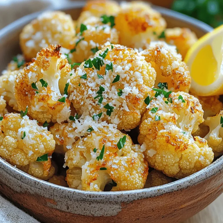 - 1 large head of cauliflower, cut into florets - 3 tablespoons olive oil - 4 cloves garlic, minced - 1 teaspoon dried oregano - 1 teaspoon smoked paprika - 1/2 cup grated Parmesan cheese - 1/2 teaspoon salt - 1/4 teaspoon black pepper - Fresh parsley, chopped (for garnish) - Oven - Baking sheet - Parchment paper - Large mixing bowl - Knife and cutting board The main ingredients of this dish shine brightly. The cauliflower is the star. It should be fresh and firm. Olive oil adds richness and helps the spices stick. Garlic brings a bold flavor. Oregano and smoked paprika add depth and warmth. And don't forget the Parmesan cheese. It melts and creates a golden crust. For seasoning, salt and black pepper enhance the taste. Fresh parsley gives a bright finish. It also adds color. You will need some simple equipment. An oven is essential for roasting. A baking sheet lined with parchment paper makes clean-up easy. A large mixing bowl is key for tossing the cauliflower. Finally, a knife and cutting board help with prep. To see the full recipe, check out the Baked Garlic Parmesan Cauliflower section. Enjoy creating this flavorful side dish! - Preheat the oven to 425°F (220°C). - Cut the cauliflower into bite-sized florets. Make sure they are even in size. This helps them cook uniformly. - In a large bowl, combine olive oil, minced garlic, dried oregano, smoked paprika, salt, and black pepper. Mix it well to blend the flavors. - Toss the cauliflower florets in the garlic seasoning mixture. Make sure each piece is coated thoroughly. This step ensures every bite bursts with flavor. - Spread the coated cauliflower evenly on a baking sheet. Arrange them in a single layer for even cooking. - Bake in the preheated oven for 15 minutes. This initial bake softens the cauliflower. - Remove the baking sheet and sprinkle grated Parmesan cheese over the cauliflower. - Return the baking sheet to the oven and bake for an additional 10-15 minutes. Bake until the cauliflower is tender and the cheese is golden brown. For the full recipe, check the detailed instructions above. - Use fresh garlic for a stronger taste. Fresh garlic makes a big difference. - Experiment with additional spices or herbs. Try adding thyme or rosemary for more depth. - Ensure even coating of oil for uniform cooking. This gives all the florets a nice crunch. - Bake until edges are golden brown for maximum crispiness. The more golden, the better! - Serve hot or warm for best flavor. This dish shines when it's fresh out of the oven. - Pair with a dip or as a side dish. It goes great with ranch or hummus. For the full recipe, check out the Baked Garlic Parmesan Cauliflower details above. {{image_2}} You can switch up the cheese in this recipe. For a strong flavor, try Pecorino Romano. If you want a dairy-free option, use vegan cheese. Nutritional yeast is another great choice. It gives a cheesy taste without dairy. Want to add some kick? Toss in crushed red pepper for heat. It brings a nice spicy touch. You can also brighten up the dish with lemon zest. Just a little zest can make a big difference. If you’re short on time, use an air fryer. It cooks the cauliflower faster while keeping it crispy. In the summer, try grilling your cauliflower. It adds a smoky flavor that is perfect for warm weather. Explore these ideas to make your baked garlic Parmesan cauliflower even more exciting! You can find the full recipe for this delicious dish above. Store leftovers in an airtight container in the fridge. Keep them fresh by consuming within 3 days. This will help maintain the flavor and texture of your baked garlic Parmesan cauliflower. The oven is the best way to reheat this dish. It keeps the cauliflower crispy. If you choose the microwave, know that it may lose some of its crispness. For the best results, use the oven to restore the original texture. You can freeze this dish before baking for a longer shelf life. Make sure to freeze it in a safe container. When you're ready to enjoy, thaw it first. Then bake to keep the quality high. Yes, replace Parmesan with a vegan cheese alternative. Many brands offer great options. Nutritional yeast is another tasty choice. It adds a cheesy flavor without dairy. Bake until the edges are golden brown and the florets are fork-tender. This usually takes about 25-30 minutes in total. Check with a fork to see if it pierces easily. You want it soft but not mushy. It pairs well with grilled meats or as part of a veggie platter. Try it alongside chicken, steak, or fish for a balanced meal. You can also add it to a buffet spread for more color and taste. In this guide, I covered how to prepare Baked Garlic Parmesan Cauliflower. You learned about the key ingredients, cooking equipment, and steps to make this tasty dish. I also shared tips for flavor and texture, variations, and storage advice. This recipe offers a healthy, delicious side that’s simple to make. Use fresh garlic and experiment with spices to make it your own. Enjoy this dish fresh or as leftovers, and always feel free to adapt it to your taste!
