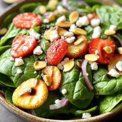- Spinach - Strawberries - Red onion In this salad, fresh spinach serves as the base. I love to use baby spinach because it is tender and full of nutrients. You need about 4 cups of washed and dried spinach. Next, add ripe strawberries. You will want 1 cup, hulled and sliced. These berries bring a sweet burst to the dish. Finally, use a 1/4 cup of thinly sliced red onion. The onion adds a nice crunch and a bit of bite. - Feta cheese - Sliced almonds For a creamy texture, crumbled feta cheese is a must. You will need 1/2 cup of this salty cheese. It complements the strawberries well. Then, add sliced almonds for crunch. Toasting them enhances their flavor. You will want a 1/4 cup of these nuts to sprinkle on top. - Balsamic vinegar - Honey - Olive oil - Seasoning Now, let’s talk about the dressing. A mix of 2 tablespoons of balsamic vinegar and 1 tablespoon of honey creates a sweet and tangy flavor. Then, add 2 tablespoons of olive oil for richness. Don’t forget to season with salt and pepper to taste. This dressing brings all the flavors together beautifully. For the full recipe, check out the details above. To make a great strawberry spinach salad, start with fresh ingredients. First, wash the spinach in cold water. Make sure to remove any dirt and grit. After washing, dry the spinach with a salad spinner or paper towels. This helps the dressing stick later. Next, prepare the strawberries. Take each berry and hull it by removing the green top. Then, slice the strawberries into thin pieces. This makes them easy to mix with the spinach. You want bite-sized pieces for a perfect salad. In a large bowl, combine the fresh spinach and sliced strawberries. Mix them gently to keep the berries intact. Next, add crumbled feta cheese on top. The creamy feta adds a nice flavor. Then, sprinkle the toasted sliced almonds. They give a crunchy texture that contrasts well with the soft fruits. Finally, add thinly sliced red onion. The onion brings a sharp taste that balances the sweetness of the strawberries. This mix of flavors and textures makes the salad exciting and delicious. For the dressing, choose a small bowl and whisk together the balsamic vinegar, honey, and olive oil. This mixture creates a sweet and tangy flavor. Add salt and pepper to taste. Make sure everything blends well. When you are ready to serve, drizzle the dressing over the salad. Do this just before serving to keep the spinach crisp. Gently toss all the ingredients together until they are coated with the dressing. Taste it to see if you need more salt or pepper. By following these steps, you will create a fresh and flavorful strawberry spinach salad that everyone will enjoy. For the complete recipe, check out the Full Recipe. Selecting ripe strawberries When picking strawberries, look for bright red color. They should feel firm to the touch. Avoid ones with white or green spots. A sweet smell means they are ripe and ready to enjoy. Choosing quality spinach Fresh spinach should have vibrant green leaves. Check for any wilting or yellowing. The leaves should be crisp and free from spots. Always wash and dry spinach to remove dirt and grit. Alternative dressings to try If balsamic isn't your style, lemon vinaigrette works great too. You can also use a yogurt-based dressing for creaminess. Each option adds a unique flavor to the salad. Balancing flavors with seasonings Add salt and pepper to enhance the taste. A sprinkle of nutmeg can add warmth. Try adding a dash of cayenne for a spicy kick. Balance is key to making each flavor shine. Ideal pairings for the salad This salad pairs well with grilled chicken or fish. You can also serve it alongside a hearty sandwich. It complements any meal nicely, adding freshness and color. Presentation tips for serving Serve this salad in a large bowl for sharing. Arrange the strawberries and feta on top for a pop of color. Garnish with extra almonds for an inviting look. For the full recipe, check out the details above. {{image_2}} You can change up the nuts and cheese in your salad. Adding walnuts or pecans gives a nice crunch. These nuts add flavor and healthy fats. You can also switch to goat cheese instead of feta. Goat cheese has a creamy texture that pairs well with the sweet strawberries. Try adding other fruits and veggies for more taste and color. Blueberries or apples can work well in this salad. They add sweetness and a pop of color. If you want creaminess, slice up an avocado. It adds a rich texture and blends nicely with the other ingredients. The dressing can also change the whole dish. Using lemon vinaigrette brings a zesty kick. It brightens up the flavors of the salad. You can also try yogurt-based dressings for a creamy twist. These dressings are lighter and can be very refreshing. For the full recipe, check out the complete guide to making this delightful salad! To store leftovers, place the salad in an airtight container. This helps keep it fresh. If you have dressing left, store it separately. This way, the greens won't get soggy. For fresh ingredients, wash and dry them well before storing. Keep spinach in a paper towel to absorb moisture. Store strawberries in the fridge in their original container. This helps them last longer. You can keep Strawberry Spinach Salad in the fridge for about 2 days. After that, the greens may wilt. Check for signs of spoilage. If the spinach turns brown or slimy, it's time to toss it. Mold on strawberries is another sign they are no longer good. Always trust your eyes and nose. You can prep ingredients a day before serving. Wash and slice strawberries, and store them in the fridge. Keep spinach whole until you're ready to mix. Assemble the salad just before serving for the best taste. This keeps everything crisp and fresh. Drizzle the dressing over the top right before eating. This makes your salad look and taste great! For the full recipe, check out the Strawberry Spinach Delight 🥗. Strawberry Spinach Salad lasts about 2 days in the fridge. The spinach wilts and strawberries soften quickly. This means it’s best to eat it fresh. Store it in an airtight container to keep it crisp a bit longer. You can prepare the salad ahead. However, avoid adding the dressing until you are ready to serve. This keeps the greens fresh and prevents sogginess. You can wash and slice the ingredients in advance. Just keep them in separate containers. You can add many healthy items to this salad. Consider these options: - Avocado for creaminess - Blueberries for extra sweetness - Cucumber for crunch - Quinoa for added fiber All these additions enhance flavor and nutrition. The base of the salad is vegan. However, it contains feta cheese, which is not vegan. To make it vegan, simply skip the cheese or use a plant-based alternative. This way, you keep all the taste without dairy. Adding protein boosts the salad’s heartiness. Here are some great options: - Grilled chicken for a classic touch - Chickpeas for a plant-based choice - Tofu for a vegetarian option - Shrimp for a seafood twist These additions make the salad a complete meal. Check out the Full Recipe for the complete steps! This blog post covered all you need for a great Strawberry Spinach Salad. I shared fresh ingredients, step-by-step prep, and easy tips to enjoy it. Remember, using ripe berries and quality spinach makes a big difference. You can change the salad with different fruits, nuts, or dressings to fit your taste. Store leftovers properly, and enjoy it fresh. With these ideas, you can make a delightful salad every time. Happy salad making!