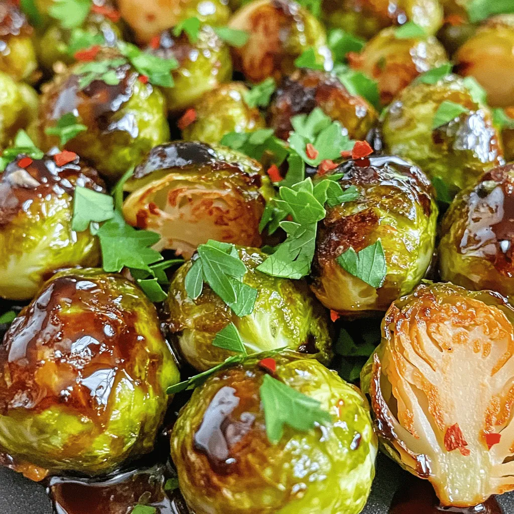 - 1 pound Brussels sprouts, trimmed and halved - 3 tablespoons olive oil - 1 teaspoon sea salt - ½ teaspoon black pepper - 1 tablespoon honey or maple syrup - 3 tablespoons balsamic vinegar - 2 cloves garlic, minced - ¼ teaspoon red pepper flakes (optional) The main ingredients create a great base for crispy Brussels sprouts. The Brussels sprouts bring a nutty flavor. Olive oil helps them roast perfectly. Sea salt and black pepper add simple seasoning. The sweetness from honey or maple syrup balances the tangy balsamic vinegar. Garlic gives depth to the dish, while red pepper flakes add a hint of heat. - Honey or maple syrup - Red pepper flakes for heat Using honey or maple syrup is optional but recommended. Both add a sweet touch to the glaze. Red pepper flakes are also optional. They spice things up and make the dish brighter. - Fresh parsley, chopped Chopped fresh parsley is a must for garnish. It adds color and freshness to the dish. Plus, it makes your plate look beautiful. I always sprinkle it on before serving. You can find the full recipe above for all the details. Enjoy making these crispy Brussels sprouts with balsamic glaze! Preheat your oven to 425°F (220°C). This high heat helps make the Brussels sprouts crispy. Next, line a baking sheet with parchment paper. This step keeps them from sticking. In a large bowl, add 1 pound of halved Brussels sprouts. Pour in 3 tablespoons of olive oil, 1 teaspoon of sea salt, and ½ teaspoon of black pepper. Toss well to coat every piece. Spread the Brussels sprouts on the baking sheet, cut side down. Roast them for 20 to 25 minutes. Flip them halfway through for even cooking. They should be golden brown and crispy when done. While the Brussels sprouts cook, you can make the glaze. In a small saucepan, mix 1 tablespoon of honey or maple syrup, 3 tablespoons of balsamic vinegar, 2 minced garlic cloves, and ¼ teaspoon of red pepper flakes, if you want some heat. Simmer this mixture over medium heat for about 3 to 5 minutes. It should thicken slightly. When your Brussels sprouts are ready, drizzle the glaze over them. Toss gently to coat. Finally, transfer them to a serving plate and garnish with fresh parsley. For the full recipe, check the earlier sections. To get those Brussels sprouts nice and crispy, follow these steps: - Dry them well: After washing, pat the sprouts dry. Moisture can make them soggy. - Cut size matters: Halving them helps cook evenly. Smaller pieces get crispy faster. - Single layer: Spread them out on your baking sheet. Crowding them traps steam. - High heat: Roasting at 425°F (220°C) creates a nice crunch. You can boost the flavor of your Brussels sprouts easily. Here are some ideas: - Spices: Try adding garlic powder or smoked paprika for depth. - Herbs: Fresh thyme or rosemary gives a lovely aroma. - Cheese: A sprinkle of Parmesan adds a salty kick. - Nuts: Toasted walnuts or pecans add crunch and richness. Present your crispy Brussels sprouts beautifully for gatherings: - Serving platter: Use a large, colorful platter to show off the dish. - Garnish: Fresh parsley not only looks great but adds freshness. - Pairing: Serve with roasted meats or as part of a vibrant salad. - Family style: Let guests help themselves from the platter for a warm feel. For the complete guide, check out the Full Recipe for all the details. {{image_2}} You can easily make this dish vegan. Simply swap honey for maple syrup. Maple syrup gives a sweet flavor that works well with the balsamic glaze. This change keeps the recipe plant-based while still being delicious. Feel free to get creative with your veggies. You can add carrots, sweet potatoes, or bell peppers. Just cut them to match the size of the Brussels sprouts. Toss them all together with the olive oil and seasonings. Roasting different veggies adds color and flavor to your dish. You can explore other sauces too. Try a soy sauce glaze for a savory kick. Or use a lemon vinaigrette for a fresh twist. If you want a spicy touch, add some sriracha or chili sauce. Each glaze brings a new taste, making the dish unique every time. For the full recipe, check out the Crispy Brussels Sprouts with Sweet Balsamic Glaze. To store leftovers, let the Brussels sprouts cool first. Place them in an airtight container. They will stay fresh for about 3 days in the fridge. Avoid stacking them too high to keep them crispy. The best way to reheat these Brussels sprouts is in the oven. Preheat your oven to 375°F (190°C). Spread the sprouts on a baking sheet. Heat for about 10 minutes until they are warm and crispy again. You can also use an air fryer for a quick reheat. You can freeze crispy Brussels sprouts, but they may lose some crunch. If you want to freeze them, place them in a single layer on a baking sheet. Freeze until solid, then transfer to a freezer bag. They will keep for up to 3 months. When ready to eat, bake them straight from the freezer for a bit longer to regain some crispiness. You can use frozen Brussels sprouts, but fresh is better. Frozen sprouts change texture. They can become mushy when cooked. This mushiness affects the crunch you want. If you must use frozen, thaw them first. Pat them dry to remove excess moisture. This helps achieve some crispiness when you roast them. Brussels sprouts can taste bitter, but there are ways to fix this. First, trim the stems and remove any yellow leaves. This reduces bitterness. Second, try soaking them in cold water for 30 minutes. This helps to draw out some bitterness. Lastly, roasting them with a sweet glaze, like balsamic, balances the flavors. The sweetness helps mask the bitterness. Balsamic glazed Brussels sprouts pair well with many dishes. Try serving them with roasted chicken or pork. Their flavor complements these meats nicely. You can also serve them alongside grains, like quinoa or rice. Add a sprinkle of feta cheese for extra flavor. For a vegetarian option, pair them with a hearty grain salad. This makes a colorful, tasty meal. Check out the Full Recipe for more ideas! In this post, we explored how to make crispy balsamic glazed Brussels sprouts. You learned about key ingredients, from fresh sprouts to tasty garnishes. The step-by-step instructions guide you in cooking and making a delicious glaze. Tips on crispiness and flavor enhancements help you create a perfect dish. For storage, I shared methods to keep leftovers fresh. Overall, these Brussels sprouts can impress anyone at your next meal. Enjoy experimenting with variations and serving suggestions!