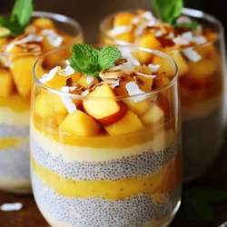 Coconut milk options: canned vs. carton You can use either canned or carton coconut milk for this recipe. Canned coconut milk is thick and creamy. It adds a rich flavor to the pudding. Carton coconut milk is lighter and often has added water. It might make your pudding less creamy but still tasty. Choosing the best peaches for flavor and ripeness When selecting peaches, look for ones that are firm but slightly soft. This shows they are ripe and sweet. Choose peaches with a nice aroma. The best peaches for this pudding have a deep yellow or orange color. Avoid peaches with bruises or dark spots. Natural sweeteners: honey vs. maple syrup You can sweeten your pudding with honey or maple syrup. Honey gives a floral taste, while maple syrup has a warm, earthy flavor. Both work well, so pick the one you like best. Adjust the sweetness based on your taste. Using the right ingredients makes your Peach Coconut Chia Pudding shine. For the full recipe, check out the details above. To start making your peach coconut chia pudding, gather your base ingredients. You will need coconut milk, almond milk, chia seeds, honey or maple syrup, vanilla extract, and a pinch of salt. This blend creates a creamy and tasty base. Whisk the mixture well. This step is key since it helps avoid clumps of chia seeds. A good whisk mixes everything together so each bite is smooth and delicious. Next, refrigerate the pudding. This step is crucial because it allows the chia seeds to soak up the liquid. You should chill it for at least four hours, but overnight is best. This waiting time creates that perfect pudding-like texture. Now comes the fun part: layering your pudding! Grab small cups or bowls to showcase those beautiful layers. Start with a layer of the chia pudding at the bottom. Then, add a layer of diced peaches. Repeat this process until your cups are full. For an even look, try to distribute the layers equally. This ensures that each bite has a balance of pudding and fruit. You want everyone to enjoy the same tasty experience! Finally, garnish your pudding to make it eye-catching. Top it with more diced peaches, toasted coconut flakes, and fresh mint leaves. These little touches not only add flavor but also make your dish look stunning. For the full recipe, check out what we've put together! Soaking chia seeds is key to a great pudding. When you soak them, they absorb liquid and swell up. This creates that nice, thick texture we all love. I suggest soaking your chia seeds for at least four hours or overnight. This time allows them to reach their full potential. You can adjust the texture by changing the liquid. If you want a thicker pudding, add less coconut or almond milk. For a creamier pudding, add more liquid. Play around with it until you find what you like best! To make your peach coconut chia pudding even better, try adding more fruits. Berries, mangoes, or bananas can bring a new twist. Just chop them into small pieces and mix them in. You can also layer them for a pretty look. Spices can add warmth to your pudding. A pinch of cinnamon or nutmeg can change the flavor profile. Just be careful not to overdo it! A little goes a long way. These simple enhancements will make your pudding burst with flavor. For the full recipe, be sure to check out the complete guide! {{image_2}} You can easily adjust this recipe to fit your needs. If you want a vegan option, use maple syrup instead of honey. Maple syrup gives a sweet taste and works well with the pudding. For milk, choose dairy-free options. Almond milk is great, but you can also try oat milk or soy milk. These substitutes keep the pudding creamy and delicious. You can change the fruits in this recipe to match the seasons. In summer, use fresh berries like strawberries or blueberries. In winter, apples or pears can add nice flavor. For special occasions, make it festive! Add spices like cinnamon for a warm touch. You can also layer in holiday-themed fruits for a fun twist. Don't forget to check out the Full Recipe for all the steps to make this treat! To keep your peach coconut chia pudding fresh, store it in the fridge. Use a clean container with a lid. Glass jars work best for this. They prevent odors and keep the pudding tasty. If you only have plastic containers, those will work too. Just make sure they are airtight. When storing, add a layer of plastic wrap over the pudding. This helps seal in moisture. If you have extra peaches or toppings, store them separately. This keeps everything fresh and prevents sogginess. Can you freeze chia pudding? Yes, you can freeze chia pudding. However, the texture may change. Freezing can make it more grainy. It may not be as creamy when thawed. Guidelines for thawing and consumption: To thaw, move the pudding to the fridge overnight. Avoid thawing at room temperature. Once thawed, stir well before serving. If needed, add a splash of coconut or almond milk to bring back creaminess. Enjoy your delicious pudding within a week for the best flavor. How long does chia pudding last in the fridge? Chia pudding lasts about 5 days in the fridge. Make sure to store it in a sealed container. This keeps it fresh and tasty for your next snack. Can I make this recipe in advance? Yes, you can make this recipe in advance. I often prepare it the night before. This way, the chia seeds soak up the liquid and create the perfect texture. What are the health benefits of chia seeds? Chia seeds are packed with nutrients. They contain omega-3 fatty acids, which are good for your heart. They also have fiber, which helps digestion and keeps you full longer. Plus, they are rich in protein and minerals. Enjoying chia pudding can give you a healthy boost! For a full recipe, check out the details above. In this blog post, we covered how to make peach coconut chia pudding. We explored key ingredients, like the best coconut milk and ripe peaches. I shared step-by-step instructions for mixing, layering, and storing your pudding. Tips on achieving the perfect texture, enhancing flavor, and adapting the recipe for diets were included. To wrap up, this dessert is not just tasty but also simple to make. Enjoy experimenting with flavors and seasonal fruits to make it unique!
