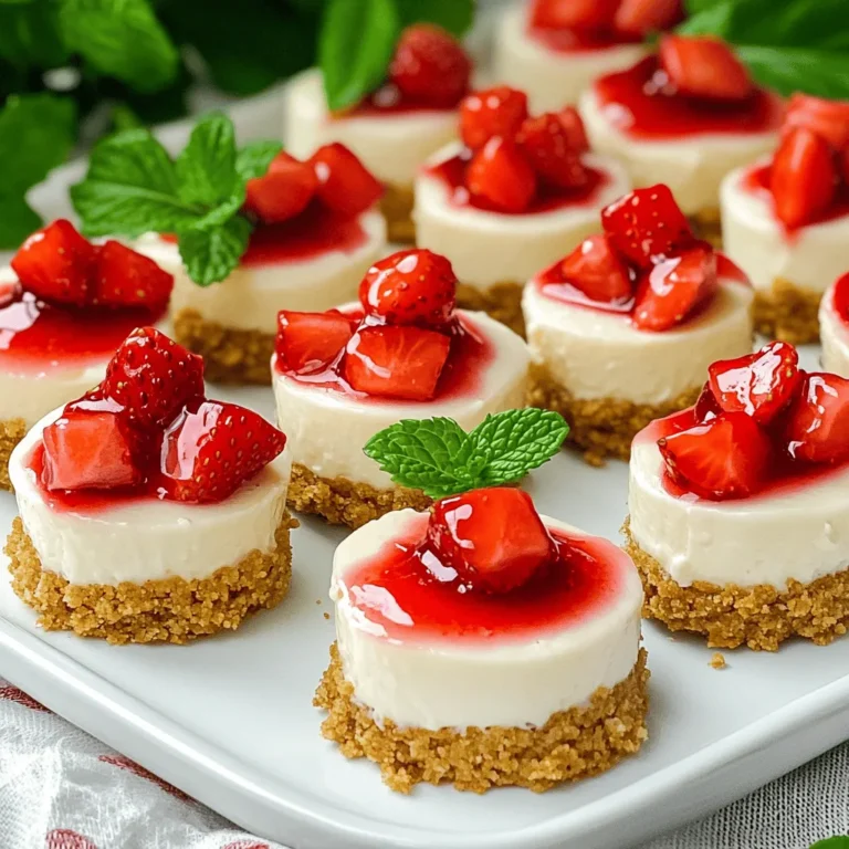 To make these tasty bites, you will need: - 1 cup graham cracker crumbs - 3 tablespoons unsalted butter, melted - 1 cup cream cheese, softened - 1/2 cup powdered sugar - 1 teaspoon vanilla extract - 1/4 cup sour cream - 1 cup fresh strawberries, diced These ingredients create a creamy, sweet treat that is hard to resist. The graham cracker crumbs form a crunchy base. Cream cheese provides a rich texture. Fresh strawberries add a burst of flavor. You can also add some fun toppings: - 1/4 cup strawberry jam - Fresh mint leaves Strawberry jam gives extra sweetness and flavor. Fresh mint leaves add a pop of color and a refreshing taste. To make these bites, gather these tools: - Mini muffin tin - Mixing bowls - Measuring cups and spoons The mini muffin tin is key for shaping the bites. Mixing bowls help combine all the ingredients. Measuring tools ensure precise amounts for the best results. For the full recipe, check the detailed instructions. Happy baking! To start, mix the graham cracker crumbs and melted butter. I like to use my hands for this part. You want it to feel like wet sand. Next, line a mini muffin tin with paper liners. Now, take the crumb mixture and press it firmly into each liner. This helps form a nice crust. In another bowl, beat the softened cream cheese until it’s smooth. This step is key for a creamy filling. Gradually add the powdered sugar and vanilla extract. Keep mixing until everything blends well. Finally, stir in the sour cream. This adds a nice tanginess to our filling. Now, gently fold the diced strawberries into the cream cheese mixture. This step adds fresh flavor to your bites. Then, spoon the mixture over the prepared crusts. Fill each liner to the top for a nice finish. Top each cheesecake bite with a small dollop of strawberry jam. It gives extra sweetness and flavor. Let the mini muffin tin chill in the refrigerator for at least two hours. This helps the bites set properly. Once set, carefully remove them from the muffin tin and place them on a serving platter. Garnish with fresh mint leaves for a nice touch. For the full recipe, check out the detailed instructions earlier. Softened cream cheese is key. It mixes well and gets creamy. Cold cream cheese makes lumps. Take it out of the fridge an hour before mixing. This gives a smooth texture. Chilling time is important too. Let the cheesecake bites chill for at least 2 hours. This helps them firm up. If you skip this step, they may fall apart. Want to add extra flavor? Try adding lemon zest or almond extract. Just a little can make a big difference. You can also mix in some vanilla bean seeds for depth. Balancing sweetness is important. The cream cheese can be rich. Taste the mixture before you fill the crusts. You might want to add more strawberries or a pinch of salt. This helps round out the flavors. Avoid overmixing the cream cheese. Mix just until smooth. Overmixing can add air, which can cause cracks. Check the crust consistency. It should feel like wet sand. If it’s too dry, the bites won't hold together. If it’s too wet, they will be soggy. Adjust the butter or crumbs as needed. For the complete recipe, check out the [Full Recipe]. {{image_2}} You can use other fruits to change the flavor. Blueberries and raspberries work great! They add a nice twist. Mixed berry cheesecake bites are also a fun choice. Just use equal parts of your favorite berries. The mix gives a colorful and tasty treat. Want something unique? Try chocolate strawberry cheesecake bites. Just fold in some melted chocolate with the cream cheese. The rich flavor pairs well with strawberries. Lemon-infused cheesecake bites are another option. Add lemon zest and juice for a fresh zing. The bright taste makes these bites extra special. If you need gluten-free bites, it's easy! Substitute gluten-free graham crackers for the crust. Many brands offer this option. Always check ingredient labels for gluten-free assurance. This way, you can enjoy these bites without worry. To keep your cheesecake bites fresh, store them in the fridge. Place them in an airtight container. This will prevent moisture from getting in. Covering the bites with plastic wrap helps too. Make sure the wrap touches the surface of the bites. This keeps them from drying out. If you want to save some for later, freezing works well. First, let the bites cool completely in the fridge. Next, place them in a single layer on a baking tray. Freeze them for about two hours. Once frozen, transfer them to a freezer-safe container. Use parchment paper between layers to prevent sticking. When you're ready to eat, thaw them in the fridge overnight. These delightful bites stay fresh for about a week in the fridge. Check for any off smells or changes in texture. If they look dry or grainy, it's time to toss them. Keeping an eye on these signs helps you enjoy your treats at their best. Yes, you can make Strawberry Cheesecake Bites a day or two in advance. Store them in the fridge. Keep them in an airtight container to keep them fresh. This way, you can enjoy them at your next gathering without stress. The cheesecake bites are set when they feel firm to the touch. They should not jiggle when you move the tray. You can also look for a slight sheen on the surface. This shows they are ready to serve. Yes, you can use low-fat cream cheese. However, it may change the taste and texture. Low-fat cream cheese tends to be softer and less creamy. It might not hold its shape as well. If you want a richer flavor, stick with regular cream cheese. For the full recipe, check out the details above! Strawberry Cheesecake Bites are easy and fun to make. We covered the key ingredients like graham cracker crumbs, cream cheese, and fresh strawberries. I also shared tips for perfect texture and common mistakes to avoid. You can customize them with different fruits or flavors too. Remember to store leftovers properly. Enjoy these treats as a delicious dessert or snack. With a little practice, you’ll impress everyone with your tasty cheesecake bites. Now, let’s get baking and enjoy this simple, sweet delight!