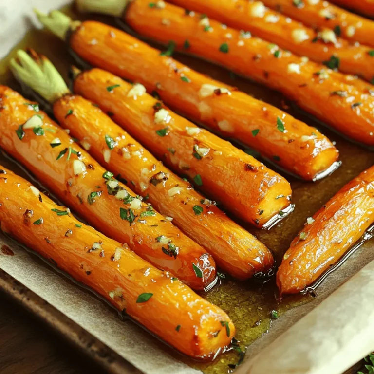 - Baby carrots or regular carrots - Garlic and its benefits - Olive oil and alternatives - Honey's role in the recipe - Thyme options—dried vs fresh - Seasoning and garnish suggestions Baby carrots or regular carrots: I love using baby carrots for their sweetness and size. You can also use regular carrots. Just peel and cut them into sticks. Garlic and its benefits: Garlic brings a strong flavor to the dish. It has health benefits like boosting your immune system and adding flavor without extra calories. You can use fresh or minced garlic, depending on what you have. Olive oil and alternatives: Olive oil adds richness and helps with roasting. If you want, you can swap it with avocado oil or melted butter for a different taste. Honey's role in the recipe: Honey balances the garlic's sharp taste with a hint of sweetness. You can use maple syrup for a vegan option. Thyme options—dried vs fresh: Thyme adds earthy notes. Dried thyme is fine, but fresh thyme gives a brighter flavor. If using fresh, double the amount for a stronger taste. Seasoning and garnish suggestions: Don’t forget salt and pepper! They enhance the flavors. For garnish, sprinkle fresh parsley on top before serving. It adds color and freshness to the dish. For the Full Recipe, check out the detailed instructions for making this tasty dish. To start, you need to cut and peel regular carrots. First, wash the carrots well. Then, peel off the skin using a vegetable peeler. Next, slice them into sticks about one inch thick. This size helps them cook evenly. If you're using baby carrots, you can skip the peeling. Just wash them and they’re ready to go! Now, let's mix all the ingredients. In a big bowl, combine the carrots and minced garlic. Add two tablespoons of olive oil, one tablespoon of honey, and a teaspoon of dried thyme. Don't forget to season with salt and pepper. Toss everything together until the carrots are evenly coated. This step is key. Even coating ensures great flavor in every bite! Next, preheat your oven to 425°F (220°C). Spread the carrots in a single layer on a baking sheet. Make sure they aren’t crowded, as this helps them roast evenly. Bake for 25 to 30 minutes. About halfway through, stir the carrots to help them brown nicely. You’ll know they’re done when they are tender and have a caramelized look. Enjoy those beautifully roasted carrots! You can find the full recipe above for more details. To get the best roasted carrots, avoid common mistakes. First, do not overcrowd your baking sheet. This keeps carrots from steaming. They need space to roast well. Second, cut your carrots into even pieces. This helps them cook at the same rate. To boost the flavor, try adding spices like cumin or paprika. You can also mix in a splash of lemon juice before serving. This brightens the taste and adds freshness. Remember, fresh herbs can elevate the dish, too. A sprinkle of parsley or dill can make a big difference. For the best results, use a sturdy baking sheet. A heavy-duty one prevents warping. Line it with parchment paper for easy cleanup. This keeps the carrots from sticking and helps with even cooking. Consider using a large mixing bowl for tossing. A good spatula can help mix the ingredients well. If you have a kitchen timer, it’s handy for tracking roasting time. A meat thermometer can also help you know when the carrots are just right. {{image_2}} You can change the taste of garlic roasted carrots by adding other herbs and spices. Try using rosemary or oregano for a fresh twist. You can also add a pinch of cumin for a warm, earthy note. Experiment with smoked paprika for a subtle depth. Mixing flavors can make your dish exciting. Another fun idea is to swap the honey for maple syrup or agave nectar. This change gives a different sweetness. You can also skip the sweetener and add extra garlic for a more savory flavor. These options let you adjust the recipe to match your taste. Garlic roasted carrots pair well with many dishes. They go great with grilled chicken or fish. You can also serve them with quinoa or rice for a filling meal. The sweet and savory flavors work well in many meals. For presentation, garnish with chopped parsley or a sprinkle of feta cheese. You can also drizzle a little balsamic glaze on top for a shiny finish. These simple touches make your dish look and taste even better. For the full recipe, check out Garlic Roasted Carrots with Thyme & Honey. To keep your garlic roasted carrots fresh, store them in an airtight container. Glass or plastic containers work well. Place the carrots in the fridge right after they cool. They will stay good for about 3 to 5 days. This way, you can enjoy them later. To reheat garlic roasted carrots, use an oven or skillet. Preheat the oven to 350°F (175°C) and place the carrots on a baking sheet. Heat for about 10 to 15 minutes. If using a skillet, add a splash of olive oil and cook on low heat. Stir gently to keep their texture. This helps maintain their flavor and prevents them from becoming mushy. Enjoy your delicious carrots again! For the full recipe, see the above sections. Yes, you can use many types of carrots. Baby carrots are sweet and tender. Regular carrots are great too. They have a stronger flavor. You can even try purple or yellow carrots for fun. Each type adds a unique taste to the dish. Just keep the size similar for even cooking. Cutting carrots evenly is key for roasting. Aim for sticks about 1 inch long. If you use baby carrots, you can leave them whole. For larger carrots, peel and slice them thin. This helps them cook at the same rate. Uniform sizes mean no burnt or crunchy pieces. To make garlic roasted carrots vegan, swap honey for maple syrup or agave. Both options give a nice sweetness. You can also skip the sweetener and add more herbs. Use fresh thyme or rosemary for a different flavor. This keeps the dish tasty without animal products. Yes, this recipe is gluten-free! All the ingredients are safe for a gluten-free diet. Carrots, garlic, olive oil, and herbs do not contain gluten. So, you can enjoy this dish without worry. It’s perfect for anyone needing to avoid gluten. In this article, we explored how to create delicious roasted carrots using simple ingredients. You learned about selecting carrots, the benefits of garlic, and the best seasonings. I shared step-by-step instructions to ensure perfect roasting. With tips for flavor variation, storage, and reheating, you have all the tools needed for success. Enjoy trying this recipe and making it your own. Happy cooking!