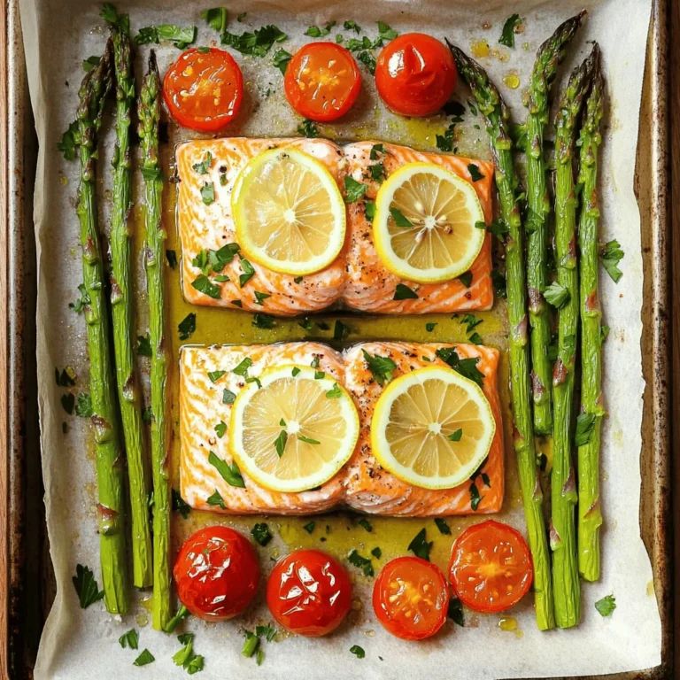 To make Easy Sheet Pan Salmon, gather these ingredients: - 4 salmon fillets - 1 lemon, thinly sliced - 2 cups asparagus, trimmed - 1 cup cherry tomatoes, halved - 3 tablespoons olive oil - 2 teaspoons garlic powder - 1 teaspoon smoked paprika - Salt and pepper to taste - Fresh parsley, chopped for garnish You can add more flavor if you wish. Here are a few ideas: - Fresh herbs like dill or thyme - A splash of soy sauce for umami - Red pepper flakes for some heat - Capers for a briny bite When choosing salmon, look for bright, shiny skin. The flesh should be firm and moist. Avoid any fish with a strong fishy smell. Fresh salmon should smell like the ocean. If you can, buy wild-caught salmon. It often tastes better and is healthier. Check the color, too. Deep pink or red is best. If the salmon is dull, it may not be fresh. Start by gathering your salmon and veggies. Use fresh salmon fillets for the best taste. Trim the asparagus and cut the cherry tomatoes in half. This helps them cook evenly. Line your sheet pan with parchment paper. It makes cleanup quick and easy. Place the salmon in the center of the pan. Spread the asparagus and tomatoes around the salmon. In a small bowl, mix olive oil, garlic powder, smoked paprika, salt, and pepper. This blend adds great flavor. Use a brush to spread the mixture over the salmon. Be generous! Drizzle any leftover oil over the vegetables. Finally, top each salmon fillet with a slice of lemon. This adds a bright taste. Preheat your oven to 400°F (200°C). This temperature cooks the salmon just right. Roast everything for about 15-20 minutes. The salmon should be pink and flake easily with a fork. To check, insert a fork into the thickest part. Once done, remove from the oven and sprinkle with fresh parsley. Enjoy your meal! For the complete recipe, refer to the Full Recipe. To keep your salmon moist, use fresh fillets. Fresh fish tastes better and cooks evenly. Brush the salmon with olive oil before baking. This adds flavor and helps retain moisture. Avoid overcooking the salmon. Cook it just until it flakes easily with a fork. This usually takes about 15-20 minutes at 400°F (200°C). You can also cover the salmon with foil for the first half of cooking. This steams the fish and keeps it juicy. For crisp-tender vegetables, choose the right ones. Asparagus and cherry tomatoes work great. Cut them into even pieces for uniform cooking. Toss the veggies in olive oil before baking. This helps them roast nicely. Spread the vegetables out in a single layer on the sheet pan. This allows them to cook evenly without steaming. Keep an eye on them, as they may cook faster than the salmon. Remove them when they are vibrant in color and tender to the bite. One common mistake is overcrowding the pan. When you pack too much on one sheet, food steams instead of roasts. This leads to soggy veggies and fish. Another mistake is not seasoning enough. A good amount of salt and pepper enhances flavor. Lastly, do not skip preheating the oven. If the oven isn’t hot enough, cooking times will vary. Follow the Full Recipe closely, and you’ll avoid these pitfalls. Enjoy your meal! {{image_2}} You can change up the veggies in this dish. Try using broccoli, bell peppers, or zucchini. These vegetables roast well and add great flavor. Just remember to cut them into similar sizes. This helps them cook evenly with the salmon. Carrots or snap peas also work well if you want a bit of crunch. Each choice adds color and taste to your meal. While the recipe uses garlic powder and smoked paprika, you can mix it up. Try a blend of lemon zest and dill for a fresh taste. Or use chili powder and cumin for a kick. If you love Asian flavors, mix soy sauce and ginger. The options are endless! Experimenting with spices keeps the dish exciting and new. To make this sheet pan salmon low-carb, focus on the veggies. Stick to non-starchy options like spinach, zucchini, or cauliflower. Remove any high-carb vegetables like potatoes or corn. You can also replace olive oil with avocado oil for added health benefits. This keeps the meal tasty and fits your diet plan. Enjoy healthy meals without sacrificing flavor. For the full recipe, check out the Easy Sheet Pan Salmon . To store leftover Easy Sheet Pan Salmon, let it cool first. Place the salmon and veggies in an airtight container. This helps keep them fresh. You can also separate the salmon from the vegetables if you prefer. Store it in the fridge for up to three days. Reheating salmon can be tricky. To keep it tasty, use the oven. Preheat it to 275°F (135°C). Place the salmon on a baking sheet. Cover it with foil to prevent drying out. Heat for about 15 minutes. This warms it without losing flavor. You can also use a microwave. But be careful, as it may dry out the fish. Heat in short bursts, checking often. Freezing is a great option for meal prep. To freeze your Easy Sheet Pan Salmon, wrap each piece in plastic wrap. Then, place them in a freezer bag. Remove as much air as you can. This helps avoid freezer burn. You can freeze salmon for up to three months. When ready to eat, thaw it in the fridge overnight. This keeps it safe and tasty. The best way to tell if salmon is cooked is to check its color and texture. Cooked salmon changes from a bright pink to a lighter, opaque pink. Use a fork to see if it flakes easily. If it does, your salmon is ready! An instant-read thermometer can help too. Aim for an internal temperature of 145°F (63°C). This ensures it is safe and delicious. Yes, you can use frozen salmon for this recipe! Just keep a few things in mind. First, thaw the salmon before cooking. You can leave it in the fridge overnight or use a quick cold-water method. Be sure to pat it dry with paper towels before seasoning. This helps the seasoning stick and prevents excess water from steaming the fish. Sheet pan salmon pairs well with many sides. Here are some ideas: - Rice or quinoa for a filling base - A fresh salad for a light touch - Roasted or steamed vegetables for extra color - Mashed potatoes for comfort food vibes These options add flavor and make your meal more complete. Yes, this Easy Sheet Pan Salmon is a healthy choice! Salmon is rich in omega-3 fatty acids, which are great for heart health. The vegetables add fiber and vitamins. Olive oil provides healthy fats too. This meal is low in carbs and high in nutrients, making it a smart option for any diet. Enjoy knowing you are serving a dish that is both tasty and good for you! In this post, we explored how to make Easy Sheet Pan Salmon. We covered ingredients, cooking steps, and tips for moist salmon. I shared ways to add flavor and avoid common mistakes. You learned about variations, storage, and reheating methods. Remember, you can adapt this dish to fit your taste. Whether you are new to cooking or seasoned, you can enjoy this simple recipe. Cooking can be fun and rewarding. So, let’s get started and make some tasty salmon!