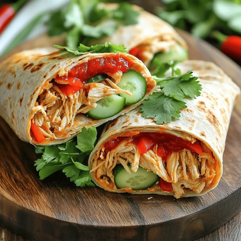- Shredded chicken - Sriracha sauce - Honey The main ingredients in these wraps make them special. First, you need shredded chicken. It gives the wrap a nice base. You can use leftover chicken or cook some fresh. Next, Sriracha sauce adds heat and flavor. This sauce is spicy but also tangy. A little goes a long way! Lastly, honey sweetens the mix. It balances the heat from the Sriracha. Just a tablespoon is enough to enhance the taste. - Additional vegetables - Cheese options You can customize your wraps with optional add-ins. Adding more vegetables boosts nutrition and taste. Think about bell peppers, carrots, or even avocado. Each adds a unique crunch. Cheese can also make a great addition. Feta or cheddar works well here. It melts beautifully and adds creaminess. Feel free to mix and match as you like. - Whole wheat tortillas - Gluten-free alternatives Tortillas are the best way to wrap all these goodies. Whole wheat tortillas are a healthy choice. They add fiber and a nutty taste. If gluten is a concern, try gluten-free tortillas. They come in various flavors and textures. Choose the one that suits your diet. The right tortilla can make each bite even better. For the full recipe, check out the recipe section. You’ll find all the steps you need to make these wraps delicious! Start by mixing the cooked chicken with sriracha sauce. Use about 1/4 cup of sriracha for two cups of chicken. Add one tablespoon of honey for a sweet touch. Season with salt and pepper to taste. Stir until the chicken is well-coated. This mixture brings heat and flavor to your wraps. For seasoning tips, remember that you can adjust the sriracha based on your spice level. If you like it milder, use less sriracha or add more honey. This way, you can fine-tune the taste to fit your palate. Next, let's sauté the vegetables. Heat one tablespoon of olive oil in a skillet over medium heat. Add the thinly sliced red bell pepper. Sauté for about 3-4 minutes until they soften. This keeps them crunchy yet tender. Remove them from the heat once they are bright and slightly tender. For best practices, always make sure the oil is hot before adding the veggies. This helps lock in their flavors and keeps them from getting soggy. Now, it’s time to assemble the wraps. Lay the large whole wheat tortillas flat on a clean surface. First, add an even layer of shredded lettuce on each tortilla. This adds a fresh crunch. Next, spoon the spicy chicken mixture over the lettuce. Follow this with the sautéed red bell peppers and thinly sliced cucumber. Finally, sprinkle chopped cilantro on top for extra flavor. When wrapping, fold in the sides of the tortilla. Then, roll it tightly from the bottom. This keeps all the yummy fillings secure. Repeat this for each tortilla. If you want a crispy finish, grill the wraps in a skillet for 2-3 minutes on each side. For the full recipe and more tips, check out the [Full Recipe]. To make your Spicy Sriracha Chicken Wraps just right, adjust the spice levels first. If you want less heat, use less sriracha sauce or mix in some yogurt. You can also add more honey for sweetness. Next, ensure even cooking. When sautéing the red bell pepper, stir regularly. This keeps them from burning and helps them cook evenly. For a tasty meal, pair your wraps with sauces. Try ranch dressing or a cool yogurt dip. These balance the heat from the sriracha. Best sides to serve include fresh fruit or a simple salad. They add freshness and color to your meal. Make your wraps look great on the plate. Slice each wrap in half diagonally. Arrange them neatly on a platter. For added flair, drizzle some extra sriracha on top. Garnish with chopped cilantro to make it pop. This makes your dish look as good as it tastes! {{image_2}} You can switch up the protein in these wraps. Try using grilled shrimp or tofu. These options add a new twist. If you want a vegetarian option, use chickpeas or black beans. They provide protein and a nice texture. If you want to change the sauce, try different spicy sauces. Gochujang or harissa can work well. You can also mix sweet and savory flavors. For example, add a dash of teriyaki sauce or a bit of barbecue sauce. These can balance the heat and make it exciting. Feel free to customize your wraps with different greens. Romaine or spinach can add a fresh taste. You can also add toppings like avocado or jalapeños. These extras can enhance the flavor and make every bite interesting. For the full recipe, check out the link above! To keep your spicy sriracha chicken wraps fresh, store leftovers in the fridge. Place each wrap in a single layer in an airtight container. This helps prevent them from getting soggy. You can also wrap them in plastic wrap for extra protection. Make sure to eat them within three days for the best taste. To reheat your wraps, use a skillet over medium heat. This keeps the texture nice and crispy. Heat each wrap for about 2-3 minutes on each side. You can also microwave them, but this may make the wraps a bit soft. For a fun twist, serve them cold with a side of extra sriracha or a yogurt dip. If you want to freeze your wraps, wrap each one tightly in foil or plastic wrap. Then, place them in a freezer-safe bag. This way, they won’t get freezer burn. When you’re ready to eat, thaw the wraps in the fridge overnight. Heat them in a skillet for the best results. Enjoy your spicy sriracha chicken wraps any time! For the full recipe, check out the earlier section. To tone down the heat, you can adjust a few ingredients. Use less sriracha sauce in your mix. You can also add more honey to balance the spice. Adding creamy ingredients, like sour cream or yogurt, helps cool the wraps too. If you use milder vegetables, like bell peppers or lettuce, they can also tone down the heat. Yes, you can prepare these wraps ahead of time! To meal prep, assemble the wraps but leave out the lettuce and sauce until you're ready to serve. This keeps the wraps fresh and crunchy. Store them in an airtight container in the fridge. They should stay good for about two days. Serve these wraps with some extra sriracha on the side for dipping. A fresh salad pairs well with them. You can also add some crunchy chips or a light soup. For a pop of color, add a garnish of cilantro on top. Make sure to slice the wraps in half for a nice presentation. Check out the Full Recipe for more serving ideas! You can create spicy Sriracha chicken wraps easily. We've covered the key ingredients like chicken, Sriracha, and honey. Adding vegetables or cheese helps personalize your wrap. Choosing the right tortilla is crucial for taste and texture. I shared step-by-step instructions to help you prepare, cook, and assemble these wraps. Remember the tips for spice levels and serving suggestions for the best experience. Don't hesitate to try different proteins and sauces to make them your own. Enjoy the process and make these wraps a regular meal in your home.