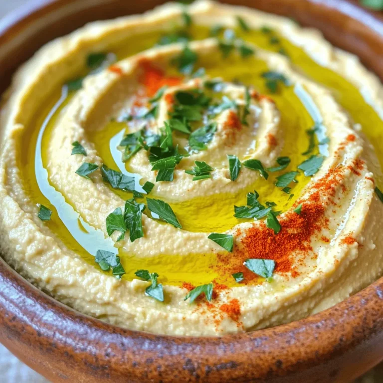 To make roasted garlic hummus, you need simple ingredients. Here’s what you’ll need: - 1 cup dried chickpeas (or 2 cans of chickpeas, rinsed and drained) - 1 head of garlic - 1/4 cup tahini - 1/4 cup lemon juice (about 2 lemons) - 2 tablespoons olive oil - 1 teaspoon ground cumin - Salt to taste - Water as needed - Fresh parsley for garnish These ingredients work together to create a creamy and flavorful dip. The chickpeas give it texture, while the roasted garlic adds a rich taste. You can customize your hummus with some optional add-ins. Here are a few ideas: - 1/4 teaspoon smoked paprika - A pinch of red pepper flakes for heat - Fresh herbs like cilantro or basil - A squeeze of lime juice for a zesty kick Feel free to experiment with these add-ins to make your hummus unique. Each addition can bring a new twist to the classic recipe. Each serving of roasted garlic hummus packs a nutritious punch. Here’s a quick look at the nutrition: - Calories: 150 - Protein: 6g - Fat: 8g - Carbohydrates: 15g - Fiber: 4g This hummus is a healthy snack option. It is rich in protein and fiber, making it great for any diet. Enjoy it with veggies or pita, and feel good about what you eat! For the full recipe, check out the complete guide above. Roasting garlic is simple and rewarding. Start by preheating your oven to 400°F (200°C). Take a head of garlic and cut off the top to expose the cloves. Drizzle a teaspoon of olive oil over the cut side. Wrap the garlic in aluminum foil to keep it moist. Roast it for 30 to 35 minutes until the cloves are soft and golden. Once done, let it cool before you handle it. This step adds a sweet and rich flavor to your hummus. You can use either dried or canned chickpeas for your hummus. If you choose dried chickpeas, soak them overnight in water. This helps them cook faster. After soaking, drain and rinse them. Cook the chickpeas in boiling water for about one to two hours until they are tender. If you prefer canned chickpeas, simply rinse and drain them. Canned chickpeas are quicker and still taste great in hummus. To make smooth hummus, use a food processor. First, add the cooked chickpeas, roasted garlic, tahini, lemon juice, olive oil, ground cumin, and salt into the processor. Blend the mixture until smooth. If it feels too thick, add water one tablespoon at a time. Blend again after each addition until you reach a creamy consistency. Taste your hummus and adjust the flavors if needed. This step is key to creating a delicious dip. You can find the full recipe for roasted garlic hummus [here]. When making roasted garlic hummus, a few common mistakes can ruin your dip. First, don’t skip roasting the garlic. Raw garlic can taste sharp and bitter. Always roast it for a sweet, rich flavor. Second, avoid using canned chickpeas without rinsing. This can add a tinny taste. Always rinse and drain them well. Lastly, don’t rush the blending process. Blend until smooth for the best texture. Getting the right consistency is key for great hummus. If your hummus is too thick, just add water. Start with a tablespoon at a time. Blend well after each addition. If it’s too thin, add a bit more chickpeas or tahini. Aim for a creamy, spreadable texture. You want it smooth, but not runny. Roasted garlic hummus tastes great with many flavors. Try it with fresh veggies like carrots, cucumbers, or bell peppers. Crispy pita chips are a perfect match too. You can also serve it with olives or feta cheese for a Mediterranean twist. For an extra kick, add some red pepper flakes or a drizzle of hot sauce. Each option adds a new layer of flavor to your dip. {{image_2}} To make a spicy version, add heat! You can mix in a dash of cayenne pepper or a spoonful of harissa paste. These spices boost flavor and warmth. Blend them in with the chickpeas and garlic. Taste as you go to find your perfect spice level. Fresh herbs can brighten up your hummus. Try adding basil, cilantro, or dill. Just toss a handful into the food processor with the other ingredients. The herbs bring a fresh twist. You can also use dried herbs if fresh ones are not available. If you want a creamier texture, try adding avocado instead of tahini. This keeps the dip smooth and rich without dairy. Another option is to use sunflower seed butter in place of tahini. This change keeps it nut-free and still tasty. Remember, these swaps keep the hummus flavor exciting! For the full recipe, check out the complete details on Roasted Garlic Hummus. To keep your roasted garlic hummus fresh, store it in an airtight container. Make sure to cover the top with a thin layer of olive oil. This helps seal in moisture and flavor. Always use a clean spoon when scooping out hummus. This prevents bacteria from spoiling the dip. Keep your hummus in the fridge. It stays fresh longer when kept cold. Roasted garlic hummus can last about 5 to 7 days in the fridge. If you notice any changes in color or smell, it’s best to toss it. Always check for signs of spoilage. This ensures you enjoy the best flavor and quality. If you made a large batch, consider freezing some for later use. To freeze your roasted garlic hummus, use a freezer-safe container. Leave some space at the top, as hummus expands when frozen. You can also freeze it in ice cube trays for easy portioning. Just pop out a cube when you’re ready to enjoy. When thawing, move it to the fridge overnight. Stir well before serving to restore its creamy texture. For the full recipe, check out the earlier sections! Roasted garlic hummus is a creamy dip made from chickpeas, roasted garlic, and tahini. It has a rich, nutty flavor. The roasted garlic adds a sweet, mellow taste, making this dip special. This dish is perfect for snacks or parties. You can enjoy it with pita bread, veggies, or crackers. Yes, you can find pre-made roasted garlic hummus in many grocery stores. Look in the deli or refrigerated section. It is a quick option if you are short on time. Just check the ingredients for quality. However, making it at home gives you fresh flavors and more control. You can easily customize your hummus. Here are some ideas: - Add herbs like basil or cilantro for freshness. - Mix in roasted red peppers for sweetness. - Spice it up with chili flakes for heat. - Incorporate lemon zest for a bright flavor. Experiment with different ingredients to find your favorite blend. Roasted garlic provides many health benefits. It is rich in vitamins and minerals. Garlic may boost your immune system and lower blood pressure. It also has antioxidants that can help reduce inflammation. This makes it a great addition to your diet. Yes, hummus is vegan. It is made with plant-based ingredients like chickpeas, garlic, and tahini. This makes it a perfect snack for those who do not eat animal products. Enjoy it guilt-free and share it with your friends. Check the label if you buy it, to ensure it meets your dietary needs. For the full recipe, check out Roasted Garlic Hummus. Roasted garlic hummus is simple and delicious. We explored essential ingredients, including fun add-ins for taste. I shared step-by-step instructions, tips to avoid mistakes, and blends for the perfect consistency. Variations like spicy and herb-infused add flair to your dish. Finally, proper storage helps keep your hummus fresh longer. Now, you have the tools to make great hummus at home. Enjoy creating and tasting your own unique flavors!
