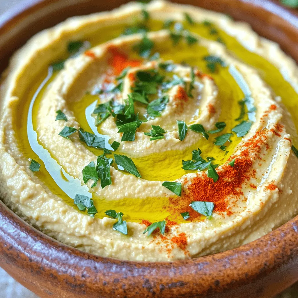 To make roasted garlic hummus, you need simple ingredients. Here’s what you’ll need: - 1 cup dried chickpeas (or 2 cans of chickpeas, rinsed and drained) - 1 head of garlic - 1/4 cup tahini - 1/4 cup lemon juice (about 2 lemons) - 2 tablespoons olive oil - 1 teaspoon ground cumin - Salt to taste - Water as needed - Fresh parsley for garnish These ingredients work together to create a creamy and flavorful dip. The chickpeas give it texture, while the roasted garlic adds a rich taste. You can customize your hummus with some optional add-ins. Here are a few ideas: - 1/4 teaspoon smoked paprika - A pinch of red pepper flakes for heat - Fresh herbs like cilantro or basil - A squeeze of lime juice for a zesty kick Feel free to experiment with these add-ins to make your hummus unique. Each addition can bring a new twist to the classic recipe. Each serving of roasted garlic hummus packs a nutritious punch. Here’s a quick look at the nutrition: - Calories: 150 - Protein: 6g - Fat: 8g - Carbohydrates: 15g - Fiber: 4g This hummus is a healthy snack option. It is rich in protein and fiber, making it great for any diet. Enjoy it with veggies or pita, and feel good about what you eat! For the full recipe, check out the complete guide above. Roasting garlic is simple and rewarding. Start by preheating your oven to 400°F (200°C). Take a head of garlic and cut off the top to expose the cloves. Drizzle a teaspoon of olive oil over the cut side. Wrap the garlic in aluminum foil to keep it moist. Roast it for 30 to 35 minutes until the cloves are soft and golden. Once done, let it cool before you handle it. This step adds a sweet and rich flavor to your hummus. You can use either dried or canned chickpeas for your hummus. If you choose dried chickpeas, soak them overnight in water. This helps them cook faster. After soaking, drain and rinse them. Cook the chickpeas in boiling water for about one to two hours until they are tender. If you prefer canned chickpeas, simply rinse and drain them. Canned chickpeas are quicker and still taste great in hummus. To make smooth hummus, use a food processor. First, add the cooked chickpeas, roasted garlic, tahini, lemon juice, olive oil, ground cumin, and salt into the processor. Blend the mixture until smooth. If it feels too thick, add water one tablespoon at a time. Blend again after each addition until you reach a creamy consistency. Taste your hummus and adjust the flavors if needed. This step is key to creating a delicious dip. You can find the full recipe for roasted garlic hummus [here]. When making roasted garlic hummus, a few common mistakes can ruin your dip. First, don’t skip roasting the garlic. Raw garlic can taste sharp and bitter. Always roast it for a sweet, rich flavor. Second, avoid using canned chickpeas without rinsing. This can add a tinny taste. Always rinse and drain them well. Lastly, don’t rush the blending process. Blend until smooth for the best texture. Getting the right consistency is key for great hummus. If your hummus is too thick, just add water. Start with a tablespoon at a time. Blend well after each addition. If it’s too thin, add a bit more chickpeas or tahini. Aim for a creamy, spreadable texture. You want it smooth, but not runny. Roasted garlic hummus tastes great with many flavors. Try it with fresh veggies like carrots, cucumbers, or bell peppers. Crispy pita chips are a perfect match too. You can also serve it with olives or feta cheese for a Mediterranean twist. For an extra kick, add some red pepper flakes or a drizzle of hot sauce. Each option adds a new layer of flavor to your dip. {{image_2}} To make a spicy version, add heat! You can mix in a dash of cayenne pepper or a spoonful of harissa paste. These spices boost flavor and warmth. Blend them in with the chickpeas and garlic. Taste as you go to find your perfect spice level. Fresh herbs can brighten up your hummus. Try adding basil, cilantro, or dill. Just toss a handful into the food processor with the other ingredients. The herbs bring a fresh twist. You can also use dried herbs if fresh ones are not available. If you want a creamier texture, try adding avocado instead of tahini. This keeps the dip smooth and rich without dairy. Another option is to use sunflower seed butter in place of tahini. This change keeps it nut-free and still tasty. Remember, these swaps keep the hummus flavor exciting! For the full recipe, check out the complete details on Roasted Garlic Hummus. To keep your roasted garlic hummus fresh, store it in an airtight container. Make sure to cover the top with a thin layer of olive oil. This helps seal in moisture and flavor. Always use a clean spoon when scooping out hummus. This prevents bacteria from spoiling the dip. Keep your hummus in the fridge. It stays fresh longer when kept cold. Roasted garlic hummus can last about 5 to 7 days in the fridge. If you notice any changes in color or smell, it’s best to toss it. Always check for signs of spoilage. This ensures you enjoy the best flavor and quality. If you made a large batch, consider freezing some for later use. To freeze your roasted garlic hummus, use a freezer-safe container. Leave some space at the top, as hummus expands when frozen. You can also freeze it in ice cube trays for easy portioning. Just pop out a cube when you’re ready to enjoy. When thawing, move it to the fridge overnight. Stir well before serving to restore its creamy texture. For the full recipe, check out the earlier sections! Roasted garlic hummus is a creamy dip made from chickpeas, roasted garlic, and tahini. It has a rich, nutty flavor. The roasted garlic adds a sweet, mellow taste, making this dip special. This dish is perfect for snacks or parties. You can enjoy it with pita bread, veggies, or crackers. Yes, you can find pre-made roasted garlic hummus in many grocery stores. Look in the deli or refrigerated section. It is a quick option if you are short on time. Just check the ingredients for quality. However, making it at home gives you fresh flavors and more control. You can easily customize your hummus. Here are some ideas: - Add herbs like basil or cilantro for freshness. - Mix in roasted red peppers for sweetness. - Spice it up with chili flakes for heat. - Incorporate lemon zest for a bright flavor. Experiment with different ingredients to find your favorite blend. Roasted garlic provides many health benefits. It is rich in vitamins and minerals. Garlic may boost your immune system and lower blood pressure. It also has antioxidants that can help reduce inflammation. This makes it a great addition to your diet. Yes, hummus is vegan. It is made with plant-based ingredients like chickpeas, garlic, and tahini. This makes it a perfect snack for those who do not eat animal products. Enjoy it guilt-free and share it with your friends. Check the label if you buy it, to ensure it meets your dietary needs. For the full recipe, check out Roasted Garlic Hummus. Roasted garlic hummus is simple and delicious. We explored essential ingredients, including fun add-ins for taste. I shared step-by-step instructions, tips to avoid mistakes, and blends for the perfect consistency. Variations like spicy and herb-infused add flair to your dish. Finally, proper storage helps keep your hummus fresh longer. Now, you have the tools to make great hummus at home. Enjoy creating and tasting your own unique flavors!