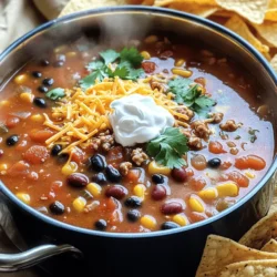 To make a great taco soup, you need some key items. Start with: - 1 pound ground turkey or beef - 1 medium onion, diced - 2 cloves garlic, minced - 4 cups chicken or vegetable broth These main ingredients form the base of the soup. The ground meat adds protein, while onion and garlic enhance the flavor. The broth gives the soup its hearty texture. Next, grab some canned goods to save time. You will need: - 1 can (15 oz) black beans, rinsed and drained - 1 can (15 oz) kidney beans, rinsed and drained - 1 can (15 oz) corn kernels, drained - 1 can (28 oz) diced tomatoes with green chilies These canned ingredients add depth and nutrition. Black and kidney beans offer fiber and protein. The corn brings sweetness, while the diced tomatoes add a nice tang. Finally, you cannot forget the seasonings and toppings. Get: - 1 packet taco seasoning - 1 tablespoon olive oil - Salt and pepper to taste - Optional toppings: sour cream, shredded cheese, chopped cilantro, sliced jalapeños, tortilla chips The taco seasoning gives the soup its signature flavor. Olive oil helps sauté the onion and garlic. Toppings can elevate the soup and make it special. You can mix and match toppings to suit your taste. For the complete recipe, check out the Full Recipe section. First, heat the olive oil in a large pot over medium heat. Add the diced onion and sauté until the onion is soft and clear, which takes about 3 to 4 minutes. This step builds a nice flavor base. Next, toss in the minced garlic and stir it for one minute. You will smell the wonderful aroma. Now, add the ground turkey or beef to the pot. Break it apart with a spoon as it cooks. You want to brown the meat for about 5 to 7 minutes. Drain any extra fat if needed. This keeps your soup light and tasty. Once the meat is browned, sprinkle in the taco seasoning. Mix it well and let it cook for about 2 minutes. This lets the spices blend with the meat. Now, it’s time to add the canned items. Pour in the black beans, kidney beans, corn, and diced tomatoes with their juice. Then, add the chicken or vegetable broth. Stir everything until it is well mixed. Bring the soup to a boil, then reduce the heat to low. Let it simmer for 20 to 25 minutes. This step allows all the flavors to meld together, making every bite delicious. After simmering, taste the soup. Add salt and pepper as needed to enhance the flavor. This is your chance to make it perfect. When ready, serve the soup hot, and don’t forget your favorite toppings! You can use sour cream, shredded cheese, cilantro, jalapeños, or crunchy tortilla chips. For the full recipe, check out the details above and enjoy this simple yet flavorful comfort dish! You can switch out the meat for leaner options. Ground turkey works well. If you prefer vegetarian, use lentils or more beans. This keeps the soup hearty and healthy. You can also use quinoa for a twist. Both options make the dish tasty and filling. To boost flavor, add spices like cumin, paprika, or chili powder. Fresh herbs like cilantro or parsley can brighten the soup. Consider using a squeeze of lime juice for a zesty kick. You can also use smoked paprika for a deeper taste. These small changes can make a big difference in your soup. The right pot makes cooking easier. A large pot or Dutch oven works best for soup. It helps heat everything evenly. Use a wooden spoon for stirring; it won’t scratch your pot. A good ladle is key for serving. With these tools, you’ll whip up a delicious taco soup in no time. For a full recipe and detailed instructions, check out the [Full Recipe]. {{image_2}} To make a spicy taco soup, add extra chili peppers. You can use jalapeños or serranos. Start with one pepper, then taste the soup. Add more if you want more heat. Fresh peppers bring a lively kick. You can also add hot sauce to boost the flavor. This variation is perfect for heat lovers. It warms you up on a cold day. For a vegetarian taco soup, use only beans and vegetables. Replace meat with an extra can of black beans. Add more corn and diced tomatoes for body. You can also include bell peppers, zucchini, or carrots. These veggies add nutrition and flavor. This version is hearty yet light. It’s a great dish for anyone avoiding meat. You can easily make taco soup in a slow cooker. Start by browning the meat in a pan. Then, add it to the slow cooker. Toss in all the other ingredients: beans, corn, tomatoes, and broth. Set your slow cooker on low for six to eight hours. This method allows the flavors to meld perfectly. It’s an easy way to prepare a meal ahead of time. You can find the full recipe online for more details. After you enjoy your taco soup, store any leftovers in the fridge. Use an airtight container to keep it fresh. Let the soup cool down before sealing it. This helps avoid condensation, which can make it soggy. Leftovers are best if eaten within three to four days. To freeze taco soup, first, let it cool completely. Use freezer-safe containers or bags to store it. Leave some space at the top of the container. The soup will expand when frozen. When ready to eat, thaw it in the fridge overnight. Reheat it on the stove over low heat. Stir often to avoid burning. In the fridge, taco soup lasts for about three to four days. If you freeze it, it can last for up to three months. The flavor may change a bit over time, but it will still be good. Always check for any signs of spoilage before eating. Enjoy your tasty taco soup later with confidence! Yes, you can use fresh ingredients. Fresh produce can enhance the flavor. For example, use fresh beans instead of canned ones. If you choose fresh tomatoes, peel and chop them. Use about 4 medium tomatoes for this soup. For corn, use fresh ears. One ear gives about one cup when cut off. Fresh onions and garlic are also great. Just chop them as you would for canned. To make Taco Soup dairy-free, skip the cheese and sour cream. Use dairy-free yogurt or avocado instead. These add creaminess without dairy. Some brands sell dairy-free cheese. It melts well and tastes good. You can also use coconut cream for a rich texture. Taco Soup pairs well with several sides. You can serve it with tortilla chips for crunch. A simple green salad adds freshness. Cornbread is another warm option that complements the soup. For toppings, consider sliced avocado, green onions, or jalapeños. You can find more ideas in the Full Recipe. In this blog post, I shared how to make a flavorful taco soup. We covered ingredients like ground turkey or beef, canned beans, and fresh veggies. I detailed steps to prepare the base and combine everything for a tasty meal. We explored tips for substitutions, how to enhance flavor, and cooking methods, including slow cooker options. Taco soup is flexible and easy to store. You can enjoy it now or save some for later. Use these ideas to create a dish that warms your heart and fills your belly.