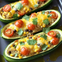 - 4 medium zucchini - 1 cup cooked quinoa - 1 cup cherry tomatoes, halved - 1/2 cup corn kernels - 1/2 cup black beans - 1/4 cup red onion, finely chopped - 1 teaspoon garlic powder - 1 teaspoon cumin - 1/2 teaspoon smoked paprika - Salt and pepper to taste - 1 cup shredded cheese (cheddar or mozzarella) - Fresh cilantro or parsley for garnish - Olive oil for drizzling In this recipe, the main ingredients create a healthy and tasty base. The zucchini acts as a perfect vessel to hold the filling. Cooked quinoa offers a great source of protein and fiber. Cherry tomatoes add a burst of sweetness. Corn kernels bring a nice crunch, and black beans add heartiness. For seasoning, chopped red onion gives a fresh, sharp taste. Garlic powder adds depth, while cumin and smoked paprika bring warmth and earthiness. Salt and pepper balance all the flavors. The additional ingredients really elevate this dish. Shredded cheese melts beautifully, creating a gooey topping. Fresh herbs like cilantro or parsley make your dish look vibrant and fresh. Drizzling olive oil adds richness and enhances the flavor of the zucchini boats. You can find the full recipe to guide you through the cooking steps. Enjoy making these easy stuffed zucchini boats! - Preheat the oven to 375°F (190°C). - Prepare the zucchini by cutting in half and scooping out the seeds. To start, preheating your oven is essential. This ensures your zucchini cooks evenly. Next, grab your medium zucchini and slice them in half lengthwise. Use a spoon to scoop out the seeds. Aim to leave about 1/4 inch of flesh. This creates a sturdy boat to hold your filling. - Combine all filling ingredients in a large mixing bowl. - Stuff each zucchini with the prepared filling. Now comes the fun part! In a large mixing bowl, combine the filling ingredients. You’ll mix cooked quinoa, cherry tomatoes, corn, black beans, red onion, garlic powder, cumin, smoked paprika, salt, and pepper. Stir well until everything is combined. Grab each zucchini boat and stuff it with this tasty mixture. Press it down gently to pack it in. This will ensure every bite is flavorful. - Place stuffed zucchini in a greased baking dish. - Cover with foil and bake for 20 minutes, then uncover and bake for an additional 10-15 minutes. Once stuffed, place your zucchini boats in a greased baking dish. This helps them not stick. Drizzle a little olive oil on top for extra flavor. Cover the dish with foil to keep the moisture in. Bake for 20 minutes. After that, uncover and bake for another 10 to 15 minutes. The zucchini should be tender, and the cheese will be bubbly and golden. This method gives you a perfect balance of texture and taste. For the full recipe, check the details above! To get the best zucchini boats, choose fresh, firm zucchini. This ensures they hold their shape while cooking. Soft or overripe zucchini will not work well. You can save time by using leftover cooked quinoa. This makes the prep quick and easy, letting you focus on the fun part—stuffing. Cheese can change the whole dish. Try different types like feta or goat cheese for a special twist. They add a unique flavor that elevates your meal. You can also add cheese at different times. Putting it on before baking makes it gooey. If you add it near the end, it will melt softly on top. Garnishing your dish can make it look great. Use fresh herbs like cilantro or parsley before serving. This adds a pop of color and fresh taste. Pair your zucchini boats with a simple side salad for a complete meal. A fresh salad balances the flavors and adds crunch to your plate. {{image_2}} You can make stuffed zucchini boats even more exciting with vegetarian swaps. Here are some ideas: - Substitute quinoa with rice or couscous: Rice or couscous gives a different texture. They also soak up flavors well. - Add various vegetables like bell peppers or spinach: Toss in bell peppers or spinach for added color and nutrition. These veggies mix well with the filling. Need more protein? Boost your filling with these options: - Incorporate ground turkey, beef, or plant-based protein into the filling: Ground turkey or beef makes the dish heartier. Plant-based protein is a great choice for vegans. - Top with cooked sausage or bacon for a heartier dish: For a savory kick, add sausage or crispy bacon on top. This brings great flavor to the meal. Changing the spices can take your zucchini boats to the next level. Here’s how: - Try different spices such as Italian seasoning or chili powder for varied tastes: Italian herbs add a rich flavor. Chili powder gives a nice heat. - Add hot sauce for a spicy kick: A drizzle of hot sauce can wake up the dish with a zesty touch. Adjust the heat to your liking. These variations make your stuffed zucchini boats fit your tastes and needs! You can explore these ideas and find your favorite mix. For the full recipe, check out the [Full Recipe] section. Store leftovers in an airtight container in the refrigerator. This keeps them fresh. I find they taste best within 3-4 days. After that, they may lose flavor or texture. You can freeze stuffed zucchini boats before baking them. This is great for meal prep. When you're ready to eat, just reheat them in the oven. This method gives them a fresh taste after freezing. Reheat them in the oven to keep their texture. Microwaving can make them soggy. To boost flavor, add more cheese while reheating. This little trick makes a big difference! Yes, you can prep and stuff them ahead of time; just bake them when ready. This makes it easy for busy days. You can store them in the fridge for up to two days. When you are ready to eat, just pop them in the oven. This saves time and keeps the meal fresh. Zucchini is cooked when it's tender but still holds its shape; check with a fork. You want it soft enough to bite but firm enough to stand. If the fork goes in easily, it's ready. Avoid overcooking, or it may get mushy. Serve with a side salad, rice, or quinoa for a complete meal experience. A fresh salad adds crunch and color. Rice or quinoa can soak up flavors and balance the meal. Choose what you like best for a tasty combo. Enjoy your meal! Stuffed zucchini boats are a tasty way to enjoy fresh veggies. We covered the key ingredients to create a healthy filling and shared step-by-step baking instructions. You can mix and match ingredients to suit your taste and even prep meals in advance. Remember to store leftovers well for future meals. Enjoy making and sharing these zucchini boats as a healthy dish for you and your loved ones. Try different toppings and herbs to keep the flavors exciting every time.