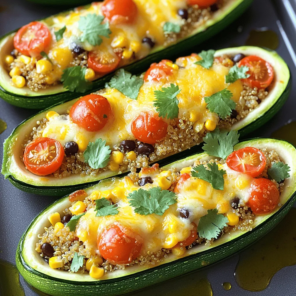 - 4 medium zucchini - 1 cup cooked quinoa - 1 cup cherry tomatoes, halved - 1/2 cup corn kernels - 1/2 cup black beans - 1/4 cup red onion, finely chopped - 1 teaspoon garlic powder - 1 teaspoon cumin - 1/2 teaspoon smoked paprika - Salt and pepper to taste - 1 cup shredded cheese (cheddar or mozzarella) - Fresh cilantro or parsley for garnish - Olive oil for drizzling In this recipe, the main ingredients create a healthy and tasty base. The zucchini acts as a perfect vessel to hold the filling. Cooked quinoa offers a great source of protein and fiber. Cherry tomatoes add a burst of sweetness. Corn kernels bring a nice crunch, and black beans add heartiness. For seasoning, chopped red onion gives a fresh, sharp taste. Garlic powder adds depth, while cumin and smoked paprika bring warmth and earthiness. Salt and pepper balance all the flavors. The additional ingredients really elevate this dish. Shredded cheese melts beautifully, creating a gooey topping. Fresh herbs like cilantro or parsley make your dish look vibrant and fresh. Drizzling olive oil adds richness and enhances the flavor of the zucchini boats. You can find the full recipe to guide you through the cooking steps. Enjoy making these easy stuffed zucchini boats! - Preheat the oven to 375°F (190°C). - Prepare the zucchini by cutting in half and scooping out the seeds. To start, preheating your oven is essential. This ensures your zucchini cooks evenly. Next, grab your medium zucchini and slice them in half lengthwise. Use a spoon to scoop out the seeds. Aim to leave about 1/4 inch of flesh. This creates a sturdy boat to hold your filling. - Combine all filling ingredients in a large mixing bowl. - Stuff each zucchini with the prepared filling. Now comes the fun part! In a large mixing bowl, combine the filling ingredients. You’ll mix cooked quinoa, cherry tomatoes, corn, black beans, red onion, garlic powder, cumin, smoked paprika, salt, and pepper. Stir well until everything is combined. Grab each zucchini boat and stuff it with this tasty mixture. Press it down gently to pack it in. This will ensure every bite is flavorful. - Place stuffed zucchini in a greased baking dish. - Cover with foil and bake for 20 minutes, then uncover and bake for an additional 10-15 minutes. Once stuffed, place your zucchini boats in a greased baking dish. This helps them not stick. Drizzle a little olive oil on top for extra flavor. Cover the dish with foil to keep the moisture in. Bake for 20 minutes. After that, uncover and bake for another 10 to 15 minutes. The zucchini should be tender, and the cheese will be bubbly and golden. This method gives you a perfect balance of texture and taste. For the full recipe, check the details above! To get the best zucchini boats, choose fresh, firm zucchini. This ensures they hold their shape while cooking. Soft or overripe zucchini will not work well. You can save time by using leftover cooked quinoa. This makes the prep quick and easy, letting you focus on the fun part—stuffing. Cheese can change the whole dish. Try different types like feta or goat cheese for a special twist. They add a unique flavor that elevates your meal. You can also add cheese at different times. Putting it on before baking makes it gooey. If you add it near the end, it will melt softly on top. Garnishing your dish can make it look great. Use fresh herbs like cilantro or parsley before serving. This adds a pop of color and fresh taste. Pair your zucchini boats with a simple side salad for a complete meal. A fresh salad balances the flavors and adds crunch to your plate. {{image_2}} You can make stuffed zucchini boats even more exciting with vegetarian swaps. Here are some ideas: - Substitute quinoa with rice or couscous: Rice or couscous gives a different texture. They also soak up flavors well. - Add various vegetables like bell peppers or spinach: Toss in bell peppers or spinach for added color and nutrition. These veggies mix well with the filling. Need more protein? Boost your filling with these options: - Incorporate ground turkey, beef, or plant-based protein into the filling: Ground turkey or beef makes the dish heartier. Plant-based protein is a great choice for vegans. - Top with cooked sausage or bacon for a heartier dish: For a savory kick, add sausage or crispy bacon on top. This brings great flavor to the meal. Changing the spices can take your zucchini boats to the next level. Here’s how: - Try different spices such as Italian seasoning or chili powder for varied tastes: Italian herbs add a rich flavor. Chili powder gives a nice heat. - Add hot sauce for a spicy kick: A drizzle of hot sauce can wake up the dish with a zesty touch. Adjust the heat to your liking. These variations make your stuffed zucchini boats fit your tastes and needs! You can explore these ideas and find your favorite mix. For the full recipe, check out the [Full Recipe] section. Store leftovers in an airtight container in the refrigerator. This keeps them fresh. I find they taste best within 3-4 days. After that, they may lose flavor or texture. You can freeze stuffed zucchini boats before baking them. This is great for meal prep. When you're ready to eat, just reheat them in the oven. This method gives them a fresh taste after freezing. Reheat them in the oven to keep their texture. Microwaving can make them soggy. To boost flavor, add more cheese while reheating. This little trick makes a big difference! Yes, you can prep and stuff them ahead of time; just bake them when ready. This makes it easy for busy days. You can store them in the fridge for up to two days. When you are ready to eat, just pop them in the oven. This saves time and keeps the meal fresh. Zucchini is cooked when it's tender but still holds its shape; check with a fork. You want it soft enough to bite but firm enough to stand. If the fork goes in easily, it's ready. Avoid overcooking, or it may get mushy. Serve with a side salad, rice, or quinoa for a complete meal experience. A fresh salad adds crunch and color. Rice or quinoa can soak up flavors and balance the meal. Choose what you like best for a tasty combo. Enjoy your meal! Stuffed zucchini boats are a tasty way to enjoy fresh veggies. We covered the key ingredients to create a healthy filling and shared step-by-step baking instructions. You can mix and match ingredients to suit your taste and even prep meals in advance. Remember to store leftovers well for future meals. Enjoy making and sharing these zucchini boats as a healthy dish for you and your loved ones. Try different toppings and herbs to keep the flavors exciting every time.