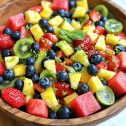 - 2 cups watermelon, cubed - 2 cups strawberries, halved - 1 cup blueberries - 1 cup kiwi, peeled and sliced - 1 cup pineapple, diced To make a perfect Honey Lime Fruit Salad, choose ripe, juicy fruits. Watermelon adds sweetness. Strawberries bring a vibrant red color. Blueberries offer a burst of flavor. Kiwi gives a nice tang. Pineapple adds a tropical twist. Using fresh fruit makes the salad bright and tasty. - 1/4 cup honey - 2 tablespoons lime juice - Zest of 1 lime The honey-lime dressing ties everything together. Honey adds sweetness, while lime juice gives a zesty kick. Lime zest adds even more flavor. This simple dressing is quick to whip up. It makes the fruit taste even better! - Fresh mint leaves Mint leaves make a great garnish. They add color and a fresh taste. You can sprinkle a few on top when serving. It’s a small touch that makes a big difference. Enjoy your colorful and tasty Honey Lime Fruit Salad! For the full recipe, check out the details provided earlier. To start, gather your fresh fruits. You will need watermelon, strawberries, blueberries, kiwi, and pineapple. - Cubing watermelon: Cut the watermelon into large slices. Remove the seeds, if needed. Cut each slice into cubes. Aim for about 2 cups of cubes. This adds a juicy base to your salad. - Halving strawberries: Rinse the strawberries well. Remove the green tops. Cut each strawberry in half. You will want about 2 cups of these. Their sweetness shines in this dish. - Slicing kiwi: Peel the kiwi with a knife or a vegetable peeler. Cut it into thin slices. You will need 1 cup of sliced kiwi. The bright green color adds a vibrant touch. Now, let’s make the honey-lime dressing. This dressing brightens the flavors of the fruits. - Whisking honey, lime juice, and zest: In a small bowl, add 1/4 cup of honey. Then, pour in 2 tablespoons of lime juice. Grate the zest of one lime and add it in. Use a whisk to mix these ingredients until smooth. This simple dressing packs a punch! It’s time to bring everything together. This is the fun part! - Mixing fruits in a bowl: In a large mixing bowl, add the cubed watermelon, halved strawberries, blueberries, sliced kiwi, and diced pineapple. Gently mix to combine the fruits. - Pouring and tossing with dressing: Pour the honey-lime dressing over the mixed fruit. Gently toss the fruits again to coat them well. Be careful not to mash the fruits. Let the salad sit for about 10 minutes. This helps the flavors blend. Enjoy your fresh and flavorful Honey Lime Fruit Salad! You can find the [Full Recipe] here for more details. When making honey lime fruit salad, pick fresh, ripe fruits. Seasonal fruits taste best and are full of flavor. For summer, choose juicy watermelon and sweet strawberries. In winter, opt for citrus fruits like oranges and grapefruits. To tell if a fruit is ripe, look for bright colors. A good watermelon should feel heavy for its size. Strawberries should be bright red and firm. Kiwi should give slightly when you press it. To make your salad even tastier, add more flavors! Coconut pairs well with the honey lime dressing. You can use shredded coconut or coconut milk for a tropical twist. Lime zest adds a zesty kick. Just a bit of lime zest brightens the whole dish. You might also think about adding a pinch of salt. This small addition can really boost the flavors of the fruit. How you serve the salad matters! Choose a clear glass bowl to show off the colors. A large bowl works well for family-style serving. For a fun twist, use small cups for individual servings. You can also layer the fruits in a mason jar for a cute look. Add fresh mint leaves on top for a pop of color. This not only looks good but adds extra flavor too. For a special touch, drizzle a bit of extra honey on top before serving. Feel free to check out the Full Recipe to create this delicious dish! {{image_2}} You can easily change the Honey Lime Fruit Salad to match your taste. Here are some fun ideas. To give your salad a tropical twist, add mango or papaya. These fruits bring a sweet and juicy flavor. You can dice them and mix them right in with the other fruits. The bright colors will also make your salad more eye-catching. For a berry medley, mix in raspberries or blackberries. These berries add a tangy kick and a lovely pop of color. Just toss them gently with the other fruits. Their bold flavor complements the honey and lime dressing well. If you want some crunch, add nuts or seeds. Almonds, walnuts, or sunflower seeds work great. Just sprinkle them on top before serving. This extra texture makes the salad even more enjoyable. These variations keep your salad fresh and exciting. They also let you use fruits that are in season or that you love. For the full recipe, check out the details above. To keep your Honey Lime Fruit Salad fresh, store it in an airtight container. This helps keep the flavors intact and prevents the fruits from drying out. Place the container in the fridge. The cool temperature slows down spoilage and keeps your salad crisp. The prepared fruit salad lasts about 3 days when stored properly in the fridge. After this time, the fruits may start to lose their texture and flavor. To enjoy the best taste, try to eat it within this time frame. Freezing fruit salad is not ideal, but you can freeze individual fruits if needed. If you want to freeze it, do so without the honey-lime dressing. The dressing can separate and change texture when thawed. When you’re ready to eat, thaw the fruit in the fridge overnight. This keeps it as fresh as possible. For the complete recipe, check the [Full Recipe]. Yes, you can switch up the fruits in this salad. Feel free to use any mix you like! Some great options are mango, raspberries, or even pomegranate seeds. The key is to choose fruits that are ripe and in season. This makes the salad taste even better. Mixing different colors and textures makes it visually appealing too. Just keep the honey-lime dressing, as it works well with many fruits. This salad is perfect for meal prep! You can make it ahead of time and store it in the fridge. Just prepare the fruit and the dressing. Keep them separate until you are ready to serve. This will keep the fruit fresh and crunchy. You can prep it a day in advance, making it a great option for busy weeks. To keep the fruit from browning, you can use a few simple tricks. First, add lime juice to the cut fruit. It acts like a natural preservative. Secondly, store the salad in an airtight container. This reduces exposure to air, which can cause browning. Lastly, avoid mixing fruits that brown quickly, like apples or bananas, until you serve. These tips help maintain the bright colors and fresh taste of your honey lime fruit salad. You learned how to make a fresh fruit salad with a honey-lime dressing. We explored great fruits, like watermelon, strawberries, and kiwi. I shared tips for selecting the best fruits and presentation ideas. You can also try tasty variations like adding mango or nuts. Keep this recipe handy for warm days or meal prep. It’s healthy, colorful, and fun to make and eat. Enjoy experimenting with flavors and ingredients. Remember to store your salad properly to keep it fresh longer. Happy fruit salad making!