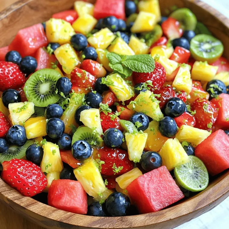 - 2 cups watermelon, cubed - 2 cups strawberries, halved - 1 cup blueberries - 1 cup kiwi, peeled and sliced - 1 cup pineapple, diced To make a perfect Honey Lime Fruit Salad, choose ripe, juicy fruits. Watermelon adds sweetness. Strawberries bring a vibrant red color. Blueberries offer a burst of flavor. Kiwi gives a nice tang. Pineapple adds a tropical twist. Using fresh fruit makes the salad bright and tasty. - 1/4 cup honey - 2 tablespoons lime juice - Zest of 1 lime The honey-lime dressing ties everything together. Honey adds sweetness, while lime juice gives a zesty kick. Lime zest adds even more flavor. This simple dressing is quick to whip up. It makes the fruit taste even better! - Fresh mint leaves Mint leaves make a great garnish. They add color and a fresh taste. You can sprinkle a few on top when serving. It’s a small touch that makes a big difference. Enjoy your colorful and tasty Honey Lime Fruit Salad! For the full recipe, check out the details provided earlier. To start, gather your fresh fruits. You will need watermelon, strawberries, blueberries, kiwi, and pineapple. - Cubing watermelon: Cut the watermelon into large slices. Remove the seeds, if needed. Cut each slice into cubes. Aim for about 2 cups of cubes. This adds a juicy base to your salad. - Halving strawberries: Rinse the strawberries well. Remove the green tops. Cut each strawberry in half. You will want about 2 cups of these. Their sweetness shines in this dish. - Slicing kiwi: Peel the kiwi with a knife or a vegetable peeler. Cut it into thin slices. You will need 1 cup of sliced kiwi. The bright green color adds a vibrant touch. Now, let’s make the honey-lime dressing. This dressing brightens the flavors of the fruits. - Whisking honey, lime juice, and zest: In a small bowl, add 1/4 cup of honey. Then, pour in 2 tablespoons of lime juice. Grate the zest of one lime and add it in. Use a whisk to mix these ingredients until smooth. This simple dressing packs a punch! It’s time to bring everything together. This is the fun part! - Mixing fruits in a bowl: In a large mixing bowl, add the cubed watermelon, halved strawberries, blueberries, sliced kiwi, and diced pineapple. Gently mix to combine the fruits. - Pouring and tossing with dressing: Pour the honey-lime dressing over the mixed fruit. Gently toss the fruits again to coat them well. Be careful not to mash the fruits. Let the salad sit for about 10 minutes. This helps the flavors blend. Enjoy your fresh and flavorful Honey Lime Fruit Salad! You can find the [Full Recipe] here for more details. When making honey lime fruit salad, pick fresh, ripe fruits. Seasonal fruits taste best and are full of flavor. For summer, choose juicy watermelon and sweet strawberries. In winter, opt for citrus fruits like oranges and grapefruits. To tell if a fruit is ripe, look for bright colors. A good watermelon should feel heavy for its size. Strawberries should be bright red and firm. Kiwi should give slightly when you press it. To make your salad even tastier, add more flavors! Coconut pairs well with the honey lime dressing. You can use shredded coconut or coconut milk for a tropical twist. Lime zest adds a zesty kick. Just a bit of lime zest brightens the whole dish. You might also think about adding a pinch of salt. This small addition can really boost the flavors of the fruit. How you serve the salad matters! Choose a clear glass bowl to show off the colors. A large bowl works well for family-style serving. For a fun twist, use small cups for individual servings. You can also layer the fruits in a mason jar for a cute look. Add fresh mint leaves on top for a pop of color. This not only looks good but adds extra flavor too. For a special touch, drizzle a bit of extra honey on top before serving. Feel free to check out the Full Recipe to create this delicious dish! {{image_2}} You can easily change the Honey Lime Fruit Salad to match your taste. Here are some fun ideas. To give your salad a tropical twist, add mango or papaya. These fruits bring a sweet and juicy flavor. You can dice them and mix them right in with the other fruits. The bright colors will also make your salad more eye-catching. For a berry medley, mix in raspberries or blackberries. These berries add a tangy kick and a lovely pop of color. Just toss them gently with the other fruits. Their bold flavor complements the honey and lime dressing well. If you want some crunch, add nuts or seeds. Almonds, walnuts, or sunflower seeds work great. Just sprinkle them on top before serving. This extra texture makes the salad even more enjoyable. These variations keep your salad fresh and exciting. They also let you use fruits that are in season or that you love. For the full recipe, check out the details above. To keep your Honey Lime Fruit Salad fresh, store it in an airtight container. This helps keep the flavors intact and prevents the fruits from drying out. Place the container in the fridge. The cool temperature slows down spoilage and keeps your salad crisp. The prepared fruit salad lasts about 3 days when stored properly in the fridge. After this time, the fruits may start to lose their texture and flavor. To enjoy the best taste, try to eat it within this time frame. Freezing fruit salad is not ideal, but you can freeze individual fruits if needed. If you want to freeze it, do so without the honey-lime dressing. The dressing can separate and change texture when thawed. When you’re ready to eat, thaw the fruit in the fridge overnight. This keeps it as fresh as possible. For the complete recipe, check the [Full Recipe]. Yes, you can switch up the fruits in this salad. Feel free to use any mix you like! Some great options are mango, raspberries, or even pomegranate seeds. The key is to choose fruits that are ripe and in season. This makes the salad taste even better. Mixing different colors and textures makes it visually appealing too. Just keep the honey-lime dressing, as it works well with many fruits. This salad is perfect for meal prep! You can make it ahead of time and store it in the fridge. Just prepare the fruit and the dressing. Keep them separate until you are ready to serve. This will keep the fruit fresh and crunchy. You can prep it a day in advance, making it a great option for busy weeks. To keep the fruit from browning, you can use a few simple tricks. First, add lime juice to the cut fruit. It acts like a natural preservative. Secondly, store the salad in an airtight container. This reduces exposure to air, which can cause browning. Lastly, avoid mixing fruits that brown quickly, like apples or bananas, until you serve. These tips help maintain the bright colors and fresh taste of your honey lime fruit salad. You learned how to make a fresh fruit salad with a honey-lime dressing. We explored great fruits, like watermelon, strawberries, and kiwi. I shared tips for selecting the best fruits and presentation ideas. You can also try tasty variations like adding mango or nuts. Keep this recipe handy for warm days or meal prep. It’s healthy, colorful, and fun to make and eat. Enjoy experimenting with flavors and ingredients. Remember to store your salad properly to keep it fresh longer. Happy fruit salad making!