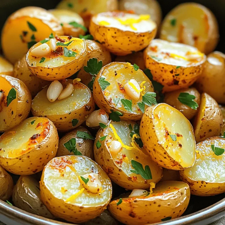 - 2 lbs baby potatoes, halved - 4 cloves garlic, minced - 1/4 cup olive oil - Juice and zest of 1 large lemon - 1 teaspoon dried oregano - 1 teaspoon smoked paprika - Salt and pepper to taste - Fresh parsley, chopped (for garnish) The key to this dish is fresh ingredients. Baby potatoes work best for their tender texture and flavor. Garlic adds a deep, savory taste that pairs perfectly with lemon. Use fresh lemon juice and zest for a bright, zesty kick. The dried oregano and smoked paprika enhance the flavor profile, bringing a nice aroma to your kitchen. - Calories per serving: Approximately 200 calories - Macronutrient breakdown: - Carbohydrates: 35g - Protein: 3g - Fat: 8g These lemon garlic roasted potatoes provide a balanced mix of carbs and fats, making them a filling side dish. They are perfect for any meal. - Types of potatoes to use: You can use Yukon gold or red potatoes if you can't find baby potatoes. - Olive oil alternatives: Try avocado oil or melted butter for a different flavor. - Herb substitutions: Mix in herbs like rosemary or thyme if you want to change the taste. These options help you customize the dish to fit your pantry or dietary needs. Feel free to experiment and make it your own! For the full recipe, check out the complete steps to make these delightful potatoes. First, preheat your oven to 400°F (200°C). This heat helps the potatoes become crisp and golden. Next, line a large baking sheet with parchment paper for easy cleanup. Then, take 2 pounds of baby potatoes and halve them. In a large bowl, add the halved potatoes along with 4 minced garlic cloves. Mixing these together is simple, and you will smell the garlic right away. Now, let’s create the lemon-garlic mixture. In a separate bowl, whisk together 1/4 cup of olive oil, the juice and zest of 1 large lemon, 1 teaspoon of dried oregano, and 1 teaspoon of smoked paprika. Add salt and pepper to taste. This mix brings a bright flavor to the potatoes. Pour this mixture over the potatoes. Toss them well to ensure every piece is coated. An even coating makes each bite tasty and zesty. Time to roast! Arrange the potatoes cut-side down on the baking sheet. Make sure they sit in a single layer. This helps them roast evenly. Roast in the oven for 25 to 30 minutes. Halfway through, flip the potatoes for good browning. Check for doneness by piercing them with a fork. They should feel soft inside. Once done, remove them from the oven and let them cool slightly. Serve them with fresh parsley for a pop of color and flavor. For the full recipe, refer to the earlier section. To get crispy roasted potatoes, follow these simple tips: - Cut the potatoes into even halves. This helps them cook at the same rate. - Use enough olive oil. It helps with that nice, crispy texture. - Spread the potatoes out on the baking sheet. They should not touch. This allows heat to circulate around them. Flipping the potatoes halfway through cooking is important. It ensures all sides get crispy and golden. Set a timer to remind yourself. I often do this to avoid forgetting! Lemon garlic roasted potatoes go well with many dishes. You can serve them with chicken, steak, or fish. They also pair nicely with a fresh salad. For garnishing, try adding fresh parsley. Sprinkle it on just before serving. You can also add lemon zest for an extra zing. It makes the dish pop with color and flavor! One common mistake is overcrowding the baking sheet. When you put too many potatoes on it, they steam instead of roast. This makes them soft instead of crispy. Another mistake is cooking at the wrong temperature. Make sure your oven is set to 400°F (200°C). If it’s too low, the potatoes won’t brown. If it’s too high, they may burn outside while staying raw inside. Keep an eye on them! For the full recipe, check out the complete instructions. Enjoy your tasty lemon garlic roasted potatoes! {{image_2}} You can easily change the taste of lemon garlic roasted potatoes. Adding herbs makes a big difference. Try rosemary or thyme for an earthy touch. These herbs blend well with lemon and garlic. You can also spice things up. Red pepper flakes give your potatoes a nice kick. Just a pinch can turn up the heat! If you follow a vegan diet, this dish is perfect for you. Skip the butter and use olive oil. It keeps the dish light and tasty. You can also make low-carb versions. Substitute baby potatoes with cauliflower. Cauliflower roasts well and takes on the flavor nicely. Want a quicker option? Use an air fryer. Cook the potatoes at 400°F (200°C) for about 15-20 minutes. Shake the basket halfway through for even cooking. Grilling is another fun way to cook them. Toss the potatoes in a grill basket. Grill them over medium heat for about 20 minutes. Both methods keep the outside crispy and the inside soft. Find the [Full Recipe](#) to explore these variations! To keep your lemon garlic roasted potatoes fresh, use airtight containers. Glass containers work best because they do not retain odors. Make sure the potatoes are cool before sealing them. Store them in the fridge for up to five days. To reheat your potatoes, the oven is the best choice. Preheat your oven to 350°F (175°C). Spread the potatoes on a baking sheet and heat for about 10 to 15 minutes. This keeps them crispy. You can also use the microwave for quick heating. Place the potatoes in a microwave-safe dish and cover with a paper towel. Heat in 30-second intervals until warm. You can freeze lemon garlic roasted potatoes, but there are some do's and don'ts. Do let them cool completely before freezing. Use freezer-safe bags or containers to avoid freezer burn. Don't freeze them if they are still warm, as this can create ice crystals. To thaw, leave them in the fridge overnight. When ready to eat, reheat in the oven to restore crispiness. Lemon garlic roasted potatoes can last about 3 to 5 days in the fridge. To store them, place the potatoes in an airtight container. Make sure they cool down first. This helps keep them fresh and tasty. When you want to eat them again, check for any signs of spoilage. If they smell off or look strange, throw them away. Yes, you can use different herbs to change the flavor. Here are some good options: - Rosemary: It adds a woodsy note. - Thyme: This herb has a mild taste that works well. - Basil: It offers a sweet and peppery flavor. Feel free to mix and match herbs to find your favorite blend. Each herb adds its own twist to the dish. Lemon garlic roasted potatoes pair well with many meals. Here are some great options: - Grilled chicken: The lemon flavor goes nicely with the meat. - Fish: Roasted potatoes complement the light taste of fish. - Salads: A fresh salad can balance the rich flavors. Try these pairings to create a full meal. You can also serve them as a side at a BBQ or family dinner. For more ideas, check the Full Recipe. This blog post showed how to make lemon garlic roasted potatoes. We covered the ingredients, simple steps, and tips for perfect roasting. You learned about substitutions, serving ideas, and storage methods. Remember, you can customize the recipe to fit your taste. Try different herbs or cooking methods for a new twist. These versatile potatoes pair well with many meals. Enjoy creating delicious dishes that everyone will love!