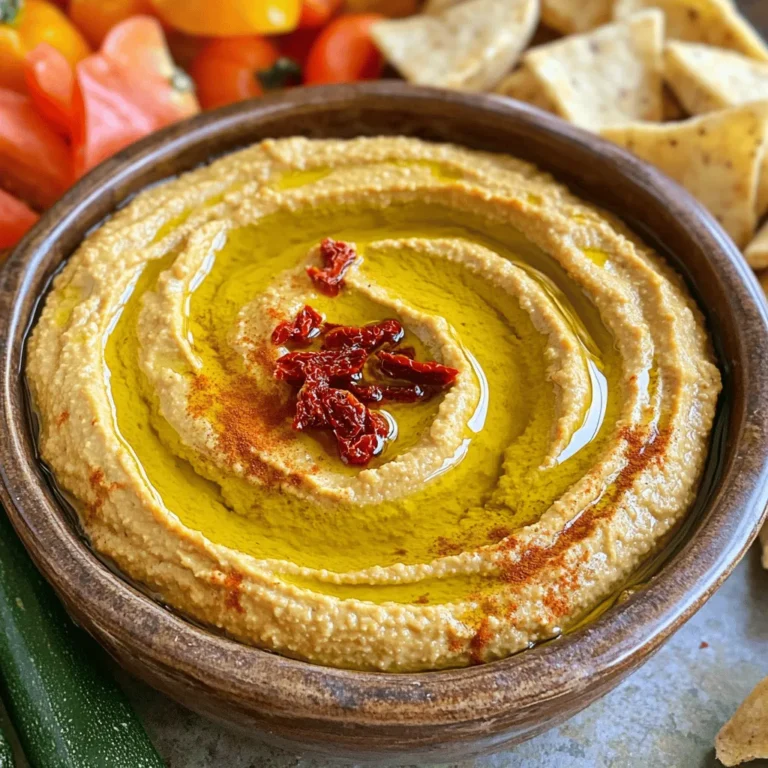- 1 can (15 oz) chickpeas, drained and rinsed - 1/2 cup sun dried tomatoes (packed in oil, drained) - 1/4 cup tahini - 3 tablespoons olive oil - 2 tablespoons lemon juice - 1 garlic clove, minced - 1 teaspoon ground cumin - Salt and pepper, to taste - Water, as needed for consistency The main ingredients create a rich and flavorful base. Chickpeas bring protein and creaminess. Sun dried tomatoes add a sweet and tangy taste. Tahini offers a nutty flavor and smooth texture. Olive oil enhances richness, while lemon juice brightens the dish. Garlic provides depth, and cumin adds warmth. - Extra olive oil for drizzling - Fresh herbs for garnish (e.g., parsley, basil) - Crushed red pepper flakes Garnishes can take your hummus to the next level. A drizzle of olive oil adds a shiny finish. Fresh herbs bring color and freshness. Crushed red pepper flakes add a bit of heat. Feel free to mix and match these garnishes to suit your taste. Don't forget to check the [Full Recipe] for all the steps! - Step 1: In a food processor, combine the drained chickpeas, sun dried tomatoes, tahini, olive oil, lemon juice, minced garlic, and ground cumin. - Step 2: Blend the mixture until it is smooth. Stop to scrape the sides as needed. - Step 3: If the hummus is too thick, add water one tablespoon at a time. Blend again until you reach your desired creamy texture. - Step 4: Season the hummus with salt and pepper to taste. Blend once more to mix well. - Step 5: Transfer the hummus to a serving bowl. Drizzle a bit of olive oil on top for flavor. - Step 6: Chill the hummus for at least 30 minutes. This helps the flavors blend together nicely. For the full recipe, check out the instructions above! To make hummus smooth, use high-quality olive oil. It adds richness and flavor. A good oil can make a big difference. When blending, it’s key to avoid a grainy texture. To do this, ensure all ingredients are well combined. If the hummus doesn’t blend smoothly, add a bit of water. Do this one tablespoon at a time. Keep blending until you achieve that creamy consistency. To boost the flavor, try adding spices like smoked paprika or cayenne pepper. These give your hummus depth and warmth. Roasted garlic can also make a big impact. It offers a sweeter taste compared to raw garlic. Roasting the garlic before adding it brings out its natural sweetness. This small change can elevate your sun dried tomato hummus to a new level. For more tips and a full recipe, check the recipe section. {{image_2}} You can take sun dried tomato hummus to new levels with simple tweaks. Adding fresh herbs, like basil or cilantro, gives the hummus a bright taste. Just chop them fine and mix them in. For a spicy kick, try adding jalapeños or harissa. This adds heat and depth to the flavor. Both options keep your hummus fresh and exciting. If you need gluten-free options, rest easy. Chickpeas are naturally gluten-free, so you’re already set. For a nut-free alternative to tahini, use sunflower seed butter. It blends well and keeps that creamy texture. You can still enjoy this yummy hummus, even with dietary needs. Just remember, these swaps can change the flavor a bit, but they keep it tasty! For the full recipe, check out the details above and get cooking! To keep your sun-dried tomato hummus fresh, store it in an airtight container. This helps keep out air and moisture. Place the container in the fridge. Homemade hummus stays good for about 4 to 7 days in the fridge. Always check for any off smells or changes in texture before eating. If you want to save some for later, you can freeze it. Spoon the hummus into a freezer-safe container. Leave some space at the top because it will expand when frozen. You can freeze it for up to three months. When you're ready to enjoy it, take it out and thaw it in the fridge overnight. If you're in a hurry, you can use the microwave, but do so in short bursts. Stir it well after thawing to make it smooth again. Enjoy your sun-dried tomato hummus anytime! For the full recipe, check the ingredients and steps earlier in this article. Can I use dried sun-dried tomatoes instead of oil-packed? Yes, you can! If you choose dried sun-dried tomatoes, soak them in warm water. This helps soften them before blending. Oil-packed tomatoes add a richer flavor. So, if you have the option, go for oil-packed for the best taste. What can I serve with sun-dried tomato hummus? You can serve sun-dried tomato hummus with many tasty options. Try fresh veggies like carrots and bell peppers. Pita bread or crackers work great too. You can also use it as a spread on sandwiches or wraps. How to make the hummus creamier? To make hummus creamier, use high-quality olive oil. Adding water gradually while blending also helps. If it’s still thick, try adding more tahini. This will enhance the flavor and texture. Health benefits of chickpeas Chickpeas are packed with protein and fiber. They help keep you full and satisfied. They also support heart health and help control blood sugar. This makes them a great choice for a healthy diet. Advantages of tahini and olive oil in the recipe Tahini adds healthy fats and calcium. It gives a creamy texture to the hummus. Olive oil is rich in antioxidants and good for your heart. Together, they make this hummus not just tasty but also nutritious. Top brands to look for When buying pre-made hummus, some great brands include Sabra, Tribe, and Cedar's. These brands offer tasty options that are easy to find in stores. Look for ones with simple ingredients for the best flavor. What to check on labels for quality Always check the ingredient list. Choose hummus with real sun-dried tomatoes and no preservatives. Avoid brands with added sugars or artificial flavors for a healthier choice. Quality ingredients make a big difference in taste. For the full recipe, check out the detailed instructions in the previous section. Creating sun-dried tomato hummus is simple and fun. We covered key ingredients, best storage tips, and ways to enhance flavor. You can add herbs, spices, or even go spicy with jalapeños. Remember, the quality of your olive oil and fresh ingredients matters most. Once you make this hummus, serve it cooled for the best taste. Enjoy your tasty creation, knowing it’s healthy and quick to make. Now, it’s time to dive in and enjoy every bite!