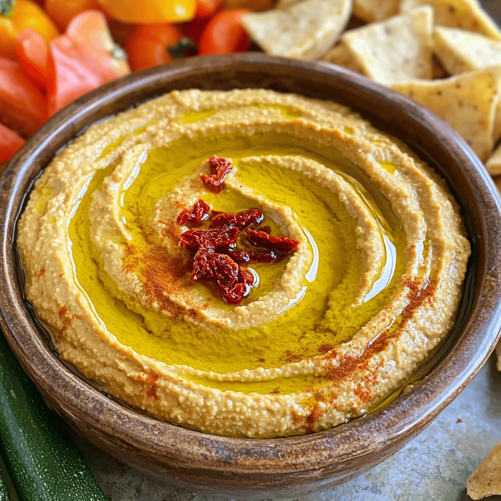 - 1 can (15 oz) chickpeas, drained and rinsed - 1/2 cup sun dried tomatoes (packed in oil, drained) - 1/4 cup tahini - 3 tablespoons olive oil - 2 tablespoons lemon juice - 1 garlic clove, minced - 1 teaspoon ground cumin - Salt and pepper, to taste - Water, as needed for consistency The main ingredients create a rich and flavorful base. Chickpeas bring protein and creaminess. Sun dried tomatoes add a sweet and tangy taste. Tahini offers a nutty flavor and smooth texture. Olive oil enhances richness, while lemon juice brightens the dish. Garlic provides depth, and cumin adds warmth. - Extra olive oil for drizzling - Fresh herbs for garnish (e.g., parsley, basil) - Crushed red pepper flakes Garnishes can take your hummus to the next level. A drizzle of olive oil adds a shiny finish. Fresh herbs bring color and freshness. Crushed red pepper flakes add a bit of heat. Feel free to mix and match these garnishes to suit your taste. Don't forget to check the [Full Recipe] for all the steps! - Step 1: In a food processor, combine the drained chickpeas, sun dried tomatoes, tahini, olive oil, lemon juice, minced garlic, and ground cumin. - Step 2: Blend the mixture until it is smooth. Stop to scrape the sides as needed. - Step 3: If the hummus is too thick, add water one tablespoon at a time. Blend again until you reach your desired creamy texture. - Step 4: Season the hummus with salt and pepper to taste. Blend once more to mix well. - Step 5: Transfer the hummus to a serving bowl. Drizzle a bit of olive oil on top for flavor. - Step 6: Chill the hummus for at least 30 minutes. This helps the flavors blend together nicely. For the full recipe, check out the instructions above! To make hummus smooth, use high-quality olive oil. It adds richness and flavor. A good oil can make a big difference. When blending, it’s key to avoid a grainy texture. To do this, ensure all ingredients are well combined. If the hummus doesn’t blend smoothly, add a bit of water. Do this one tablespoon at a time. Keep blending until you achieve that creamy consistency. To boost the flavor, try adding spices like smoked paprika or cayenne pepper. These give your hummus depth and warmth. Roasted garlic can also make a big impact. It offers a sweeter taste compared to raw garlic. Roasting the garlic before adding it brings out its natural sweetness. This small change can elevate your sun dried tomato hummus to a new level. For more tips and a full recipe, check the recipe section. {{image_2}} You can take sun dried tomato hummus to new levels with simple tweaks. Adding fresh herbs, like basil or cilantro, gives the hummus a bright taste. Just chop them fine and mix them in. For a spicy kick, try adding jalapeños or harissa. This adds heat and depth to the flavor. Both options keep your hummus fresh and exciting. If you need gluten-free options, rest easy. Chickpeas are naturally gluten-free, so you’re already set. For a nut-free alternative to tahini, use sunflower seed butter. It blends well and keeps that creamy texture. You can still enjoy this yummy hummus, even with dietary needs. Just remember, these swaps can change the flavor a bit, but they keep it tasty! For the full recipe, check out the details above and get cooking! To keep your sun-dried tomato hummus fresh, store it in an airtight container. This helps keep out air and moisture. Place the container in the fridge. Homemade hummus stays good for about 4 to 7 days in the fridge. Always check for any off smells or changes in texture before eating. If you want to save some for later, you can freeze it. Spoon the hummus into a freezer-safe container. Leave some space at the top because it will expand when frozen. You can freeze it for up to three months. When you're ready to enjoy it, take it out and thaw it in the fridge overnight. If you're in a hurry, you can use the microwave, but do so in short bursts. Stir it well after thawing to make it smooth again. Enjoy your sun-dried tomato hummus anytime! For the full recipe, check the ingredients and steps earlier in this article. Can I use dried sun-dried tomatoes instead of oil-packed? Yes, you can! If you choose dried sun-dried tomatoes, soak them in warm water. This helps soften them before blending. Oil-packed tomatoes add a richer flavor. So, if you have the option, go for oil-packed for the best taste. What can I serve with sun-dried tomato hummus? You can serve sun-dried tomato hummus with many tasty options. Try fresh veggies like carrots and bell peppers. Pita bread or crackers work great too. You can also use it as a spread on sandwiches or wraps. How to make the hummus creamier? To make hummus creamier, use high-quality olive oil. Adding water gradually while blending also helps. If it’s still thick, try adding more tahini. This will enhance the flavor and texture. Health benefits of chickpeas Chickpeas are packed with protein and fiber. They help keep you full and satisfied. They also support heart health and help control blood sugar. This makes them a great choice for a healthy diet. Advantages of tahini and olive oil in the recipe Tahini adds healthy fats and calcium. It gives a creamy texture to the hummus. Olive oil is rich in antioxidants and good for your heart. Together, they make this hummus not just tasty but also nutritious. Top brands to look for When buying pre-made hummus, some great brands include Sabra, Tribe, and Cedar's. These brands offer tasty options that are easy to find in stores. Look for ones with simple ingredients for the best flavor. What to check on labels for quality Always check the ingredient list. Choose hummus with real sun-dried tomatoes and no preservatives. Avoid brands with added sugars or artificial flavors for a healthier choice. Quality ingredients make a big difference in taste. For the full recipe, check out the detailed instructions in the previous section. Creating sun-dried tomato hummus is simple and fun. We covered key ingredients, best storage tips, and ways to enhance flavor. You can add herbs, spices, or even go spicy with jalapeños. Remember, the quality of your olive oil and fresh ingredients matters most. Once you make this hummus, serve it cooled for the best taste. Enjoy your tasty creation, knowing it’s healthy and quick to make. Now, it’s time to dive in and enjoy every bite!