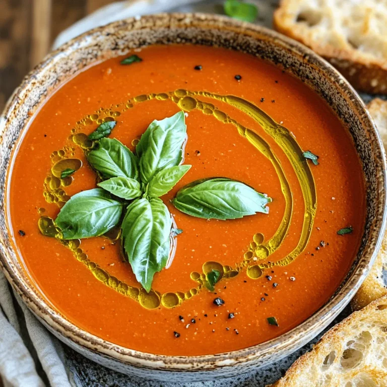 To make a tasty creamy tomato basil soup, gather these simple ingredients: - 2 tablespoons olive oil - 1 medium onion, chopped - 3 cloves garlic, minced - 2 cans (14 oz each) crushed tomatoes - 2 cups vegetable broth - 1 teaspoon sugar - 1 teaspoon dried oregano - 1 teaspoon salt (adjust to taste) - 1/2 teaspoon black pepper - 1 cup heavy cream (or coconut cream for a dairy-free option) - 1/4 cup fresh basil leaves, chopped - 1 tablespoon lemon juice These ingredients create a rich and warm soup full of flavor. You can tweak this recipe to fit your taste or what you have at home. Here are some fun swaps: - Use coconut milk instead of heavy cream for a vegan option. - Swap fresh basil with parsley or thyme for a different herb flavor. - If you want more texture, add diced carrots or celery. - For a spicy kick, add a pinch of red pepper flakes. Feel free to mix and match to find your perfect blend. Fresh herbs usually give a brighter flavor. They add a nice pop of color and aroma to the soup. Dried herbs are convenient and can still add great taste. They work well if fresh herbs aren't available. When using dried herbs, remember they are more potent. Use about one-third of the amount you would use for fresh herbs. This helps keep the flavor balanced. Using fresh or dried herbs can change the soup’s flavor. Choose what fits your needs and enjoy the cooking journey! To make creamy tomato basil soup, follow these steps carefully. First, heat 2 tablespoons of olive oil in a large pot over medium heat. Next, add 1 medium onion, chopped. Sauté the onion until it turns soft and clear, about 5 minutes. After that, stir in 3 cloves of minced garlic. Cook it for 1 more minute until you smell the garlic. Then, pour in 2 cans of crushed tomatoes and 2 cups of vegetable broth. Add 1 teaspoon of sugar, 1 teaspoon of dried oregano, 1 teaspoon of salt, and 1/2 teaspoon of black pepper. Stir the mix well to combine all the flavors. Bring this mixture to a boil. Once boiling, lower the heat and let it simmer for 15 to 20 minutes. This time allows all the flavors to blend beautifully. Once the soup is done simmering, use an immersion blender to blend it until smooth. If you lack an immersion blender, carefully transfer the soup in batches to a countertop blender. Blend it until you reach your desired smoothness. After blending, return the soup to the pot over low heat. Stir in 1 cup of heavy cream or coconut cream for a dairy-free option. Bring the soup back to a gentle simmer. Finally, add 1/4 cup of fresh chopped basil and 1 tablespoon of lemon juice. Stir well to mix everything. Cook for another 5 minutes until it is warmed through. Taste and adjust the salt and pepper as needed. Remove the pot from heat and let the soup cool a bit before serving. Using an immersion blender is simple and quick. You can blend the soup right in the pot. This method saves time and limits mess. Just be careful not to splash the soup. Hold the blender steady at the bottom of the pot for even blending. If you opt for a countertop blender, be cautious. The hot soup can splash when blended. To avoid burns, fill the blender halfway and cover the lid with a towel. Blend in short bursts until smooth. Then, return the soup to the pot. To get the perfect consistency, pay attention during blending. If you like a chunky texture, blend less. For a silky and smooth soup, blend until no lumps remain. If the soup is too thick, add more vegetable broth a little at a time until it feels just right. If it's too thin, simmer it longer to thicken. This way, you can enjoy a creamy tomato basil soup that suits your taste perfectly. For the complete recipe, check the Full Recipe section. To make your creamy tomato basil soup even better, add some spices. Try a pinch of red pepper flakes for heat. You can also use smoked paprika for a deeper flavor. If you love a bit of sweetness, add a dash of balsamic vinegar. Each spice brings a new twist. Experiment and find what you like best. You can easily make this soup dairy-free. Swap the heavy cream for coconut cream. It gives a rich taste without dairy. You can also use almond milk for a lighter option. Make sure to check the ingredients for any added sugars. This way, you keep the soup creamy and delicious. Storing your leftover soup is simple. Let it cool before placing it in airtight containers. It stays fresh in the fridge for three to four days. If you want to keep it longer, consider freezing it. Use freezer-safe containers and leave some space at the top. This prevents the soup from spilling as it freezes. When ready to eat, thaw it overnight in the fridge. Reheat gently on the stove for the best taste. Enjoy every spoonful! {{image_2}} You can boost the soup's nutrition by adding protein. Chicken is a great choice. Just cook it first, then shred it and stir it in. Lentils are another tasty option. They add texture and fill you up. Use cooked lentils and mix them in during the last few minutes of cooking. They will soak up the flavors. Feel free to add more veggies to your soup. Carrots bring a natural sweetness. Chop them small and cook them with the onions. Bell peppers add color and crunch. You can use any color—red, yellow, or green. Dice them and add them before blending. This way, they keep some of their bite and flavor. Garnishes make your soup look fancy and inviting. Try adding a swirl of cream on top. It adds a nice touch. You can also sprinkle more fresh basil for a burst of color and flavor. Croutons give a nice crunch, making each bite exciting. For a twist, consider adding a sprinkle of grated cheese or a squeeze of lemon juice. Each option makes the soup feel special and unique. To explore the complete recipe, check out the [Full Recipe]. To keep your soup fresh, store it in an airtight container. Glass containers work great. Let the soup cool before sealing it, so it doesn’t sweat inside. Label the container with the date. This way, you know when you made it. You can freeze Creamy Tomato Basil Soup for later. Pour it into freezer-safe bags or containers. Leave some space at the top for expansion. When you’re ready to eat, thaw it in the fridge overnight. Reheat in a pot over low heat. Stir often to heat it evenly. You can add a splash of cream if it thickens too much. In the fridge, your soup lasts about 3 to 5 days. Check for any off smells or changes in color. If you see or smell anything strange, toss it out. For the best taste, eat it within this time. Enjoy your soup fresh for a comforting meal anytime! For the full recipe, click here. Creamy Tomato Basil Soup can stay fresh in your fridge for about 3 to 4 days. Make sure to store it in an airtight container. This keeps the soup tasty and safe to eat. Yes, you can make this soup ahead of time. In fact, the flavors may even get better. Just let it cool, then store it in the fridge. When you're ready to serve, heat it gently on the stove. You can serve this soup with many tasty sides. Try crispy bread for dipping or a fresh salad to add crunch. Grilled cheese also makes a great pair. Each option adds to the comfort of the soup. For the full recipe, check out the details above. You learned all about making Creamy Tomato Basil Soup. We covered the ingredients, cooking steps, and tips for great flavor. I shared ways to store your soup and answered common questions. This soup is easy to customize. You can try new ingredients or make it dairy-free. I hope you feel inspired to cook and enjoy a warm bowl of soup. It’s simple, delicious, and good for you!