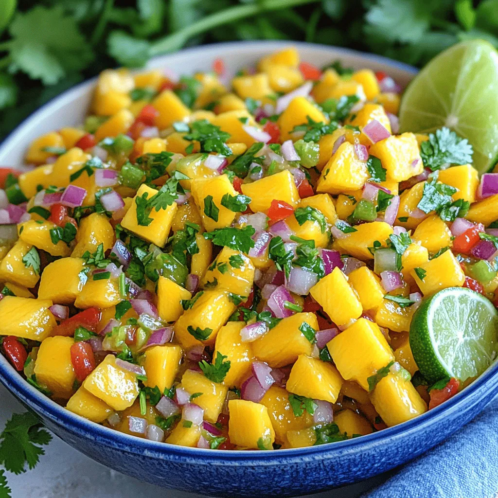 To make a great mango salsa, you need fresh, quality ingredients. Here’s what you'll need: - 2 ripe mangoes, diced - 1 red bell pepper, finely chopped - 1/2 red onion, finely chopped - 1 jalapeño, deseeded and minced - 1/4 cup fresh cilantro, chopped - Juice of 1 lime - Salt to taste - 1 tablespoon olive oil (optional) Freshness is key for this salsa. Choose ripe mangoes that give slightly when pressed. The color should be vibrant, and the smell sweet. For the bell pepper and onion, look for firm and colorful options. You can customize the salsa by adding more ingredients. Want a fruit twist? Try adding diced pineapple or avocado. For more heat, consider using serrano peppers. Adjust these options to suit your taste. Check out the Full Recipe for more details on preparation! 1. Start with the mangoes. Dice them into small cubes. Make sure they are ripe, sweet, and juicy. This brings out the best flavors. 2. Next, finely chop the red bell pepper and the red onion. Add these to your mixing bowl with the mango. 3. For some heat, deseed the jalapeño. Mince it finely and mix it into the bowl. If you want less spice, use less jalapeño. 4. Chop the fresh cilantro and toss it in. This adds a fresh taste and bright color to your salsa. 5. Squeeze the juice of one lime over the mixture. This step boosts the flavors and keeps the salsa bright. 6. If you like, drizzle in some olive oil. This adds a richer texture and flavor. 7. Season the salsa with salt to taste. Gently toss everything together until well combined. 8. Let the salsa sit for about 15 minutes. This time lets the flavors meld beautifully. For best results, prepare the salsa about 15 minutes before serving. You can enjoy it fresh, but letting it sit enhances the taste. Serve it in a colorful bowl or on a platter. Add some whole cilantro leaves and lime wedges for a fun touch. Enjoy it with grilled chicken, fish, or tortilla chips. For the full recipe, check out the Tropical Mango Salsa section. To pick ripe mangoes, look for a firm fruit that gives slightly when pressed. The color should be bright yellow or red, depending on the type. Avoid green mangoes, as they are not sweet yet. If a mango feels hard, it is unripe. You can let it sit at room temperature for a few days to ripen. Once ripe, store mangoes in the fridge to keep them fresh longer. To boost the flavor of your mango salsa, try adding fresh herbs like mint or basil. Chopped green onions can also add a nice touch. If you like it spicy, try adding cayenne pepper or a dash of hot sauce. Adjust the spice level based on who will eat it. Start with a little, and you can always add more later. Remember, balance is key in flavors. For a full recipe, check out the Tropical Mango Salsa section. {{image_2}} You can play around with mango salsa to make it unique. Adding fruits like pineapple gives it a sweet twist. Just chop fresh pineapple and mix it in. You get a tropical taste that brightens any dish. Avocado is another fun addition. It adds creaminess and pairs well with mango. Just dice it and fold it in gently. You create a richer texture that is hard to resist. If you like heat, try spicy versions with different peppers. Serrano or habanero peppers can pack a punch. Just remember to adjust the amount based on your spice level. You can also roast the peppers for a smoky flavor. Mango salsa can reflect many cultures. Try incorporating regional ingredients or flavors. For example, add black beans for a Latin twist or coconut for a Caribbean vibe. These little changes can make a big difference. Fusion recipes using mango salsa can be exciting, too. Use it as a topping on tacos or grilled salmon. You can even mix it with quinoa for a healthy salad. The possibilities are endless. For a full recipe, check out the Tropical Mango Salsa section. Store your mango salsa in an airtight container. Glass containers work best, but plastic will do too. Make sure to seal it well to keep out air. This keeps the flavors fresh. You can keep it in the fridge for up to three days. After that, it may lose its crunch and taste. Mango salsa tastes best fresh. If you have leftovers, do not heat them. Just serve them cold. You can use leftover salsa in many ways. Try it on tacos or nachos for a quick snack. You can also mix it into salads for a fruity twist. It adds a bright flavor to grilled chicken or fish. You can even spoon it over rice or quinoa for a tasty meal. Enjoy your mango salsa in new ways! For the full recipe, check out the Tropical Mango Salsa section. Mango salsa pairs well with many dishes. Here are some tasty ideas: - Grilled chicken: The sweetness of the mango complements the smoky flavor. - Fish tacos: Add a scoop for color and zest. - Pork chops: The salsa brightens the dish with freshness. - Tortilla chips: A classic snack for dipping. - Salads: Use it as a dressing for a refreshing twist. Yes, you can make mango salsa ahead. Here are some tips: - Prep early: Make it a few hours before serving. This allows flavors to mix. - Store properly: Keep it in an airtight container in the fridge. - Avoid browning: Lime juice helps keep the mango bright and fresh. Homemade mango salsa stays fresh for about 3 to 5 days. Look for these signs of spoilage: - Smell: If it smells off, it’s time to toss it. - Color: If it turns brown or dull, it may not taste good. - Texture: If it gets slimy, do not eat it. For the full recipe, check out the Tropical Mango Salsa section. Enjoy your fresh and zesty creation! In this blog post, I covered everything you need to make delicious mango salsa. We talked about key ingredients, fresh options, and how to prepare each step. I shared tips for choosing mangoes and enhancing flavor. You also learned about variations and unique cultural twists. Finally, we discussed storage options and food pairings. Mango salsa is easy to make and perfect for any gathering. Keep experimenting with flavors to find your favorite mix!