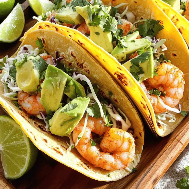 - 1 lb shrimp, peeled and deveined - 2 tablespoons olive oil - 1 teaspoon chili powder - 1/2 teaspoon cumin - 1/4 teaspoon garlic powder - Salt and pepper to taste - 1 cup shredded cabbage - 1 ripe avocado, sliced - 1/4 cup fresh cilantro, chopped - 1 lime, cut into wedges - Optional: hot sauce for serving - 8 small corn tortillas Gather these ingredients for easy shrimp tacos. Fresh shrimp gives the best flavor. The olive oil helps the spices stick to the shrimp. Chili powder adds a warm kick. Cumin and garlic powder deepen the taste. Use salt and pepper to enhance all the flavors. Shredded cabbage adds crunch. Sliced avocado brings creaminess. Fresh cilantro adds a pop of color and taste. Lime wedges brighten each bite. Hot sauce can add heat, if you like. With all these items, you can create a delicious meal in no time. Check out the Full Recipe for more guidance on how to cook these shrimp tacos perfectly! - Combine shrimp and seasonings in a bowl. - Toss until well-coated. Start by taking your shrimp and placing them in a large bowl. Add the olive oil, chili powder, cumin, garlic powder, salt, and pepper. These spices will give your shrimp a great flavor. Toss everything together until the shrimp is covered in the spices. This step is crucial! It ensures each shrimp is full of taste. - Heat skillet over medium-high heat. - Cook shrimp for 2-3 minutes on each side until pink. Next, heat a non-stick skillet over medium-high heat. This temperature is perfect for cooking shrimp quickly. Once the skillet is hot, add the shrimp in a single layer. Let them cook for about 2-3 minutes on each side. You’ll know they are done when they turn pink and opaque. Be careful not to overcook them; they can become tough. - Warm corn tortillas. - Layer ingredients in each tortilla (cabbage, shrimp, avocado, cilantro). While the shrimp cooks, warm your corn tortillas. You can do this in another pan or even in the microwave. Once they are warm and soft, it’s time to assemble your tacos. Start by placing a handful of shredded cabbage on each tortilla. Next, add the shrimp on top of the cabbage. Finish with slices of avocado and a sprinkle of fresh cilantro. Each bite will be a burst of flavor. Enjoy your Easy Shrimp Tacos! For the full recipe, check the section above. To cook shrimp well, heat your skillet to medium-high. This temperature ensures a quick cook, keeping your shrimp juicy. Cook the shrimp for about 2-3 minutes on each side. Look for a bright pink color and a firm texture. This means they are perfect. If you cook them too long, they will turn rubbery. Trust me, nobody wants that! Want to jazz up your shrimp? Try adding spices like paprika or cayenne for a kick. You can also marinate your shrimp in lime juice for a fresh twist. For sauces, a simple mix of sour cream and lime juice works wonders. You might also like a drizzle of spicy mayo or a zesty salsa. They add extra flavor that makes every bite exciting. If you're short on time, use pre-cooked shrimp. They save you cooking time and still taste great. Also, prep your ingredients in advance. Chop your cabbage, slice your avocado, and measure your spices ahead of time. This way, you can focus on cooking when you're ready to eat. The Full Recipe is simple and quick, making meal prep a breeze! {{image_2}} For grilled shrimp tacos, start by marinating shrimp. Use olive oil, chili powder, and cumin for flavor. Here’s how to grill shrimp: 1. Preheat your grill to medium-high heat. 2. Thread shrimp onto skewers for easy handling. 3. Grill for 2-3 minutes on each side until they turn pink and firm. Grilling gives shrimp a nice smoky taste. You can add lime juice for extra zing. If you prefer fried shrimp tacos, you will want to use a frying method. Here’s how to fry shrimp: 1. Heat oil in a deep pan to 350°F. 2. Dredge shrimp in seasoned flour or breadcrumbs. 3. Fry shrimp for about 2-3 minutes or until golden brown. Use vegetable oil or canola oil for frying. It gives a crispy texture that everyone loves. You can switch up the shrimp for other proteins. Fish, like tilapia or cod, works great. Chicken also makes a tasty taco filling. For a vegetarian option, try black beans or grilled veggies. These options keep the meal fresh and fun. Feel free to explore the Full Recipe for more ideas! To keep your shrimp fresh, store them in an airtight container. This helps keep moisture out. Use glass or plastic containers with tight lids. If you have extra tortillas, wrap them in foil or plastic wrap. Leftovers can last in the fridge for about 2 days. After that, the shrimp may lose their taste and texture. When reheating shrimp, do it gently. Use a skillet over low heat. This keeps the shrimp moist. Heat for about 2 minutes on each side until warm. For tortillas, warm them in a dry skillet for 30 seconds. This way, they stay soft and flexible. To freeze shrimp tacos, wrap each taco tightly in plastic wrap. Then place them in a freezer bag. Make sure to squeeze out all the air. They can stay in the freezer for up to 3 months. When you want to eat them, thaw in the fridge overnight. Reheat as described above for best results. Enjoy your meal from the freezer! The best shrimp for tacos are medium to large shrimp. They have a firm texture and hold up well in tacos. Look for shrimp that are peeled and deveined. Fresh shrimp will taste better, but frozen shrimp work too. I often use shrimp that are 21-25 count per pound. This size offers a good bite and flavor in each taco. Yes, you can use frozen shrimp for these tacos. Just make sure to thaw them first. To thaw, place the shrimp in cold water for about 15 minutes. Drain them well and pat them dry with a paper towel. This helps the seasoning stick better. Using frozen shrimp makes this dish quick and easy. Shrimp tacos are great with many toppings. Here are some tasty options: - Shredded cabbage for crunch - Sliced avocado for creaminess - Chopped cilantro for freshness - A squeeze of lime for brightness - Hot sauce for heat You can mix and match these toppings to fit your taste. Each adds flavor and color to your tacos. For a fun twist, try adding pineapple salsa or pickled onions. This blog post covered how to make shrimp tacos, from selecting ingredients to cooking shrimp. I shared tips for flavor, optimal techniques, and tasty variations. Making these tacos is simple and fun. Whether grilled, fried, or using different proteins, you can customize them to your taste. Store and reheat them easily for quick meals. Enjoy your cooking and share these delicious tacos with friends and family!