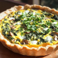 - 1 pre-made pie crust - 2 cups fresh spinach, roughly chopped - 1 cup mushrooms, sliced (preferably cremini or button) - 1 small onion, finely chopped - 3 large eggs - 1 cup heavy cream - 1 cup shredded mozzarella cheese - 1/2 cup grated Parmesan cheese - 1 teaspoon garlic powder - Salt and pepper to taste - 1 tablespoon olive oil - Fresh parsley, for garnish (optional) I love using fresh ingredients for this quiche. Fresh spinach brings vibrant color and nutrients. Mushrooms add depth and a nice texture. I prefer cremini mushrooms for their rich flavor, but button mushrooms work too. The pie crust is easy to use and saves time. You can also make your own if you feel adventurous. Onions give a sweet taste when sautéed. The blend of mozzarella and Parmesan cheese creates a creamy, cheesy goodness. Three eggs and heavy cream bind everything together, creating a rich filling. Garlic powder adds a subtle flavor, while salt and pepper enhance all the tastes. Lastly, I often sprinkle fresh parsley on top for a pop of color. This not only looks nice, but it also adds a fresh taste. For the full recipe, check out the details above. - Preheating the oven: Start by preheating your oven to 375°F (190°C). This step ensures even cooking. - Sautéing the onion and mushrooms: In a large skillet, heat one tablespoon of olive oil over medium heat. Add the finely chopped onion and sauté for about 3-4 minutes until it becomes soft and clear. Next, add the sliced mushrooms. Cook these for about 5 minutes until they soften and brown. - Cooking the spinach: Stir in the roughly chopped spinach. Cook until it wilts, about 2 minutes. Season with garlic powder, salt, and pepper. Once done, remove the skillet from the heat and let the mixture cool for a bit. - Whisking together eggs and cream: In a mixing bowl, crack three large eggs. Pour in one cup of heavy cream. Whisk these together until they blend well. This mix gives the quiche its rich texture. - Mixing in cheeses and spinach mixture: Add one cup of shredded mozzarella cheese and half a cup of grated Parmesan cheese to the egg mix. Gently stir in the cooled spinach and mushroom mixture until everything is well combined. - Pouring the filling into the crust: Take your pre-made pie crust and pour the filling into it. Spread the mixture evenly to ensure even cooking. - Baking time and temperature: Place the quiche in the preheated oven. Bake for 30-35 minutes, or until the quiche is set and lightly golden on top. - Tips for checking doneness: To check if the quiche is done, gently shake it. If the center wobbles a little but is mostly firm, it’s ready. Let it cool for 5-10 minutes before slicing. Enjoy your delicious quiche! For the full recipe, check the provided details above. - Choosing the right pie crust: A pre-made pie crust saves time. Look for one that is flaky and sturdy. This helps hold your filling without breaking. You can also use a homemade crust for a personal touch. - Avoiding a soggy bottom: To prevent a soggy crust, pre-bake it for about 10 minutes. This helps it firm up before you add the filling. Make sure to weigh it down with pie weights or beans while baking. - Allowing the quiche to rest: Let your quiche sit for 5 to 10 minutes after baking. This helps it set and makes slicing easier. It also allows the flavors to blend. - Alternatives for heavy cream: If you want a lighter version, use half-and-half or whole milk. You can also mix yogurt with some milk for a creamy texture. - Using different cheeses: While mozzarella and Parmesan work great, feel free to swap for cheddar or feta. Each cheese brings a unique flavor to the quiche. - Options for a gluten-free crust: If you need a gluten-free option, use almond flour or a store-bought gluten-free crust. You can also make a crust from mashed potatoes. - Accompaniments to enjoy with quiche: A fresh salad pairs nicely with quiche. Try a simple green salad with a light vinaigrette. You can also serve it with a side of fruit for a sweet touch. - Ideal side dishes: Roasted vegetables or a light soup work well too. They add color and nutrition to your meal. For a heartier option, consider serving with a side of crispy bacon or sausage. {{image_2}} You can make your quiche more filling by adding proteins. Bacon or ham works great. Just cook the meat first, then mix it into the spinach and mushroom filling. If you want to add more veggies, try peppers or leeks. They add sweetness and flavor. Just chop them fine and sauté with the onions and mushrooms. Herbs and spices can make your quiche shine. Consider adding thyme or basil for a fresh taste. A bit of nutmeg can also bring out the flavors in the eggs. For cheese, mix mozzarella with feta or goat cheese. Each cheese adds its own twist to the dish. You can enjoy a vegan version too. Replace eggs with silken tofu and use plant-based cream. For a low-carb option, skip the crust and bake the filling in a greased dish. This keeps all the flavor without the carbs. These variations make the quiche fit different diets while keeping it tasty. For the full recipe, check out the detailed cooking steps above. To store leftover quiche, let it cool first. Then, cover it tightly with plastic wrap or foil. You can also place it in an airtight container. This keeps the quiche fresh for later meals. I suggest using glass or plastic containers that seal well. For freezing quiche, slice it into pieces. Wrap each slice in plastic wrap, then in aluminum foil. This adds another layer of protection. You can also place the slices in a freezer-safe bag. To thaw, move the quiche to the fridge overnight. When ready to eat, reheat it in the oven or microwave until warm. In the fridge, the quiche lasts about 3 to 4 days. If you freeze it, it can last up to 2 months. Check for signs of spoilage, like a sour smell or mold growth. If you see any of these signs, it’s best to discard the quiche. Enjoy your savory spinach mushroom quiche fresh or reheated! For the full recipe, see the earlier section. The best way to reheat quiche is in the oven. Preheat your oven to 350°F (175°C). Place the quiche on a baking sheet. Heat for about 15-20 minutes. This method keeps the crust crispy and warm. If you’re short on time, you can use the microwave. Heat a slice for 1-2 minutes. However, the crust may get a bit soft. Yes, you can make Spinach Mushroom Quiche ahead of time. It’s a great dish for meal prep. You can bake it and store it in the fridge for up to three days. Let it cool completely before wrapping it tightly. If you want to freeze it, bake it first, then freeze. Just remember to thaw it overnight in the fridge before reheating. Quiche is perfect for breakfast, brunch, or even dinner. It’s versatile and can be served warm or at room temperature. You can pair it with a salad for lunch or a light dinner. The flavors mix well with many sides, making it a great choice for any meal. You can tell when the quiche is done by checking the center. It should be set and not jiggly. You can also insert a knife into the center. If it comes out clean, the quiche is ready. The top should be golden brown. For the best results, follow the instructions in the Full Recipe. In this article, we explored how to make a delicious spinach mushroom quiche. We covered ingredients, step-by-step instructions, and helpful tips for creating the perfect dish. Remember, you can customize your quiche with different ingredients or variations to suit your tastes. Whether it's for breakfast or brunch, this quiche is a crowd-pleaser. Enjoy your cooking adventure, and don't hesitate to experiment with flavors! Your kitchen creations can impress family and friends. Happy cooking!