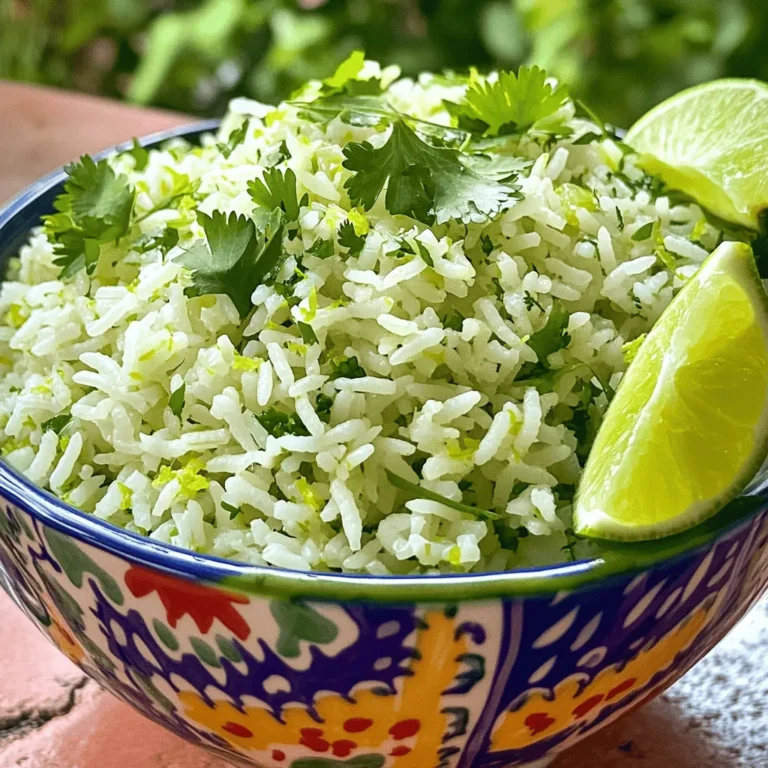 To make cilantro lime rice, gather these simple items: - 1 cup jasmine rice, rinsed - 2 cups vegetable broth - 1 tablespoon olive oil - 1 clove garlic, minced - Zest and juice of 1 lime - 1/2 teaspoon ground cumin - 1/4 cup fresh cilantro, chopped - Salt and pepper to taste Using fresh herbs is key to great flavor. Look for bright green cilantro. Avoid wilted leaves. They won't taste as good. High-quality rice also matters. I prefer jasmine rice for its light texture. It cooks well and takes on flavors nicely. You can switch up your rice type. Brown rice adds a nutty taste but takes longer to cook. Basmati rice works well too. Feel free to add other spices, like chili powder or onion powder, to enhance the flavor. You can also toss in veggies, like bell peppers or peas, for more color and nutrition. Check out the Full Recipe for more cooking tips and instructions! Start by heating olive oil in a medium pot on medium heat. Add minced garlic and sauté for about 30 seconds. This brings out the garlic's rich flavor. Next, rinse your jasmine rice under cool water until the water runs clear. This step removes excess starch and helps keep the rice fluffy. Now, stir the rinsed rice into the pot. Toast the rice for about one minute. This gives the rice a nice, nutty flavor. Now it's time to add the broth. Pour in two cups of vegetable broth along with half a teaspoon of ground cumin. The cumin adds a warm, earthy note. Bring the mixture to a boil. Once boiling, reduce the heat to low and cover the pot with a lid. Let it simmer for about 15 minutes. The rice should absorb all the liquid and become tender. After 15 minutes, remove the pot from heat. Let it sit covered for five more minutes. This resting time makes the rice even fluffier. Next, fluff the rice with a fork to separate the grains. Add the lime zest and juice to the pot. Stir in the chopped cilantro for a fresh burst of flavor. Season with salt and pepper to taste. This adds just the right touch to your dish. Serve your cilantro lime rice warm as a side or a base for your favorite protein or veggies. For a beautiful presentation, use a vibrant bowl and garnish with extra cilantro and a lime wedge. Check out the Full Recipe for more details! To make great cilantro lime rice, start with the right water-to-rice ratio. Use two cups of broth for every cup of jasmine rice. This adds flavor and moisture. If you want softer rice, increase the liquid slightly. Managing cooking time is also key. Bring the broth to a boil first. Then, reduce the heat and cover the pot. Let it simmer for about 15 minutes. This helps the rice absorb all the flavors. After cooking, let it sit for five minutes before fluffing. This step makes a big difference in texture. Cilantro lime rice works well as a side dish. It pairs nicely with grilled chicken, shrimp, or tofu. You can also use it as a base for burrito bowls. Add beans, veggies, or your favorite protein to create a filling meal. This rice fits many cuisines. It goes great with Mexican dishes like tacos or enchiladas. You can also serve it alongside Asian meals, adding a twist to your dinner. To serve cilantro lime rice, choose a vibrant bowl. A colorful dish makes the meal pop. Garnish with extra cilantro leaves on top. A lime wedge on the side adds a fresh touch. This small detail enhances the look of your dish. For a fun twist, try layering the rice with other ingredients. You can create a beautiful, colorful presentation that is sure to impress. For the full recipe, refer to the earlier sections. {{image_2}} You can easily make cilantro lime rice vegan. Use vegetable broth instead of chicken broth. This simple swap keeps the dish rich in flavor. For gluten-free options, check your broth for gluten content. Many brands offer gluten-free broth choices. Want to spice things up? Add diced jalapeños or other peppers for a tasty kick. You can adjust the heat level by using milder or hotter peppers. Mix in some beans or corn for extra texture. Black beans or sweet corn pair well with this rice. Cilantro lime rice can take on many flavors. For a Mexican twist, add some diced tomatoes and avocado. Try an Asian-inspired version by mixing in soy sauce or sesame oil. You can also add fresh herbs like mint or basil for a unique touch. Each variation makes the dish special and fun! Store your cilantro lime rice in a clean, airtight container. Let it cool to room temperature first. This helps keep the texture nice. You can keep it in the fridge for up to four days. If you want to enjoy it later, make sure to label the container with the date. To freeze cilantro lime rice, place it in a freezer-safe bag. Squeeze out as much air as you can before sealing. This keeps it fresh. You can freeze it for up to three months. When ready to eat, thaw the rice overnight in the fridge. For reheating, place it in a pot with a splash of water. Heat on low and stir until warm. You can get creative with leftover rice. Try making burrito bowls with beans and veggies. Mix it with sautéed onions and peppers for a tasty filling. You can also use it in soups or as a side with grilled meats. Each option gives leftover rice a new life! Cilantro lime rice is a fresh, zesty side dish made with jasmine rice, cilantro, and lime juice. I love using it to brighten up tacos, burritos, and grilled meats. The balance of flavors makes it versatile and exciting. You can serve it warm or at room temperature. This dish is a great way to add a pop of color and taste to your meals. Yes, you can make cilantro lime rice ahead of time. To do this, cook the rice as directed in the Full Recipe. After cooking, let it cool and store it in an airtight container in the fridge. You can reheat it on the stove or in the microwave. If the rice becomes dry, just add a splash of water or broth when reheating. This keeps the rice fluffy and tasty. If you want to skip the broth, you can use water instead. Just replace the broth with the same amount of water. You can also add a dash of salt and a little lime juice for flavor. For an extra kick, consider adding some chopped onions or spices like cumin. This way, you still get a delicious cilantro lime rice without broth. Yes, cilantro lime rice is gluten-free. The main ingredients—rice, cilantro, and lime—are all gluten-free. Just be sure to check any added ingredients, like broth or seasonings, to ensure they don’t contain gluten. This makes it a great option for those with gluten sensitivities or celiac disease. Enjoy it without worry! Cilantro lime rice is simple and tasty. We gathered key ingredients for the best flavor. High-quality rice and fresh herbs make a big difference. You can also play with variations and serve it in many ways. Remember to store leftovers properly. This way, you can enjoy this dish again. Whether you keep it classic or try new twists, you can't go wrong. Get cooking and enjoy this delicious side!
