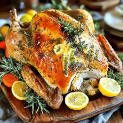 - 1 whole turkey (12-14 pounds), thawed - 6 cloves garlic, minced - 1/4 cup fresh rosemary, chopped - 1/4 cup fresh thyme, chopped - 1/4 cup fresh sage, chopped - 1/2 cup unsalted butter, softened - 2 tablespoons olive oil - 2 lemons, zested and juiced - Salt and pepper to taste - 1 cup carrots, chopped - 1 cup onion, chopped - 1 cup celery, chopped - 4 cups low-sodium chicken broth for moisture The main ingredients form the base of the dish. The turkey is the star, and its size keeps it juicy. Fresh herbs like rosemary, thyme, and sage add bold flavors. Minced garlic brings an aromatic punch. The butter and olive oil create a rich and savory skin. Lemons add brightness and balance, while salt and pepper enhance all the flavors. Aromatics like carrots, onions, and celery add flavor and moisture to the turkey. These ingredients create a delightful stuffing that seeps into the meat as it cooks. The low-sodium chicken broth keeps it all moist and tender. You can find the full recipe above, which will guide you through a delicious cooking journey. Enjoy the rich flavors in every bite! - Preheat the oven to 325°F (163°C). - In a small bowl, mix the softened butter, minced garlic, chopped rosemary, thyme, sage, lemon zest, salt, and pepper. This makes a tasty garlic herb butter. - Pat the turkey dry with paper towels. Don’t forget to take out any giblets. - Carefully lift the skin on the turkey breast and thighs. Spread half of the garlic herb butter under the skin. Rub the rest on the outside of the turkey. This helps keep it moist and adds flavor. - Stuff the turkey’s cavity with chopped carrots, onions, and celery. This adds more flavor and keeps the turkey juicy. - Place the turkey on a roasting rack in a large pan. Tuck the wings under the turkey. Pour chicken broth into the pan for extra moisture. - Roast the turkey in the oven. Baste it with the juices every 30 minutes. Cook for about 13-15 minutes per pound. Make sure the internal temperature reaches 165°F (74°C) in the thickest parts. - Once done, take the turkey out and cover it loosely with foil. Let it rest for at least 30 minutes before carving. This helps the juices stay in the meat. For the full recipe, check the complete guide! To ensure a juicy turkey, start with a good brine. Soaking the turkey overnight in a saltwater mix helps it stay moist. Always dry the turkey with paper towels before seasoning. This step promotes crisp skin. The ideal internal temperature for turkey is 165°F (74°C). Check the thickest part of the breast and thighs. Rest the turkey for at least 30 minutes before carving. This allows juices to settle, making each bite tender. Basting your turkey keeps it juicy and adds flavor. I recommend using the turkey’s juices for basting. Baste every 30 minutes with a baster or spoon. This timing gives the turkey time to cook evenly. Avoid opening the oven too often. Each time you do, heat escapes, which can dry out your turkey. Herbs and spices add depth to your dish. I love using rosemary, thyme, and sage for a classic taste. You can also try adding parsley or tarragon for a fresh twist. Citrus fruits like lemons or oranges brighten the flavor. Zest the citrus before juicing to release oils. This simple step enhances the turkey's taste. For more variety, mix in spices like paprika or garlic powder to your herb blend. {{image_2}} You can change the herbs to fit your taste. For example, try basil for a sweet note or oregano for a more robust flavor. You can mix and match different herbs to create your unique blend. When using dried herbs, remember they are more potent than fresh ones. Use one-third of the amount of dried herbs compared to fresh. This adjustment helps keep the taste balanced and avoids overwhelming the dish. You can cook your turkey in many ways. A slow cooker is great for moist meat. It takes longer but gives you a tender turkey. Just ensure you use enough broth for moisture. Oven roasting is classic and gives a lovely crispy skin. You can also grill or smoke the turkey for a smoky flavor. Smoking adds depth and makes it perfect for summer gatherings. Adjust cooking times based on the method you choose. If you use a smaller or larger turkey, you need to adjust the recipe. For smaller turkeys, cut the herbs and butter in half. For larger ones, increase them by one-third. Cooking time varies with turkey size. Aim for 13-15 minutes per pound. Always check the internal temperature to ensure it reaches 165°F (74°C) in the thickest part of the breast and thighs. After you enjoy your garlic herb roasted turkey, store the leftovers safely. First, let the turkey cool down to room temperature. Then, carve the meat off the bone. This helps it cool faster and keeps it fresh longer. Use airtight containers or wrap the turkey tightly in plastic wrap. Store it in the fridge for up to four days. If you want to save turkey for later, freezing is a great option. Place the carved turkey in freezer-safe bags. Remove as much air as possible before sealing. Frozen turkey stays good for about four months. When it's time to enjoy leftovers, reheating is key. You can use the oven, microwave, or stovetop. For the oven, preheat it to 325°F (163°C). Place the turkey in a baking dish with a bit of chicken broth. Cover it with foil to keep it moist. Heat for about 20-30 minutes, or until it's warm all the way through. If you choose the microwave, slice the turkey for quick heating. Use a microwave-safe dish and cover the turkey. Heat in short bursts, checking often, to avoid drying it out. Keeping moisture during reheating is important. Adding a splash of broth or a bit of butter helps. This keeps your turkey juicy and full of flavor. For more detailed instructions, check the Full Recipe. Roasting a turkey takes time and care. A good rule is to cook it for about 13-15 minutes per pound. For a 12-14 pound turkey, plan for around 3 to 4 hours. Always check the turkey’s progress. You want it to be golden brown and juicy. The right internal temperature is key for a safe turkey. Use a meat thermometer to check the thickest part of the breast and thighs. You need it to reach 165°F (74°C). This ensures it is fully cooked and safe to eat. Yes, you can prepare your turkey the day before! This can save you time on the big day. Rub the garlic herb butter on the turkey and cover it with plastic wrap. Let it sit in the fridge overnight. This helps the flavors soak in, making your turkey even tastier. For the full recipe, check out the Garlic Herb Roasted Turkey recipe. In this post, we explored how to make a flavorful garlic herb roasted turkey. You learned about essential ingredients, preparation steps, and cooking methods. We discussed tips for perfecting your roast and how to store and reheat leftovers. Remember, the right herbs and care can make your turkey delicious and juicy. With these guidelines, you can create a memorable dish that impresses family and friends. Happy cooking!