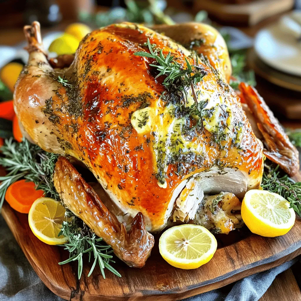 - 1 whole turkey (12-14 pounds), thawed - 6 cloves garlic, minced - 1/4 cup fresh rosemary, chopped - 1/4 cup fresh thyme, chopped - 1/4 cup fresh sage, chopped - 1/2 cup unsalted butter, softened - 2 tablespoons olive oil - 2 lemons, zested and juiced - Salt and pepper to taste - 1 cup carrots, chopped - 1 cup onion, chopped - 1 cup celery, chopped - 4 cups low-sodium chicken broth for moisture The main ingredients form the base of the dish. The turkey is the star, and its size keeps it juicy. Fresh herbs like rosemary, thyme, and sage add bold flavors. Minced garlic brings an aromatic punch. The butter and olive oil create a rich and savory skin. Lemons add brightness and balance, while salt and pepper enhance all the flavors. Aromatics like carrots, onions, and celery add flavor and moisture to the turkey. These ingredients create a delightful stuffing that seeps into the meat as it cooks. The low-sodium chicken broth keeps it all moist and tender. You can find the full recipe above, which will guide you through a delicious cooking journey. Enjoy the rich flavors in every bite! - Preheat the oven to 325°F (163°C). - In a small bowl, mix the softened butter, minced garlic, chopped rosemary, thyme, sage, lemon zest, salt, and pepper. This makes a tasty garlic herb butter. - Pat the turkey dry with paper towels. Don’t forget to take out any giblets. - Carefully lift the skin on the turkey breast and thighs. Spread half of the garlic herb butter under the skin. Rub the rest on the outside of the turkey. This helps keep it moist and adds flavor. - Stuff the turkey’s cavity with chopped carrots, onions, and celery. This adds more flavor and keeps the turkey juicy. - Place the turkey on a roasting rack in a large pan. Tuck the wings under the turkey. Pour chicken broth into the pan for extra moisture. - Roast the turkey in the oven. Baste it with the juices every 30 minutes. Cook for about 13-15 minutes per pound. Make sure the internal temperature reaches 165°F (74°C) in the thickest parts. - Once done, take the turkey out and cover it loosely with foil. Let it rest for at least 30 minutes before carving. This helps the juices stay in the meat. For the full recipe, check the complete guide! To ensure a juicy turkey, start with a good brine. Soaking the turkey overnight in a saltwater mix helps it stay moist. Always dry the turkey with paper towels before seasoning. This step promotes crisp skin. The ideal internal temperature for turkey is 165°F (74°C). Check the thickest part of the breast and thighs. Rest the turkey for at least 30 minutes before carving. This allows juices to settle, making each bite tender. Basting your turkey keeps it juicy and adds flavor. I recommend using the turkey’s juices for basting. Baste every 30 minutes with a baster or spoon. This timing gives the turkey time to cook evenly. Avoid opening the oven too often. Each time you do, heat escapes, which can dry out your turkey. Herbs and spices add depth to your dish. I love using rosemary, thyme, and sage for a classic taste. You can also try adding parsley or tarragon for a fresh twist. Citrus fruits like lemons or oranges brighten the flavor. Zest the citrus before juicing to release oils. This simple step enhances the turkey's taste. For more variety, mix in spices like paprika or garlic powder to your herb blend. {{image_2}} You can change the herbs to fit your taste. For example, try basil for a sweet note or oregano for a more robust flavor. You can mix and match different herbs to create your unique blend. When using dried herbs, remember they are more potent than fresh ones. Use one-third of the amount of dried herbs compared to fresh. This adjustment helps keep the taste balanced and avoids overwhelming the dish. You can cook your turkey in many ways. A slow cooker is great for moist meat. It takes longer but gives you a tender turkey. Just ensure you use enough broth for moisture. Oven roasting is classic and gives a lovely crispy skin. You can also grill or smoke the turkey for a smoky flavor. Smoking adds depth and makes it perfect for summer gatherings. Adjust cooking times based on the method you choose. If you use a smaller or larger turkey, you need to adjust the recipe. For smaller turkeys, cut the herbs and butter in half. For larger ones, increase them by one-third. Cooking time varies with turkey size. Aim for 13-15 minutes per pound. Always check the internal temperature to ensure it reaches 165°F (74°C) in the thickest part of the breast and thighs. After you enjoy your garlic herb roasted turkey, store the leftovers safely. First, let the turkey cool down to room temperature. Then, carve the meat off the bone. This helps it cool faster and keeps it fresh longer. Use airtight containers or wrap the turkey tightly in plastic wrap. Store it in the fridge for up to four days. If you want to save turkey for later, freezing is a great option. Place the carved turkey in freezer-safe bags. Remove as much air as possible before sealing. Frozen turkey stays good for about four months. When it's time to enjoy leftovers, reheating is key. You can use the oven, microwave, or stovetop. For the oven, preheat it to 325°F (163°C). Place the turkey in a baking dish with a bit of chicken broth. Cover it with foil to keep it moist. Heat for about 20-30 minutes, or until it's warm all the way through. If you choose the microwave, slice the turkey for quick heating. Use a microwave-safe dish and cover the turkey. Heat in short bursts, checking often, to avoid drying it out. Keeping moisture during reheating is important. Adding a splash of broth or a bit of butter helps. This keeps your turkey juicy and full of flavor. For more detailed instructions, check the Full Recipe. Roasting a turkey takes time and care. A good rule is to cook it for about 13-15 minutes per pound. For a 12-14 pound turkey, plan for around 3 to 4 hours. Always check the turkey’s progress. You want it to be golden brown and juicy. The right internal temperature is key for a safe turkey. Use a meat thermometer to check the thickest part of the breast and thighs. You need it to reach 165°F (74°C). This ensures it is fully cooked and safe to eat. Yes, you can prepare your turkey the day before! This can save you time on the big day. Rub the garlic herb butter on the turkey and cover it with plastic wrap. Let it sit in the fridge overnight. This helps the flavors soak in, making your turkey even tastier. For the full recipe, check out the Garlic Herb Roasted Turkey recipe. In this post, we explored how to make a flavorful garlic herb roasted turkey. You learned about essential ingredients, preparation steps, and cooking methods. We discussed tips for perfecting your roast and how to store and reheat leftovers. Remember, the right herbs and care can make your turkey delicious and juicy. With these guidelines, you can create a memorable dish that impresses family and friends. Happy cooking!