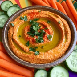 - 1 cup canned chickpeas, drained and rinsed - 1 medium roasted red pepper (jarred or homemade) - 2 tablespoons tahini - 2 tablespoons lemon juice - 1 clove garlic, minced - 2 tablespoons olive oil - 1/2 teaspoon ground cumin - Salt to taste - Fresh parsley, for garnish - Paprika, for garnish Roasted red pepper hummus is simple to make. You need just a few key ingredients. Canned chickpeas form the base, providing protein and fiber. They create a creamy texture when blended. The roasted red pepper adds a sweet and smoky flavor. You can use jarred peppers for ease. If you prefer fresh, roast them over a flame or bake them. Tahini gives the hummus a rich taste and smooth texture. It adds healthy fats, making the dip more filling. Fresh lemon juice brightens the flavor and adds zest. Garlic gives it a nice kick, enhancing the overall taste. Olive oil adds richness and helps blend everything smoothly. Ground cumin brings a warm undertone, making the hummus unique. Don’t forget to add salt to bring out the flavors. For garnish, fresh parsley adds color and a fresh taste. A sprinkle of paprika gives it a nice finishing touch. - Calories per serving: About 100 - Macronutrient breakdown: - Protein: 4g - Fats: 6g - Carbs: 10g This dip is packed with benefits. Chickpeas provide plant-based protein. They help you feel full longer. Olive oil offers heart-healthy fats, while tahini is rich in minerals. The vitamins from red pepper and lemon juice boost your immune system. Overall, this hummus is a healthy choice. For the full recipe, check the section above. To start, you can use fresh or jarred red peppers. If you choose fresh, roast them over an open flame or in the oven. Aim for a charred skin. This adds depth to the flavor. After roasting, place the peppers in a sealed bag for about 10 minutes. This step helps loosen the skin. Once cool, peel off the skin and remove the seeds. If you prefer jarred peppers, simply drain them. They are quick and easy! Next, grab your food processor. Combine the chickpeas, roasted red pepper, tahini, lemon juice, minced garlic, olive oil, and ground cumin in the bowl. Blend until smooth. Be sure to scrape down the sides to mix everything well. If your hummus is too thick, add water one tablespoon at a time. Keep blending until you reach your desired consistency. Taste it! You can adjust the salt or lemon juice based on your liking. Now it’s time for the fun part! Transfer the hummus to a serving bowl. Drizzle a bit of olive oil on top for a lovely shine. For garnishing, sprinkle chopped fresh parsley and a dash of paprika. This not only adds color but also enhances the flavor. Serve it with pita bread, carrot sticks, or cucumber slices. A colorful platter makes a great display for your dip and dippers. Enjoy your homemade roasted red pepper hummus! To get the best flavor, stick to the ratios in the recipe. You can adjust the lemon juice and tahini to suit your taste. If you want a richer taste, add more tahini. For a tangy twist, squeeze in more lemon juice. If your hummus is too thick, add a bit of water. Start with one tablespoon at a time. Blend again until you reach your desired creaminess. If it’s too runny, add more chickpeas or tahini to thicken it up. Serve your hummus in a vibrant bowl. Drizzle olive oil on top for shine. Sprinkle paprika and fresh parsley for color. You can create a fun dip platter with various items. Use pita bread, carrot sticks, and cucumber slices for dipping. Pair with olives or cheese for extra flavor. A light drink like lemonade or sparkling water complements this dip well. For a twist, try it with a glass of white wine. For more ideas, check out the Full Recipe for different ways to enjoy your hummus! {{image_2}} You can enhance your roasted red pepper hummus with fun flavors. Try adding spices like smoked paprika, ground coriander, or cayenne pepper. These spices give the dip a unique twist. If you want heat, mix in some chopped jalapeños or crushed red pepper flakes. This spicy version will wake up your taste buds! This hummus is a great fit for anyone. It’s vegan, so you can enjoy it without any animal products. If you're gluten-free, pair it with fresh veggies or gluten-free crackers. You can also serve it with rice cakes for a crunchy option. Enjoy this tasty dip, no matter your diet! To keep your roasted red pepper hummus fresh, store it in the refrigerator. Place it in an airtight container. This helps prevent it from absorbing other flavors. Make sure to cover the top with plastic wrap before sealing. This extra layer protects the flavor. If you want to enjoy hummus later, freezing works great. Transfer the hummus to a freezer-safe container. Leave some space at the top since it expands when frozen. You can freeze hummus for up to three months. When you're ready to use it, thaw it in the fridge overnight. In the fridge, roasted red pepper hummus stays fresh for about five days. Always check for signs of spoilage. Look for a change in color or an off smell. If you see any mold, it's time to toss it. Enjoy your hummus while it's fresh for the best taste. If you're curious about making your own delicious batch, check out the Full Recipe. To make roasted red pepper hummus from scratch, you first need to roast your red pepper. You can do this over a flame or in an oven until the skin is blackened. After roasting, let the pepper sit in a sealed bag for ten minutes. This helps the skin come off easily. Once peeled, blend the roasted red pepper with chickpeas, tahini, lemon juice, garlic, olive oil, and cumin in a food processor. You will blend until the mix is smooth. If it’s too thick, add water slowly. Adjust with salt and lemon juice to taste. You can serve roasted red pepper hummus with many tasty options. Pita bread is a classic choice. Fresh veggie sticks like carrots, celery, or cucumbers also work great. You could even try crackers or baked tortilla chips for a nice crunch. For a fun twist, use mini peppers or zucchini slices. Yes, you can make roasted red pepper hummus ahead of time. I recommend making it a day in advance. Just store it in an airtight container in the fridge. This allows the flavors to blend well. It helps to taste it again before serving. You might want to add more salt or lemon juice. To store leftover hummus, keep it in a clean, airtight container. Make sure it’s sealed tightly to keep out air. This helps it stay fresh longer. You can store it in the fridge for up to five days. If you want to keep it longer, you can freeze it. Just let it thaw in the fridge before serving. This blog post covered how to make tasty roasted red pepper hummus. We discussed key ingredients, their benefits, and nutritional information. I shared step-by-step instructions for prepping and blending, along with tips for customizing and presenting your dish. We explored variations and dietary modifications to suit your taste. Lastly, I provided storage tips to keep hummus fresh. Hummus is a simple, healthy treat that you can enjoy in many ways. Try making it your own and impress your guests with your cooking skills!
