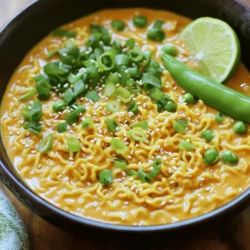 - Instant ramen noodles: The star of this dish. They cook fast and taste great. - Vegetable broth: This adds rich flavor and depth to your noodles. - Coconut milk: It gives the dish a creamy texture and a hint of sweetness. - Peanut butter: This adds a nutty flavor that makes the sauce special. - Soy sauce: A must for umami flavor. It enhances the overall taste. - Sesame oil: This adds a nice, nutty aroma and a touch of richness. - Grated ginger: Fresh ginger brings warmth and brightness to the dish. - Green onions: These add a pop of color and a fresh onion taste. - Snap peas or spinach: These veggies add color, crunch, and nutrition. - Salt and pepper: Use these to season your dish to your liking. - Crushed red pepper flakes: Add these if you like a spicy kick in your ramen. This recipe is quick and easy, making it perfect for busy weeknights. For the full recipe, check out the details above. 1. In a large saucepan, bring 1 cup of vegetable broth to a gentle simmer over medium heat. 2. Add 2 packs of instant ramen noodles to the broth. Cook them for about 3-4 minutes, or as the package directs. 1. While the noodles cook, grab a separate bowl. 2. Whisk together 1/2 cup of coconut milk, 2 tablespoons of peanut butter, 1 tablespoon of soy sauce, 1 tablespoon of sesame oil, and 1 teaspoon of grated ginger. Mix until smooth and creamy. 1. Once the noodles are ready, lower the heat. 2. Pour the creamy sauce into the saucepan with the noodles. 3. Stir gently to mix everything well. If you want to add optional vegetables like 1/2 cup of snap peas or spinach, mix them in now. Cook for 1-2 minutes until they are tender. 4. Season the dish with salt, pepper, and crushed red pepper flakes, if you like it spicy. 5. Remove from heat and stir in chopped green onions right before serving. This easy method makes every bite delightful! You can find the full recipe above. To make creamy ramen, use low heat. High heat can curdle the coconut milk. Start with a gentle simmer, then mix in the creamy sauce. Adjust the coconut milk to get your favorite creaminess. If you want it thicker, add a bit more. For a lighter texture, use less. Prep your ingredients ahead of time. Chop green onions and snap peas early. This makes cooking quick and easy. Use pre-chopped vegetables if you can find them. They save time and make this dish even faster to make. Serve your ramen in deep bowls. This keeps the broth from spilling. Garnish with sesame seeds for crunch. Add lime wedges for a fresh kick. This simple touch brightens the dish and looks great on the table. For the full recipe, check out the details above. {{image_2}} You can make your creamy ramen even better by adding protein. For a vegetarian option, try using tofu. Tofu absorbs flavors well and adds a nice texture. Simply cube it and toss it in when you add the creamy sauce. If you prefer meat, chicken or shrimp works great. Cook the chicken until it’s golden brown or sauté shrimp until they turn pink. Both options bring a hearty element to the dish. You can kick up the flavor with a few easy tweaks. If you like heat, add chili paste. Just a spoonful can make your ramen spicy and exciting. For a deeper taste, mix in some miso. Miso adds a rich umami flavor that pairs well with the creamy sauce. Stir it in when you whisk the coconut milk for best results. Looking for different creamy options? Cream cheese can give your ramen a rich texture. Just blend it into the sauce until smooth. Sour cream is another choice. It adds a tangy taste and works well if you want a bit of zest. If you’re vegan, use plant-based cream. This keeps the dish creamy while fitting your diet. It’s a simple swap that doesn’t change the taste much, but it makes the dish suitable for everyone. To keep your creamy ramen noodles fresh, store any leftovers in airtight containers. This helps prevent them from drying out or absorbing other odors in the fridge. It’s best to refrigerate them within two hours of cooking. The recommended shelf life in the fridge is about three days. After that, the texture may change, and they might not taste as great. So, enjoy them while they are still yummy! When reheating your creamy ramen noodles, you want to keep them smooth and tasty. The best method is to use the stovetop. - Heat a small amount of broth or water in a pan. - Add the noodles and stir gently until warmed through. This method helps maintain the creamy texture. If you are short on time, the microwave works too. Just place the noodles in a microwave-safe bowl. Add a splash of broth or water. Microwave in short bursts, stirring in between, until hot. Both methods work well, but stovetop gives you better flavor and texture. Enjoy your noodles just like when they were first made! Creamy ramen noodles last about 3 to 4 days in the fridge. Store them in an airtight container. Make sure to cool them down first. This keeps them fresh and tasty for later meals. Yes, you can freeze creamy ramen noodles. Place them in a freezer-safe container. They can stay good for up to two months. When ready to eat, thaw them in the fridge overnight and reheat them gently. Here are some great toppings to try: - Soft-boiled egg - Sliced mushrooms - Seaweed - Corn - Sliced jalapeños - Crushed peanuts - Sesame seeds These toppings add flavor and fun textures to your dish. To spice up your ramen, add crushed red pepper flakes. You can also include sriracha or chili oil. Start with a little, then taste and adjust. This way, you control the heat level. Creamy ramen noodles go well with many side dishes. Here are some ideas: - Edamame - Spring rolls - Asian-style slaw - A simple cucumber salad These sides complement the rich flavors of the ramen. Absolutely! You can use chicken broth, beef broth, or even mushroom broth. Each type adds its unique flavor. Feel free to experiment and find your favorite! For the full recipe, check out the Quick Creamy Ramen Noodles. In this blog post, we explored how to make creamy ramen noodles with simple ingredients. We discussed the main ingredients, like noodles, vegetable broth, and coconut milk. I shared step-by-step cooking instructions, tips for texture and presentation, and ways to customize your dish. Keep these ideas in mind as you cook. Enjoy experimenting with flavors and toppings. This base recipe offers endless possibilities. It’s quick, tasty, and will impress anyone you serve it to. Happy cooking!