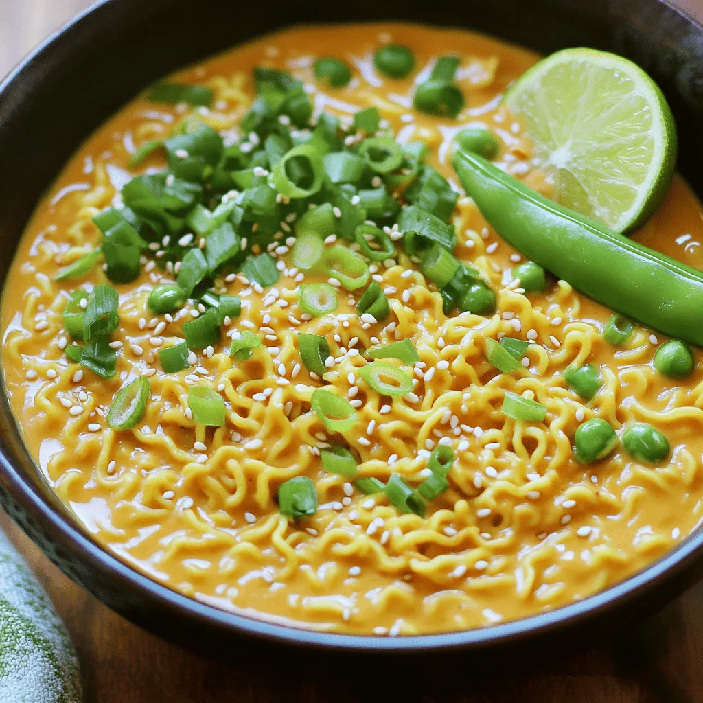 - Instant ramen noodles: The star of this dish. They cook fast and taste great. - Vegetable broth: This adds rich flavor and depth to your noodles. - Coconut milk: It gives the dish a creamy texture and a hint of sweetness. - Peanut butter: This adds a nutty flavor that makes the sauce special. - Soy sauce: A must for umami flavor. It enhances the overall taste. - Sesame oil: This adds a nice, nutty aroma and a touch of richness. - Grated ginger: Fresh ginger brings warmth and brightness to the dish. - Green onions: These add a pop of color and a fresh onion taste. - Snap peas or spinach: These veggies add color, crunch, and nutrition. - Salt and pepper: Use these to season your dish to your liking. - Crushed red pepper flakes: Add these if you like a spicy kick in your ramen. This recipe is quick and easy, making it perfect for busy weeknights. For the full recipe, check out the details above. 1. In a large saucepan, bring 1 cup of vegetable broth to a gentle simmer over medium heat. 2. Add 2 packs of instant ramen noodles to the broth. Cook them for about 3-4 minutes, or as the package directs. 1. While the noodles cook, grab a separate bowl. 2. Whisk together 1/2 cup of coconut milk, 2 tablespoons of peanut butter, 1 tablespoon of soy sauce, 1 tablespoon of sesame oil, and 1 teaspoon of grated ginger. Mix until smooth and creamy. 1. Once the noodles are ready, lower the heat. 2. Pour the creamy sauce into the saucepan with the noodles. 3. Stir gently to mix everything well. If you want to add optional vegetables like 1/2 cup of snap peas or spinach, mix them in now. Cook for 1-2 minutes until they are tender. 4. Season the dish with salt, pepper, and crushed red pepper flakes, if you like it spicy. 5. Remove from heat and stir in chopped green onions right before serving. This easy method makes every bite delightful! You can find the full recipe above. To make creamy ramen, use low heat. High heat can curdle the coconut milk. Start with a gentle simmer, then mix in the creamy sauce. Adjust the coconut milk to get your favorite creaminess. If you want it thicker, add a bit more. For a lighter texture, use less. Prep your ingredients ahead of time. Chop green onions and snap peas early. This makes cooking quick and easy. Use pre-chopped vegetables if you can find them. They save time and make this dish even faster to make. Serve your ramen in deep bowls. This keeps the broth from spilling. Garnish with sesame seeds for crunch. Add lime wedges for a fresh kick. This simple touch brightens the dish and looks great on the table. For the full recipe, check out the details above. {{image_2}} You can make your creamy ramen even better by adding protein. For a vegetarian option, try using tofu. Tofu absorbs flavors well and adds a nice texture. Simply cube it and toss it in when you add the creamy sauce. If you prefer meat, chicken or shrimp works great. Cook the chicken until it’s golden brown or sauté shrimp until they turn pink. Both options bring a hearty element to the dish. You can kick up the flavor with a few easy tweaks. If you like heat, add chili paste. Just a spoonful can make your ramen spicy and exciting. For a deeper taste, mix in some miso. Miso adds a rich umami flavor that pairs well with the creamy sauce. Stir it in when you whisk the coconut milk for best results. Looking for different creamy options? Cream cheese can give your ramen a rich texture. Just blend it into the sauce until smooth. Sour cream is another choice. It adds a tangy taste and works well if you want a bit of zest. If you’re vegan, use plant-based cream. This keeps the dish creamy while fitting your diet. It’s a simple swap that doesn’t change the taste much, but it makes the dish suitable for everyone. To keep your creamy ramen noodles fresh, store any leftovers in airtight containers. This helps prevent them from drying out or absorbing other odors in the fridge. It’s best to refrigerate them within two hours of cooking. The recommended shelf life in the fridge is about three days. After that, the texture may change, and they might not taste as great. So, enjoy them while they are still yummy! When reheating your creamy ramen noodles, you want to keep them smooth and tasty. The best method is to use the stovetop. - Heat a small amount of broth or water in a pan. - Add the noodles and stir gently until warmed through. This method helps maintain the creamy texture. If you are short on time, the microwave works too. Just place the noodles in a microwave-safe bowl. Add a splash of broth or water. Microwave in short bursts, stirring in between, until hot. Both methods work well, but stovetop gives you better flavor and texture. Enjoy your noodles just like when they were first made! Creamy ramen noodles last about 3 to 4 days in the fridge. Store them in an airtight container. Make sure to cool them down first. This keeps them fresh and tasty for later meals. Yes, you can freeze creamy ramen noodles. Place them in a freezer-safe container. They can stay good for up to two months. When ready to eat, thaw them in the fridge overnight and reheat them gently. Here are some great toppings to try: - Soft-boiled egg - Sliced mushrooms - Seaweed - Corn - Sliced jalapeños - Crushed peanuts - Sesame seeds These toppings add flavor and fun textures to your dish. To spice up your ramen, add crushed red pepper flakes. You can also include sriracha or chili oil. Start with a little, then taste and adjust. This way, you control the heat level. Creamy ramen noodles go well with many side dishes. Here are some ideas: - Edamame - Spring rolls - Asian-style slaw - A simple cucumber salad These sides complement the rich flavors of the ramen. Absolutely! You can use chicken broth, beef broth, or even mushroom broth. Each type adds its unique flavor. Feel free to experiment and find your favorite! For the full recipe, check out the Quick Creamy Ramen Noodles. In this blog post, we explored how to make creamy ramen noodles with simple ingredients. We discussed the main ingredients, like noodles, vegetable broth, and coconut milk. I shared step-by-step cooking instructions, tips for texture and presentation, and ways to customize your dish. Keep these ideas in mind as you cook. Enjoy experimenting with flavors and toppings. This base recipe offers endless possibilities. It’s quick, tasty, and will impress anyone you serve it to. Happy cooking!