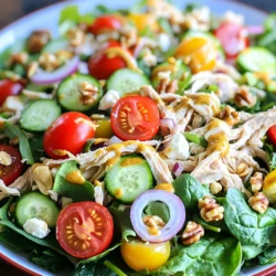For this tasty salad, gather these key ingredients: - 2 cups cooked chicken breast, shredded - 4 cups mixed greens (spinach, arugula, and romaine) - 1/2 cup cherry tomatoes, halved - 1/4 cup red onion, thinly sliced - 1/2 cucumber, diced - 1/4 cup walnuts, roughly chopped - 1/4 cup feta cheese, crumbled These ingredients form the base of your salad. The chicken adds protein, while the greens bring freshness. The cherry tomatoes and cucumber add crunch and color. Walnuts give a nice nutty flavor, and feta adds creaminess. To make the dressing, you will need: - 1/4 cup honey - 2 tablespoons Dijon mustard - 2 tablespoons apple cider vinegar - 1/4 cup olive oil - Salt and pepper to taste This dressing is simple yet full of flavor. Honey gives it sweetness. Dijon mustard adds a nice tang. The apple cider vinegar provides acidity, while olive oil makes it smooth. Salt and pepper round it all out. You can add these optional ingredients for extra flavor: - Sliced avocado - Fresh herbs like parsley or basil - Dried cranberries or raisins - Grilled corn These extras can change the salad's taste and texture. Avocado adds creaminess. Fresh herbs enhance flavor. Dried fruits give sweetness, while corn adds a touch of sweetness and crunch. Feel free to mix and match based on what you like! For the full recipe, check out the section above. To make the dressing, start by gathering your ingredients. You need honey, Dijon mustard, apple cider vinegar, olive oil, salt, and pepper. In a small bowl, whisk together these items. Mix until the honey and mustard blend well with the oil and vinegar. Taste it and adjust the salt and pepper as needed. This tangy dressing adds a lovely flavor to your salad. Now, it's time to build your salad. In a large bowl, add the shredded chicken. Next, toss in the mixed greens, cherry tomatoes, red onion, cucumber, and walnuts. Mix these ingredients gently. Once everything is combined, drizzle your honey mustard dressing over the salad. Toss again until every piece is coated in that sweet and tangy goodness. Finally, sprinkle the crumbled feta cheese on top for a nice finish. Serve your honey mustard chicken salad right away for the best taste. If you want the flavors to blend more, refrigerate it for about 30 minutes. This makes for a fresh and flavorful meal. Pair it with crusty bread or a side of fruit to complete your dining experience. Enjoy this delicious salad as a light lunch or a satisfying dinner. For the full recipe, check out the recipe section above. To make a great honey mustard dressing, use fresh ingredients. Start with high-quality honey. It adds a rich sweetness. Use Dijon mustard for a nice kick. Combine these with apple cider vinegar for zest. Olive oil gives it a smooth texture. Whisk well until it’s creamy. Taste, then add salt and pepper as needed. This dressing makes the salad shine. For easy shredding, use warm chicken. It pulls apart more easily. You can use two forks or your hands. Just hold one piece steady while you pull. If you want, try a stand mixer with the paddle attachment. It shreds chicken quickly. Aim for bite-sized pieces to mix well in the salad. For a tasty base, mix different greens. Spinach adds softness and nutrients. Arugula brings a peppery punch. Romaine offers a nice crunch. You can mix and match. Try to avoid bitter greens, as they can overpower the dish. Fresh greens enhance the flavors of the honey mustard chicken salad. Each bite should feel fresh and vibrant. For the full recipe, check out the Honey Mustard Chicken Salad. {{image_2}} Fruits can bring a bright twist to your salad. Consider adding sliced apples or pears. They add sweetness and crunch. You can also try berries like strawberries or blueberries. Their tartness pairs well with the honey mustard dressing. Diced mango can add a tropical flair too. Just remember to keep the flavors balanced. Use fruits that you enjoy for a personal touch. If you want to switch up the protein, you have choices. Grilled shrimp or salmon can be a tasty option. They add a nice smoky flavor. If you prefer plant-based protein, try chickpeas or lentils. Both are filling and nutritious. You could also use tofu for a creamy texture. Choose the protein that fits your diet and taste. To make this salad vegetarian, skip the chicken. You can add more beans or nuts instead. For a vegan version, replace the honey with maple syrup. Use vegan feta or skip cheese entirely. You can also enhance the greens with avocado for creaminess. These swaps keep the salad fresh and healthy while fitting your lifestyle. For the complete recipe, check out the Full Recipe section. To keep your Honey Mustard Chicken Salad fresh, store it in an airtight container. This helps keep out air and moisture. If you have dressing left, store it separately. This will prevent the greens from wilting. Use glass or plastic containers that seal well. When stored properly, your salad lasts about 3 to 4 days in the fridge. After that, the quality drops. If you see any changes in color or smell, it's time to toss it. Always trust your senses when it comes to food safety. Reheat the chicken gently if you want it warm. Use a microwave or skillet on low heat. Avoid reheating the salad with greens and dressing together, as this can ruin the taste and texture. Feel free to add fresh greens after reheating the chicken for a nice balance. Enjoy your Honey Mustard Chicken Salad fresh every time! For the full recipe, check out the details provided earlier. Yes, you can use store-bought honey mustard. It saves time and still tastes great. Just remember that store-bought versions may be sweeter. You might need to adjust the amount in your dressing. If you like a stronger flavor, you can add a bit more Dijon mustard. Honey Mustard Chicken Salad is a healthy option. It has lean chicken, fresh greens, and colorful veggies. These ingredients provide protein, vitamins, and fiber. The dressing uses honey and olive oil, which are healthier choices. Just be mindful of the portion size, as the nuts and cheese add extra calories. Yes, you can make this salad in advance. However, I suggest adding the dressing just before serving. If you mix it all together too soon, the greens can become soggy. You can keep the chicken, veggies, and dressing in separate containers. This way, everything stays fresh until you are ready to eat. For the full recipe, check out the details shared above. Honey mustard chicken salad combines simple ingredients for a delightful meal. We covered the main ingredients, dressing options, and how to customize based on your taste. You learned step-by-step instructions for making the salad and perfecting the dressing. The tips and tricks offer ways to enhance flavor and make prep easier. Final thoughts: This salad is flexible, tasty, and quick to prepare. Enjoy making it your own!