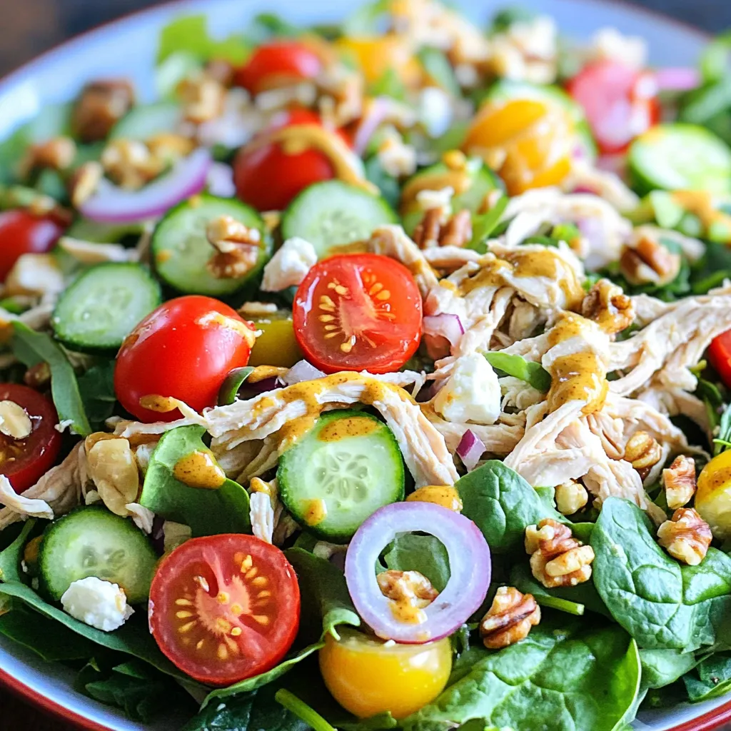 For this tasty salad, gather these key ingredients: - 2 cups cooked chicken breast, shredded - 4 cups mixed greens (spinach, arugula, and romaine) - 1/2 cup cherry tomatoes, halved - 1/4 cup red onion, thinly sliced - 1/2 cucumber, diced - 1/4 cup walnuts, roughly chopped - 1/4 cup feta cheese, crumbled These ingredients form the base of your salad. The chicken adds protein, while the greens bring freshness. The cherry tomatoes and cucumber add crunch and color. Walnuts give a nice nutty flavor, and feta adds creaminess. To make the dressing, you will need: - 1/4 cup honey - 2 tablespoons Dijon mustard - 2 tablespoons apple cider vinegar - 1/4 cup olive oil - Salt and pepper to taste This dressing is simple yet full of flavor. Honey gives it sweetness. Dijon mustard adds a nice tang. The apple cider vinegar provides acidity, while olive oil makes it smooth. Salt and pepper round it all out. You can add these optional ingredients for extra flavor: - Sliced avocado - Fresh herbs like parsley or basil - Dried cranberries or raisins - Grilled corn These extras can change the salad's taste and texture. Avocado adds creaminess. Fresh herbs enhance flavor. Dried fruits give sweetness, while corn adds a touch of sweetness and crunch. Feel free to mix and match based on what you like! For the full recipe, check out the section above. To make the dressing, start by gathering your ingredients. You need honey, Dijon mustard, apple cider vinegar, olive oil, salt, and pepper. In a small bowl, whisk together these items. Mix until the honey and mustard blend well with the oil and vinegar. Taste it and adjust the salt and pepper as needed. This tangy dressing adds a lovely flavor to your salad. Now, it's time to build your salad. In a large bowl, add the shredded chicken. Next, toss in the mixed greens, cherry tomatoes, red onion, cucumber, and walnuts. Mix these ingredients gently. Once everything is combined, drizzle your honey mustard dressing over the salad. Toss again until every piece is coated in that sweet and tangy goodness. Finally, sprinkle the crumbled feta cheese on top for a nice finish. Serve your honey mustard chicken salad right away for the best taste. If you want the flavors to blend more, refrigerate it for about 30 minutes. This makes for a fresh and flavorful meal. Pair it with crusty bread or a side of fruit to complete your dining experience. Enjoy this delicious salad as a light lunch or a satisfying dinner. For the full recipe, check out the recipe section above. To make a great honey mustard dressing, use fresh ingredients. Start with high-quality honey. It adds a rich sweetness. Use Dijon mustard for a nice kick. Combine these with apple cider vinegar for zest. Olive oil gives it a smooth texture. Whisk well until it’s creamy. Taste, then add salt and pepper as needed. This dressing makes the salad shine. For easy shredding, use warm chicken. It pulls apart more easily. You can use two forks or your hands. Just hold one piece steady while you pull. If you want, try a stand mixer with the paddle attachment. It shreds chicken quickly. Aim for bite-sized pieces to mix well in the salad. For a tasty base, mix different greens. Spinach adds softness and nutrients. Arugula brings a peppery punch. Romaine offers a nice crunch. You can mix and match. Try to avoid bitter greens, as they can overpower the dish. Fresh greens enhance the flavors of the honey mustard chicken salad. Each bite should feel fresh and vibrant. For the full recipe, check out the Honey Mustard Chicken Salad. {{image_2}} Fruits can bring a bright twist to your salad. Consider adding sliced apples or pears. They add sweetness and crunch. You can also try berries like strawberries or blueberries. Their tartness pairs well with the honey mustard dressing. Diced mango can add a tropical flair too. Just remember to keep the flavors balanced. Use fruits that you enjoy for a personal touch. If you want to switch up the protein, you have choices. Grilled shrimp or salmon can be a tasty option. They add a nice smoky flavor. If you prefer plant-based protein, try chickpeas or lentils. Both are filling and nutritious. You could also use tofu for a creamy texture. Choose the protein that fits your diet and taste. To make this salad vegetarian, skip the chicken. You can add more beans or nuts instead. For a vegan version, replace the honey with maple syrup. Use vegan feta or skip cheese entirely. You can also enhance the greens with avocado for creaminess. These swaps keep the salad fresh and healthy while fitting your lifestyle. For the complete recipe, check out the Full Recipe section. To keep your Honey Mustard Chicken Salad fresh, store it in an airtight container. This helps keep out air and moisture. If you have dressing left, store it separately. This will prevent the greens from wilting. Use glass or plastic containers that seal well. When stored properly, your salad lasts about 3 to 4 days in the fridge. After that, the quality drops. If you see any changes in color or smell, it's time to toss it. Always trust your senses when it comes to food safety. Reheat the chicken gently if you want it warm. Use a microwave or skillet on low heat. Avoid reheating the salad with greens and dressing together, as this can ruin the taste and texture. Feel free to add fresh greens after reheating the chicken for a nice balance. Enjoy your Honey Mustard Chicken Salad fresh every time! For the full recipe, check out the details provided earlier. Yes, you can use store-bought honey mustard. It saves time and still tastes great. Just remember that store-bought versions may be sweeter. You might need to adjust the amount in your dressing. If you like a stronger flavor, you can add a bit more Dijon mustard. Honey Mustard Chicken Salad is a healthy option. It has lean chicken, fresh greens, and colorful veggies. These ingredients provide protein, vitamins, and fiber. The dressing uses honey and olive oil, which are healthier choices. Just be mindful of the portion size, as the nuts and cheese add extra calories. Yes, you can make this salad in advance. However, I suggest adding the dressing just before serving. If you mix it all together too soon, the greens can become soggy. You can keep the chicken, veggies, and dressing in separate containers. This way, everything stays fresh until you are ready to eat. For the full recipe, check out the details shared above. Honey mustard chicken salad combines simple ingredients for a delightful meal. We covered the main ingredients, dressing options, and how to customize based on your taste. You learned step-by-step instructions for making the salad and perfecting the dressing. The tips and tricks offer ways to enhance flavor and make prep easier. Final thoughts: This salad is flexible, tasty, and quick to prepare. Enjoy making it your own!
