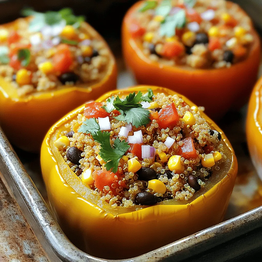 For this recipe, you need the following ingredients: - 4 large bell peppers (any color) - 1 cup quinoa, rinsed - 2 cups vegetable broth - 1 can black beans, drained and rinsed - 1 cup corn (fresh, frozen, or canned) - 1 cup diced tomatoes (canned or fresh) - 1 small red onion, finely chopped - 2 cloves garlic, minced - 1 teaspoon cumin - 1 teaspoon smoked paprika - Salt and pepper to taste - 2 tablespoons olive oil - Fresh cilantro or parsley for garnish Choosing fresh produce is key to a great dish. Fresh bell peppers add color and crunch. The quinoa is a great source of protein and fiber. Black beans boost protein and offer a rich texture. Corn brings sweetness, while tomatoes add juiciness. Red onion and garlic give a savory base. Cumin and smoked paprika add warmth and depth. Olive oil helps with cooking and adds healthy fats. Garnishing with cilantro or parsley brings a fresh finish. You can enhance your stuffed bell peppers with various spices and herbs. Try adding chili powder for heat or oregano for earthiness. For unique fillings, consider using grains like brown rice or farro. You can also add lentils for more protein. Vegan cheese can be a creamy addition. It melts nicely and adds a cheesy flavor. Nutritional yeast is a great alternative for a cheesy taste without dairy. Using these options will make your dish even more exciting and flavorful! To prepare bell peppers, start by washing them well. Then, cut off the tops and scoop out the seeds and membranes. You want to make room for the tasty filling. Place the cleaned peppers upright in a baking dish. This keeps them stable while cooking. Set your oven to 375°F (190°C). This temperature helps the peppers cook evenly. A glass or ceramic baking dish works best for this recipe. It holds heat well and cooks the peppers gently. 1. In a medium saucepan, heat olive oil over medium heat. 2. Add the chopped red onion and minced garlic. Sauté them for about 3-4 minutes. You want the onion to look clear, not brown. 3. Next, add the rinsed quinoa and vegetable broth to the pan. Bring it to a boil. 4. Lower the heat and cover the pan. Cook for 15 minutes until the quinoa is fluffy. 5. In a large bowl, mix the cooked quinoa with black beans, corn, diced tomatoes, cumin, smoked paprika, salt, and pepper. Stir it well so all flavors blend. 6. Stuff each bell pepper with this mixture. Press gently to pack it in. 7. Cover the baking dish with aluminum foil. Bake for 30 minutes. 8. After 30 minutes, remove the foil. Bake for another 10-15 minutes until the peppers are soft. 9. When done, take them out of the oven and let them cool for a few minutes. For a nice presentation, garnish your stuffed peppers with chopped fresh cilantro or parsley. This adds color and freshness. For serving sizes, one stuffed pepper makes a good meal. You can serve them with a side salad or some rice. Enjoy your delicious vegan stuffed bell peppers! For the full recipe, check out [Full Recipe]. To make your vegan stuffed bell peppers tender, cook them longer. Bake at 375°F (190°C) for 30 minutes covered, then 10-15 minutes uncovered. This helps soften the peppers while keeping the filling warm. Common mistakes include overstuffing the peppers. If you pack them too tight, they may burst. Instead, fill them gently. Make sure to leave some space at the top for the filling to expand as it cooks. When choosing bell peppers, look for ones that are firm and shiny. Avoid any with soft spots or wrinkles. The color matters too! Red, yellow, and orange peppers are sweeter, while green peppers have a more bitter taste. Bell peppers are usually in season from late summer to early fall. This is when they taste their best and are the most affordable. To add crunch to your filling, consider mixing in some chopped nuts or seeds. Walnuts, sunflower seeds, or even some crispy chickpeas can give your dish that extra bite. Pair your stuffed peppers with a tasty sauce or dip. A simple avocado crema or a zesty salsa can enhance the dish's flavor. These additions not only make the meal more exciting but also add a fresh touch. For the full recipe, check out Vegan Fiesta Stuffed Bell Peppers. {{image_2}} You can make vegan stuffed bell peppers in many fun ways. Here are some tasty ideas: - Mediterranean Style: Use couscous, chickpeas, and spinach. Add olives and feta-style vegan cheese for a salty kick. - Italian Twist: Mix cooked rice with marinara sauce, diced zucchini, and mushrooms. Add Italian herbs for extra flavor. - Mexican Fiesta: Combine black beans, corn, and brown rice with taco seasoning. Top with avocado for creaminess. You can also use leftovers. Got some rice or beans? Toss them in! Use whatever you have in the fridge. You have different ways to cook these stuffed peppers. - Air Frying: This method cooks them fast. The peppers get crispy on the outside. Set your air fryer to 375°F for about 20 minutes. - Baking: This is the classic way. Preheat your oven to 375°F. Bake for about 40 minutes. You want the peppers to be tender. - Slow Cooker: Place your stuffed peppers in the slow cooker with a bit of water. Cook on low for 4 to 6 hours. They come out very soft. - Instant Pot: Add a cup of water to the pot. Place the peppers on the trivet. Cook on high pressure for 8 minutes. You can easily adapt this recipe for different diets. - Gluten-Free: Use quinoa or rice as your base. They are naturally gluten-free. Check labels for any added ingredients. - Low-Carb Alternatives: Use cauliflower rice instead of quinoa for fewer carbs. You still get great flavor and texture. These options keep the dish tasty and fit for everyone! For the full recipe, check out the Vegan Fiesta Stuffed Bell Peppers. To keep your vegan stuffed bell peppers fresh, refrigerate them right away. Let them cool to room temperature first. Place them in an airtight container. This method keeps the flavors strong and the texture nice. They should last for about 3 to 5 days in the fridge. When you want to reheat, use the oven. Preheat it to 350°F (175°C). Cover the peppers with foil to avoid drying them out. Bake for about 15 to 20 minutes, or until heated through. This helps keep the peppers tender and tasty. If you want to store the stuffed peppers for longer, freezing is a great option. First, let them cool completely. Wrap each pepper tightly in plastic wrap. Then, place them in a freezer-safe bag or container. They can stay fresh in the freezer for up to 3 months. When ready to eat, take them out of the freezer. Let them thaw in the fridge overnight. You can also microwave them but be careful; this might change their texture. Preparing vegan stuffed bell peppers in advance is smart. You can make a batch on Sunday for the week. Stuff the peppers, but don’t bake them yet. Store them in the fridge for up to 2 days before cooking. These peppers fit perfectly into weekly meal plans. You can pair them with a salad or grain for a complete meal. This makes it easy to enjoy healthy food all week long. For more details, check out the Full Recipe. To bake vegan stuffed bell peppers, set your oven to 375°F (190°C). Bake them for 30 minutes covered with foil. Remove the foil and bake for another 10 to 15 minutes. This time gives the peppers a nice texture and warmth. Yes, you can prepare these peppers in advance. Stuff the bell peppers and store them in the fridge for up to 24 hours. Just cover them well. When ready, bake them straight from the fridge. This makes meal prep easy and quick. If you need a substitute for quinoa, try brown rice or couscous. To use brown rice, cook it in vegetable broth for added flavor. Couscous cooks quickly, just add boiling water and let it sit for five minutes. Both options work well in this recipe. Yes! Stuffed bell peppers are packed with nutrients. Each pepper is full of vitamins A and C. The beans and quinoa add protein and fiber. This dish supports a balanced diet and can help with digestion. Enjoying them regularly can lead to better health. Absolutely! Other great options include zucchini, eggplant, or tomatoes. You can hollow out these veggies and fill them just like bell peppers. Each vegetable adds its unique taste and texture. Feel free to explore different flavors! Vegan stuffed bell peppers combine colorful produce with tasty fillings. We explored key ingredients, cooking methods, and tips for the best results. Fresh produce enhances flavor and nutrition. Various spices and herbs can take your dish to the next level. You can even use different vegetables for unique twists. In conclusion, these peppers are versatile and full of health benefits. Experiment with fillings and cooking methods. Enjoy creating your own flavorful versions, making mealtime exciting and healthy. Your culinary journey starts here!