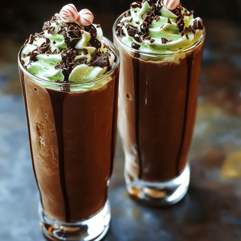 - 2 cups chocolate ice cream - 1 cup milk (dairy or non-dairy) - 1 tablespoon instant coffee granules The base of our Mocha Peppermint Frost Shake starts with chocolate ice cream. It gives a rich, creamy texture. You can choose your milk, too! Dairy milk provides a classic taste, while non-dairy milk like almond or oat gives a nice twist. Instant coffee granules add that lovely mocha flavor. Just a tablespoon packs a punch! - 1 teaspoon peppermint extract - 2 tablespoons chocolate syrup (plus extra for drizzling) To make this shake special, we need peppermint extract. It adds a bold minty taste. The chocolate syrup is a must for extra sweetness. Drizzle some on top for a beautiful finish. - Whipped cream, for topping - Crushed peppermint candies, for garnish - Dark chocolate shavings, for garnish Now comes the fun part—garnishing! Whipped cream makes each shake look fancy. Crushed peppermint candies give a crunch and extra mint flavor. Dark chocolate shavings add a rich touch and make it more appealing. You can find the full recipe [here]. Blending the base ingredients Start by gathering your ingredients. You need chocolate ice cream, milk, instant coffee granules, peppermint extract, and chocolate syrup. Place all these ingredients into a blender. Blend on high speed for about 30 to 45 seconds. You want a smooth and creamy mixture. If it feels too thick, add a little more milk. Blend again until you reach the right consistency. Adjusting the consistency If you want a thicker shake, use less milk. For a thinner shake, add more milk a little at a time. This way, you can control how you like it best. Dividing into glasses Once your shake is ready, it’s time to serve. Take two tall glasses and divide the shake evenly between them. This makes it look nice and fancy! Adding toppings and garnishes Now comes the fun part! Top each shake with a big swirl of whipped cream. Next, drizzle some extra chocolate syrup over the cream. It adds a sweet touch. Finally, sprinkle crushed peppermint candies and dark chocolate shavings on top. This makes the shake look festive and delicious. Best practices for serving Serve your Mocha Peppermint Frost Shake right away. This keeps it cold and fresh. If you let it sit, it may melt and lose its great taste. Ideal drinking utensils (straws vs. spoons) You can serve this shake with a straw or a long spoon. A straw works well if you like to sip it. A spoon is great for scooping up the whipped cream and toppings. Enjoy your creation! For the full recipe, check out the details above. To get the best shake, start with the right thickness. If your shake is too thick, add more milk. This will help you reach a smooth texture. If it's too thin, add a bit more ice cream. You can also use chilled glasses. Cold glasses keep your shake colder longer, making each sip refreshing. Want to kick up the flavor? You can try adding other extracts like vanilla or almond. These can add depth to your shake. For a more intense peppermint flavor, use extra peppermint extract. This small tweak can bring your shake to life. Presentation matters! Serve your shake in tall glasses to show off those layers. You can drizzle extra chocolate syrup on top for a fun look. Add some crushed peppermint candies for color and crunch. Dark chocolate shavings can also make your shake pop. These small details make your shake look as good as it tastes. {{image_2}} You can easily change this shake to fit your diet. For a dairy-free option, use almond, soy, or oat milk instead of regular milk. These choices keep the shake creamy and tasty. You can also swap chocolate ice cream for a dairy-free alternative. This way, everyone can enjoy this treat! If you're looking to lower the sugar, try using unsweetened cocoa powder instead of chocolate syrup. You can also use a sugar substitute, like stevia or erythritol. These swaps keep the flavor while cutting sugar. You can get creative with flavors. Adding a splash of vanilla extract gives a warm touch. For chocolate mint lovers, mix in chocolate mint syrup. Both options add a nice twist to the shake. Switching it up for the seasons can be fun too. During the holidays, add spices like nutmeg or cinnamon for a festive flair. This small change makes the shake perfect for special occasions. Want to make your shake more exciting? You can add crushed cookies or brownie chunks for a fun crunch. Just toss them in the blender for a few seconds to mix them in. Blending with frozen fruit is another great option. Try adding frozen banana or berries for a fruity twist. This not only changes the flavor but also adds a refreshing chill to the shake. For the full recipe, check out the details above. Enjoy experimenting! To keep your Mocha Peppermint Frost Shake fresh, store it in an airtight container. This helps prevent freezer burn. If you have a glass jar, that works great too. The shake will last about 1 to 2 days in the fridge. However, the texture may change as it sits. It might separate or become too thick. If that happens, just stir it well or add a splash of milk. You can freeze the leftover shake for later enjoyment. Pour it into a freezer-safe container, leaving some space at the top. This allows for expansion as it freezes. When you want to enjoy it again, take it out of the freezer and let it sit in the fridge for a few hours to thaw. You can also speed up thawing by running the container under warm water. Just be careful not to overheat it. If you have extra chocolate syrup or garnishes, don’t toss them! Use chocolate syrup on pancakes or waffles for a sweet treat. Crushed peppermint candies can add a festive touch to cookies or brownies. You can even mix some into yogurt for a fun snack. These ideas let you enjoy your ingredients in new ways, making your kitchen adventures even more exciting. A Mocha Peppermint Frost Shake is a rich blend of chocolate and coffee flavors, with a cool peppermint twist. You get a sweet and creamy drink that feels festive. The mix of chocolate ice cream, coffee, and peppermint extract creates a fun holiday vibe. Each sip brings together the warmth of coffee and the chill of mint, making it perfect for any time of year. Yes, you can make this shake ahead of time. Blend all the ingredients and store the shake in the fridge. It stays fresh for a few hours. Just stir it well before serving. If it gets too thick, add a splash of milk to get it smooth again. If you don't have peppermint extract, try using mint syrup or peppermint tea. You can also add crushed mint candies for flavor. Just remember that those options may change the taste a bit, but they still keep the minty theme. This shake can be enjoyed by kids, but keep an eye on the caffeine. Instant coffee does add some caffeine. If you want to make it kid-friendly, use decaf coffee or skip it entirely. The shake still tastes great without the coffee. Absolutely! Use dairy-free chocolate ice cream and non-dairy milk, like almond or coconut milk. Make sure your chocolate syrup is vegan too. These swaps keep all the flavor while making it plant-based. To make the shake less sweet, reduce the amount of chocolate syrup. You can also use unsweetened almond milk instead of regular milk. Taste as you go, so you can find the right balance for your liking. This article covered how to make a Mocha Peppermint Frost Shake. We explored the key ingredients like chocolate ice cream and milk choices. You learned about flavor enhancers and garnishes to elevate your shake. I shared tips for perfecting consistency and presentation. You now have ideas for variations and ways to store any leftovers. Making this shake can be fun and tasty. With simple steps, you can enjoy a delicious treat anytime. Get ready to impress your friends and family with this delicious drink!