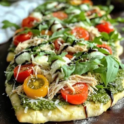 - Flatbreads (store-bought or homemade) - Cooked chicken breast - Basil pesto - Cherry tomatoes - Fresh mozzarella cheese - Grated Parmesan cheese - Fresh arugula - Balsamic glaze - Seasoning (salt and pepper) For this pesto chicken flatbread, you need simple ingredients. Flatbreads serve as the base. You can buy them or make them at home. I often choose store-bought for quick meals. Next, use cooked chicken breast. Shredded chicken works best. You can use leftover chicken or cook it fresh. Basil pesto is key. It adds great flavor. You can buy it or make a batch at home. Cherry tomatoes add sweetness. Halve them for even cooking. Fresh mozzarella cheese melts well. It creates a gooey layer. Grated Parmesan cheese gives a nice salty bite. Fresh arugula adds a peppery crunch. Drizzle balsamic glaze for extra flavor. Don’t forget seasoning! Salt and pepper brighten all the tastes. - Average calories per serving: 450 - Macronutrient breakdown: - Protein: 30g - Carbohydrates: 45g - Fat: 20g This meal is not only tasty but also balanced. Each serving gives you a good amount of protein. The carbs from the flatbread power you up. Healthy fats from the cheese keep you satisfied. 1. Preheat the oven: Start by preheating your oven to 400°F (200°C). This step is key for getting a nice, crispy flatbread. 2. Prepare flatbreads: Place the flatbreads on a baking sheet lined with parchment paper. This helps prevent sticking and makes cleanup easy. 1. Spreading the pesto: Take the basil pesto and spread it evenly over each flatbread. This green layer adds great flavor and moisture. 2. Adding chicken and toppings: Next, distribute the shredded chicken evenly over the pesto. Then, scatter the halved cherry tomatoes on top. Finish by generously sprinkling the shredded mozzarella and grated Parmesan cheese. This combination will create a lovely melt when baked. 1. Temperature and time recommendations: Place the flatbreads in the preheated oven. Bake them for 10-12 minutes. Keep an eye on them! You're looking for melted cheese and golden edges. 2. Tips for achieving perfect cheese melt: To get that perfect cheese melt, make sure to use fresh mozzarella. It melts beautifully and creates a nice stretch. If you want extra browning, switch to broil for the last minute. Just watch carefully to avoid burning! Following these steps will lead you to a tasty Pesto Chicken Flatbread. For the complete recipe, check out the Full Recipe. If you want to switch things up, try different proteins. Ground turkey or shredded tofu works well. Both add great taste without losing texture. For cheese, use dairy-free options like cashew cheese or almond-based mozzarella. This keeps the flatbread tasty and friendly for those who avoid dairy. Making your own flatbread is simple and fun. Mix flour, water, and a pinch of salt. Roll out the dough and cook it on a hot skillet for a few minutes. You can also grill flatbreads for a smoky flavor. This method gives you nice grill marks and a crispy bite. Baking flatbreads in the oven makes them even crispier. To kick up the flavor, add spices like garlic powder or crushed red pepper. Fresh herbs like basil or oregano also work great. You can try different sauces, too. A drizzle of garlic aioli or a squeeze of lemon adds a nice zing. These small changes make a big difference in taste. For the full recipe, you can check the recipe section above. {{image_2}} For a vegetarian twist, you can switch out the chicken. Use grilled vegetables like zucchini, bell peppers, and mushrooms instead. You might also enjoy adding plant-based proteins, such as chickpeas or tofu. These options keep the dish hearty and satisfying without meat. Use the same basil pesto to enhance the flavor. To change up the taste, try different types of pesto. Sun-dried tomato pesto adds a rich, tangy flavor. You can also mix in spicy elements. Adding red pepper flakes gives each bite a little kick. Experimenting with these flavors can make your flatbread even more exciting. Seasonal produce can bring freshness to your flatbread. In spring, use asparagus or peas. In summer, add fresh corn or heirloom tomatoes. In fall, think about roasted butternut squash or apples. Each season offers unique flavors that can elevate your meal. You can keep your flatbread interesting and fresh by adapting to what’s in season. For more detailed instructions on making this dish, refer to the Full Recipe. To keep your pesto chicken flatbread fresh, store it in an airtight container. Wrap each flatbread in plastic wrap for extra protection. This will help keep the bread from drying out. Make sure to refrigerate the leftovers within two hours after cooking. If you need the flatbreads to stay fresh longer, use a vacuum-sealed bag. It reduces air and keeps flavors intact. When reheating flatbreads, the oven is your best friend. Preheat your oven to 350°F (175°C). Place the flatbreads directly on the rack or a baking sheet for 10-15 minutes. This method helps restore the crispiness. Avoid using the microwave, as it can make the bread soggy. If you must use a microwave, cover the flatbread with a damp paper towel. This can help keep some moisture. To freeze assembled flatbreads, prepare them as directed but do not bake. Wrap each flatbread tightly in plastic wrap and then in aluminum foil. This will help prevent freezer burn. You can freeze them for up to three months. When ready to bake, remove the wrapping and let them thaw in the fridge overnight. Then, bake as usual from the thawed state. This method keeps the flavors and textures just right. To make homemade pesto, you need fresh basil, garlic, nuts, olive oil, and cheese. Start by washing and drying the basil leaves. In a food processor, blend 2 cups of basil, 2 cloves of garlic, and 1/4 cup of nuts like pine nuts or walnuts. Add 1/2 cup of olive oil slowly while blending. Mix in 1/2 cup of grated Parmesan cheese. Pulse until smooth. This fresh pesto adds great flavor to the flatbread. Using raw chicken is not safe for this recipe. You must cook the chicken before adding it to the flatbread. Cooked chicken keeps the flatbread safe to eat and ensures even cooking. You can grill, bake, or sauté the chicken until fully cooked. Then shred it for easy topping. Great sides for pesto chicken flatbread include a simple salad or roasted vegetables. A fresh arugula salad pairs well. It adds crunch and freshness. You can also serve it with sweet potato fries or a light soup. These sides keep the meal balanced and tasty. To find restaurants with pesto chicken flatbread, search local eateries online. Use apps like Yelp or Google Maps. Look for places with Italian or Mediterranean menus. Many pizzerias and casual dining spots offer it. Reading reviews can help you find the best options near you. To customize for dietary restrictions, swap ingredients as needed. For a gluten-free option, use gluten-free flatbreads. If you're dairy-free, try plant-based cheese. For a vegan meal, replace chicken with grilled vegetables or chickpeas. Always check labels to ensure all ingredients fit your dietary needs. This blog post gave you an easy guide to making pesto chicken flatbreads. You saw the ingredients, steps, tips, and variations. You can use different proteins, cheeses, and toppings to fit your taste. Storage tips help keep your leftovers fresh, too. Pesto chicken flatbreads are fun and simple to make. Enjoy creating and sharing your delicious version! You now have all you need to impress friends and family with this tasty dish.