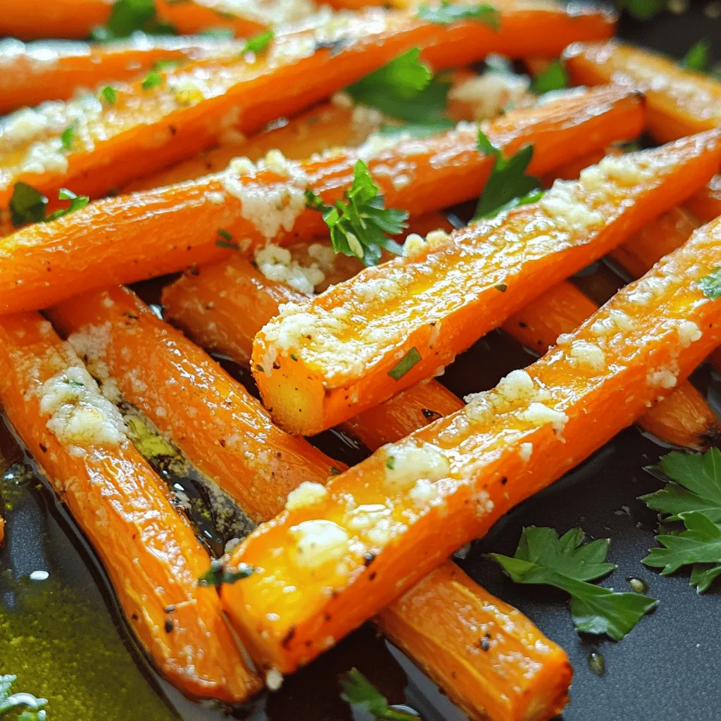 - Fresh carrots - Olive oil - Garlic - Parmesan cheese - Thyme and garlic powder - Salt and pepper - Fresh parsley for garnish For Garlic Parmesan Roasted Carrots, start with fresh carrots. Look for ones that are firm and bright. You will need about one pound, peeled and cut into sticks. Olive oil adds richness and helps the carrots roast well. Use three tablespoons to coat them nicely. Garlic is crucial for flavor. I like using four cloves, minced finely. Parmesan cheese brings a salty, nutty taste. You will need a quarter cup, grated. Dried thyme and garlic powder enhance the taste too. Use one teaspoon of each. Don't forget salt and pepper for seasoning. Add them to your liking. Finally, chop some fresh parsley for a pop of color on top. This adds freshness to the dish. For the full recipe, check the detailed instructions. - First, preheat your oven to 425°F (220°C). This makes sure the carrots roast well. - Next, prepare the carrots. Peel them and cut them into sticks. Aim for even sizes for even cooking. - In a large mixing bowl, combine the carrots with olive oil, minced garlic, dried thyme, garlic powder, salt, and pepper. Toss until the carrots are coated well. - Spread the carrot mixture on a baking sheet in a single layer. Make sure not to crowd the carrots. This helps them roast evenly. - Roast the carrots for about 20-25 minutes. They should be tender and slightly caramelized. Stir them halfway through cooking for even roasting. - Once the carrots are done, take them out of the oven. Immediately sprinkle grated Parmesan cheese over the top. The heat will help it melt. - Gently toss the carrots to mix in the cheese. Finally, garnish with freshly chopped parsley before serving. For the complete recipe, check the [Full Recipe]. When roasting carrots, don’t overcrowd the baking sheet. If you pile them up, they will steam instead of roast. This keeps them from getting that nice, crispy edge. Spread them out evenly for the best results. To achieve great caramelization, use high heat. Roasting at 425°F (220°C) helps to brown the carrots well. Stir them halfway through cooking to ensure even roasting. You can add more seasonings to boost flavor. Consider mixing in some cumin or paprika for a spicy kick. Fresh herbs like rosemary or oregano can also add depth. If you want to skip Parmesan cheese, try nutritional yeast for a similar taste. It’s a great option for those who want a dairy-free version. Garlic Parmesan roasted carrots pair well with many main dishes. They go great with roasted chicken or grilled fish. For a vegetarian meal, serve them alongside quinoa or a hearty salad. To make the dish pop, arrange the carrots in a colorful bowl. Garnish with fresh parsley for a beautiful finish. You can find the Full Recipe above for more details on making this delightful dish! {{image_2}} You can make Garlic Parmesan Roasted Carrots even better by adding other veggies. Try mixing in sweet potatoes for a sweet twist. Beets add a lovely color and earthiness. You can even include bell peppers for a crunchy bite. Different cheese options can change the flavor too. Feta cheese gives a tangy taste. Cheddar cheese can add a sharp kick. You can also use nutritional yeast for a dairy-free option. The air fryer method is a quick and fun way to cook carrots. It gives them a crispy texture without much oil. Set your air fryer to 400°F. Cook for about 15-20 minutes, shaking the basket halfway through. Grilling carrots adds a smoky flavor. Brush them with olive oil and season well. Grill over medium heat for about 10-15 minutes. Turn them often for even cooking. You can create sweet or savory variations with your carrots. To make them sweet, add honey or maple syrup. A sprinkle of cinnamon can enhance their natural sweetness. For a spicy kick, try adding crushed red pepper flakes. A dash of cayenne pepper will also do the trick. These flavors will give your dish a fun twist. You can find the Full Recipe for Garlic Parmesan Roasted Carrots to try these variations. To keep your Garlic Parmesan Roasted Carrots fresh, place them in an airtight container. This helps prevent moisture loss and keeps them tasty. Store them in the fridge for up to three days. If you want to keep them longer, you can freeze them. For freezing, cool the carrots completely first. Then, pack them in freezer-safe bags, removing as much air as possible. They can last up to three months in the freezer. Reheating your carrots can be simple. You can use a microwave, oven, or stovetop. For the microwave, place the carrots in a bowl and cover them with a damp paper towel. Heat on medium for about one to two minutes. For the oven, preheat to 350°F (175°C) and bake for about 10 minutes. This helps keep the carrots crisp. If you use the stovetop, warm them in a pan over medium heat, stirring often until heated through. Avoid using high heat to keep the texture. Garlic Parmesan Roasted Carrots stay fresh in the fridge for three days. After that, they may lose their flavor and texture. Signs of spoilage include a slimy feel or a strong odor. If you notice these signs, it’s best to discard them. Always check before you eat leftovers to ensure they are safe. To pick fresh carrots, look for bright color and smooth skin. Avoid any that feel soft or have dark spots. Fresh carrots also have greens on top. These should be crisp and green. Organic carrots are grown without chemical fertilizers or pesticides. Conventional carrots can be just as good, but they may have some residues. Choose what fits your needs best. Yes! You can make Garlic Parmesan Roasted Carrots vegan. Use nutritional yeast instead of Parmesan cheese for a cheesy flavor. You can also replace olive oil with vegan butter. This keeps the taste rich while making it plant-based. Just mix these changes into the recipe as usual. Garlic Parmesan Roasted Carrots are tasty and healthy. One serving has about 150 calories. They provide vitamins A and C, which are good for your eyes and skin. The carrots also have fiber, helping with digestion. This dish is a great way to enjoy veggies while getting key nutrients. For the full recipe, check the main section. Roasting fresh carrots with garlic and Parmesan is simple and delicious. We explored the right ingredients, prep steps, and roasting methods. I shared tips for flavor and how to store leftovers. You can even try new variations. In the end, these carrots make a great side dish. Serve them with your favorite meals. Enjoy cooking and experimenting with flavors. Your family will love these tasty bites!