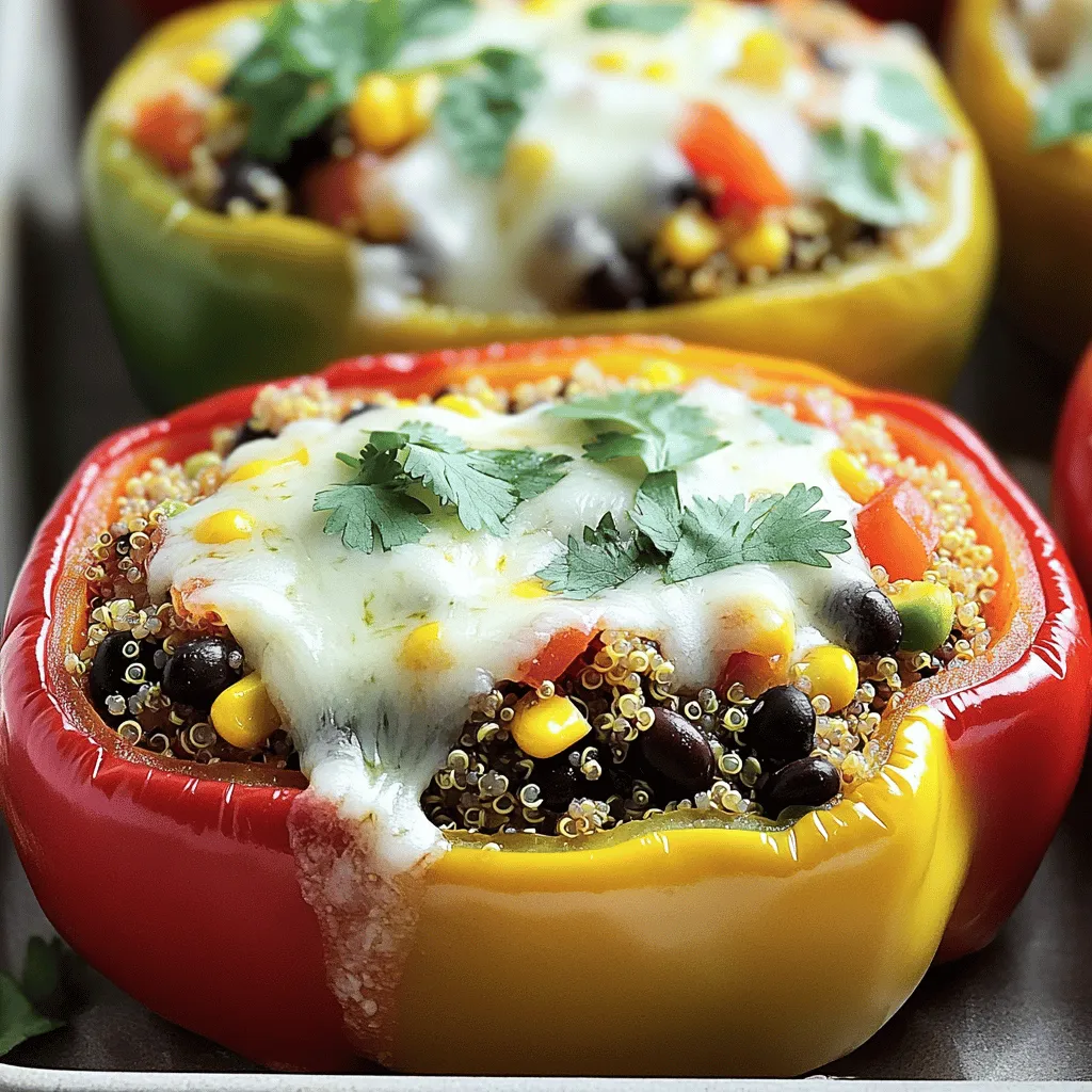 - 4 large bell peppers (red, yellow, or green) - 1 cup quinoa, rinsed and drained - 2 cups vegetable broth - 1 can (15 oz) black beans, rinsed and drained - 1 cup corn kernels (fresh or frozen) - 1 medium onion, chopped - 2 cloves garlic, minced - 1 teaspoon cumin - 1 teaspoon chili powder - 1 tablespoon olive oil - 1 cup diced tomatoes (canned or fresh) - Salt and pepper to taste - 1 cup shredded cheese (optional) - Fresh cilantro, chopped (for garnish) These ingredients work together to create a tasty and healthy meal. Each serving of these stuffed peppers is packed with protein, fiber, and vitamins. Quinoa is a complete protein, making it great for vegetarians. Black beans add even more protein and fiber. Bell peppers are full of vitamins A and C, which are good for your health. - Bell peppers: Low in calories, high in vitamins. - Quinoa: Gluten-free, rich in protein and fiber. - Black beans: Good source of protein, keeps you full. - Corn: Adds sweetness and fiber. - Onion and garlic: Boost flavor and offer health benefits. - Cilantro: Adds freshness and is rich in antioxidants. These ingredients not only taste great, but they also contribute to a balanced meal. If you want to make a hearty dish, this combination will not disappoint. For the full recipe, refer to the instructions above. 1. Preheat your oven to 375°F (190°C). This helps cook the peppers evenly. 2. Rinse and drain the quinoa. Use 1 cup of quinoa. It adds great texture and protein. 3. Bring 2 cups of vegetable broth to a boil in a saucepan. This broth adds flavor. 4. Add the rinsed quinoa to the boiling broth. Cover the pan, lower the heat, and simmer for 15 minutes. The quinoa will be fluffy when done. 5. Chop 1 medium onion and mince 2 cloves of garlic. These add a wonderful aroma and taste. 1. Heat 1 tablespoon of olive oil in a large skillet over medium heat. This will prevent sticking. 2. Sauté the onion and garlic until the onion is clear, about 5 minutes. Stir often to avoid burning. 3. Add 1 teaspoon of cumin and 1 teaspoon of chili powder to the skillet. This will create a warm, spicy flavor. 4. Stir in 1 cup of diced tomatoes. Cook for another 2-3 minutes until the tomatoes soften. This mixture is the base of our filling. 5. In a large bowl, combine the cooked quinoa, 1 can of black beans, and 1 cup of corn. Then add the onion-tomato mix. Season with salt and pepper to taste. 1. Cut the tops off 4 large bell peppers and remove the seeds. Choose red, yellow, or green for color. 2. Arrange the peppers upright in a baking dish. They should stand straight for even cooking. 3. Stuff each pepper with the quinoa mixture. Press down gently to pack it in well. 4. If you like cheese, sprinkle it on top. It adds a nice golden layer. 5. Pour about 1/4 cup of vegetable broth into the bottom of the baking dish. This keeps the peppers moist. 6. Cover the dish with aluminum foil. Bake for 25-30 minutes, then remove the foil. 7. Bake for an additional 10-15 minutes. The peppers should be tender and the tops golden. 8. Let them cool for a few minutes. Garnish with fresh cilantro before serving. Enjoy your flavorful stuffed peppers! For the complete recipe, check the [Full Recipe]. When stuffing peppers, start with fresh, firm peppers. Choose large bell peppers, as they hold more filling. Cut off the tops and remove the seeds carefully. You want enough space to pack in the filling. A spoon or your hands works best for stuffing. Press the mixture down gently to avoid gaps. This helps keep everything together while cooking. A few tools can make your cooking easier. Use a sharp knife for cutting the peppers. A sturdy cutting board helps keep your workspace neat. A large skillet is great for cooking the filling. A measuring cup ensures you use the right amounts. Finally, a baking dish holds the stuffed peppers well. Cover it with aluminum foil to keep the moisture in while baking. To boost flavor, try adding herbs and spices. Fresh cilantro brings a bright taste. You can also use lime juice for a zesty kick. If you like heat, diced jalapeños can spice things up. For a richer taste, add smoked paprika or a dash of hot sauce. Mixing in some nuts or seeds gives a nice crunch. These easy tweaks make your stuffed peppers more exciting. For the full recipe, check out the complete guide. {{image_2}} You can easily swap ingredients in this dish. If you don’t have quinoa, try rice or couscous. Use lentils for a protein boost instead of black beans. You can also replace bell peppers with zucchini or eggplant for a different shape. For a gluten-free option, ensure your broth and any sauces are certified gluten-free. The filling offers endless possibilities. You could add chopped spinach or kale for extra greens. For a Mediterranean twist, use feta cheese and olives. If you want a more Italian flavor, add Italian herbs and marinara sauce. You can even mix in nuts or seeds for crunch. The goal is to balance flavors and textures. Adjust the spice level to fit your taste. For mild peppers, skip the chili powder. Add fresh jalapeños for heat if you like it spicy. You could also mix in hot sauce or red pepper flakes. Remember, you can always add more spice later, but it’s hard to take it out once added! After enjoying your tasty stuffed peppers, store any leftovers in the fridge. Place them in an airtight container. They stay fresh for about three to five days. To keep them from drying out, cover them with plastic wrap before sealing the container. This method keeps flavors strong and the texture nice. To reheat your stuffed peppers, use the oven for best results. Preheat your oven to 350°F (175°C). Place your stuffed peppers in a baking dish. Add a splash of vegetable broth to maintain moisture. Cover them with foil and heat for about 15 to 20 minutes. If you want crispy tops, remove the foil for the last five minutes. You can also reheat them in the microwave. Heat on high for about two minutes, checking every 30 seconds. This method works well but may change the texture. If you have extra peppers, freezing is a great option. First, let them cool completely. Then, wrap each pepper tightly in plastic wrap. Place them in a freezer-safe bag or container. They can last up to three months in the freezer. When you’re ready to enjoy them, thaw in the fridge overnight. Bake them at 350°F (175°C) until heated through. This method keeps the flavors intact and makes for an easy meal later. For the full recipe, check out the details above. Yes, you can make stuffed peppers ahead of time. You can prepare the filling and stuff the peppers. Then, cover and store them in the fridge for up to 24 hours. This saves time on busy days. When you're ready to bake, just pop them in the oven. If baking from cold, add a few extra minutes to the cooking time. You can tell the peppers are done when they are soft and slightly wrinkled. They should be tender but not mushy. The filling should be hot and the cheese, if used, should be melted and a bit golden. Check by gently piercing a pepper with a fork. If it goes in easily, they are ready to eat. Absolutely! You can use kidney beans, pinto beans, or even chickpeas in your stuffed peppers. Each type adds a different flavor and texture. Just make sure to rinse and drain canned beans before using them. This keeps the dish fresh and tasty. Feel free to experiment for your favorite mix! For a complete recipe on preparing these delicious stuffed peppers, check out the Full Recipe. Stuffed peppers are a simple and tasty dish. We covered the key ingredients, like quinoa and black beans, and their health benefits. You learned step-by-step how to prepare, cook, and bake them perfectly. I also shared tips for flavor and storage options. In the end, stuffed peppers are fun to make and easy to customize. Try different fillings or spice levels to suit your taste. Enjoy experimenting in the kitchen!