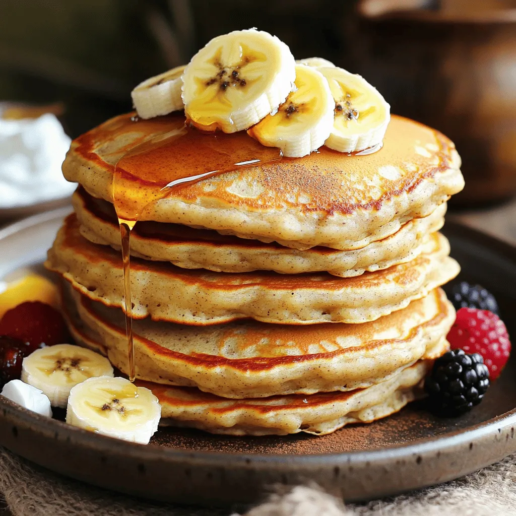 - 1 cup rolled oats - 1 ripe banana, mashed - 1 cup almond milk (or any milk of your choice) - 1 tablespoon baking powder - 1/2 teaspoon cinnamon - 1/4 teaspoon salt - 1 tablespoon honey or maple syrup (optional) - 1 teaspoon vanilla extract - Coconut oil or non-stick spray for cooking When I make Healthy Banana Oat Pancakes, I love using simple and fresh ingredients. Rolled oats add fiber and keep you full. A ripe banana gives natural sweetness and flavor. Almond milk works well, but you can use any milk you prefer. Baking powder makes the pancakes fluffy. Cinnamon adds a warm spice note. Salt helps balance all the flavors. I often add honey or maple syrup for extra sweetness, but that’s optional. Vanilla extract enhances the taste and aroma. Finally, use coconut oil or non-stick spray to cook the pancakes without sticking. These ingredients come together to create a delicious breakfast. Plus, they are healthy! For the complete recipe, check the Full Recipe section above. - Blend rolled oats into oat flour. - Mix dry ingredients in a bowl. - Combine wet ingredients in a separate bowl. First, grab your blender. Add one cup of rolled oats and blend them until they become a fine flour. This oat flour is the base for your pancakes. Next, take a large mixing bowl. In this bowl, add your oat flour, one tablespoon of baking powder, half a teaspoon of cinnamon, and a quarter teaspoon of salt. Mix these dry ingredients well to spread out the flavors. Now, for the wet ingredients. In another bowl, mash one ripe banana until it’s smooth. Then, add one cup of almond milk, one tablespoon of honey or maple syrup (if you want it sweeter), and one teaspoon of vanilla extract. Mix until it’s all smooth and well combined. Carefully add the wet mixture to the dry mixture. Stir gently until just combined. It’s okay if there are a few lumps; don’t overmix! - Heat skillet and grease lightly. - Pour batter and monitor cooking process. - Flip pancakes and adjust heat as necessary. Now, heat a non-stick skillet on medium heat. Lightly grease it with coconut oil or non-stick spray. Pour about a quarter cup of batter for each pancake. Watch closely as bubbles form on the surface. This takes about 2-3 minutes. When you see bubbles, it’s time to flip! Cook the other side for 1-2 minutes or until golden brown. If the pancakes are browning too fast, lower the heat a bit. Repeat this until all the batter is cooked. - Presentation tips for plating. - Toppings and accompaniments. For serving, stack your pancakes high on a plate. Drizzle some honey or maple syrup on top. Add fresh banana slices and a sprinkle of cinnamon for a lovely look. For extra flair, serve with a side of Greek yogurt or a handful of berries. This not only adds color but also makes for a tasty meal! Check out the Full Recipe for more details. - Avoiding overmixing the batter: When you mix your pancake batter, stop as soon as it comes together. Lumps are okay! Overmixing makes tough pancakes. Trust me, you want them light and fluffy. - Adjusting temperature for the perfect cook: Start with medium heat on your skillet. If pancakes burn, lower the heat a bit. Each stove is different, so find the sweet spot. - Alternative milk options: You can use any milk you like. Almond milk is great, but soy or oat milk works too. Choose what you enjoy or what you have at home. - Sweetener alternatives: If you want less sugar, skip the honey or syrup. Try mashed dates or applesauce instead. Both add natural sweetness without extra sugar. - Nutritional value of bananas and oats: Bananas are full of potassium and fiber. They help keep your heart healthy. Oats provide energy and help with digestion. Together, they make a powerful breakfast. - How these ingredients contribute to a healthier breakfast: This meal is rich in whole grains and fruit. It fuels your day without heavy fats. Eating this helps you feel full and satisfied longer. For more details, check the Full Recipe. {{image_2}} You can easily change the taste of your banana oat pancakes. Try adding chocolate chips for a sweet treat. Nuts like walnuts or pecans add a nice crunch. Want a warm touch? Sprinkle in some nutmeg or ginger for a cozy flavor twist. If you need gluten-free pancakes, use certified gluten-free oats. They work great and keep the pancakes light. For a vegan option, swap almond milk for any plant milk. You can leave out honey and use maple syrup instead. This way, everyone can enjoy these tasty pancakes. Need more pancakes? Just double the recipe. You can also cut it in half for fewer servings. Want to meal prep? Make a big batch and store them. They freeze well and can be reheated. Just pop them in a toaster or microwave for a quick breakfast. Check out the Full Recipe for more details! If you have leftover pancakes, store them in the fridge. Place them in an airtight container. This keeps them fresh for up to three days. For longer storage, consider freezing them. To freeze, stack the pancakes with parchment paper between each one. Then, put them in a freezer-safe bag. They will stay good for about one month. To reheat pancakes, you have a few options. The microwave is quick but may not keep the texture. Heat them in 20-second intervals until warm. For better results, use a skillet. Warm it over medium heat and add the pancakes. Heat each side for about one minute until they are hot. You can also use a toaster oven. This method helps keep them fluffy. In the fridge, pancakes last for about three days. If you freeze them, they are safe for one month. After that, they may lose flavor and texture. Always check for any signs of spoilage before eating. Enjoy your Healthy Banana Oat Pancakes fresh and tasty! For the full recipe, refer back to the top. Yes, you can use quick oats in this recipe. They will create a softer texture. Just be aware that quick oats may cook faster. If you use them, watch the pancakes closely. You can tell the pancakes are done when bubbles form on the surface. The edges should look set, and the bottom should be golden brown. Flip them carefully to cook the other side for an equal time. Yes, you can make pancakes ahead of time. Cook them, let them cool, and store them in the fridge. They can last up to three days. You can also freeze them for longer storage. Just reheat before serving. If you want to skip eggs, you can use applesauce. Use 1/4 cup of applesauce for one egg. You can also try a mashed banana or flaxseed meal mixed with water. Both options work well and keep the pancakes moist. Absolutely! These pancakes are a great choice for kids. They are tasty and healthy. The bananas add natural sweetness, and oats provide fiber. Kids will love the flavor and fun shape of the pancakes. These pancakes use simple, healthy ingredients like oats and bananas. You learned how to prepare and cook them step by step. I shared tips for variations and how to store leftovers. Try these pancakes for a tasty, easy breakfast. They fit many diets and make meal prep simple. Enjoy your delicious, healthy start to the day!